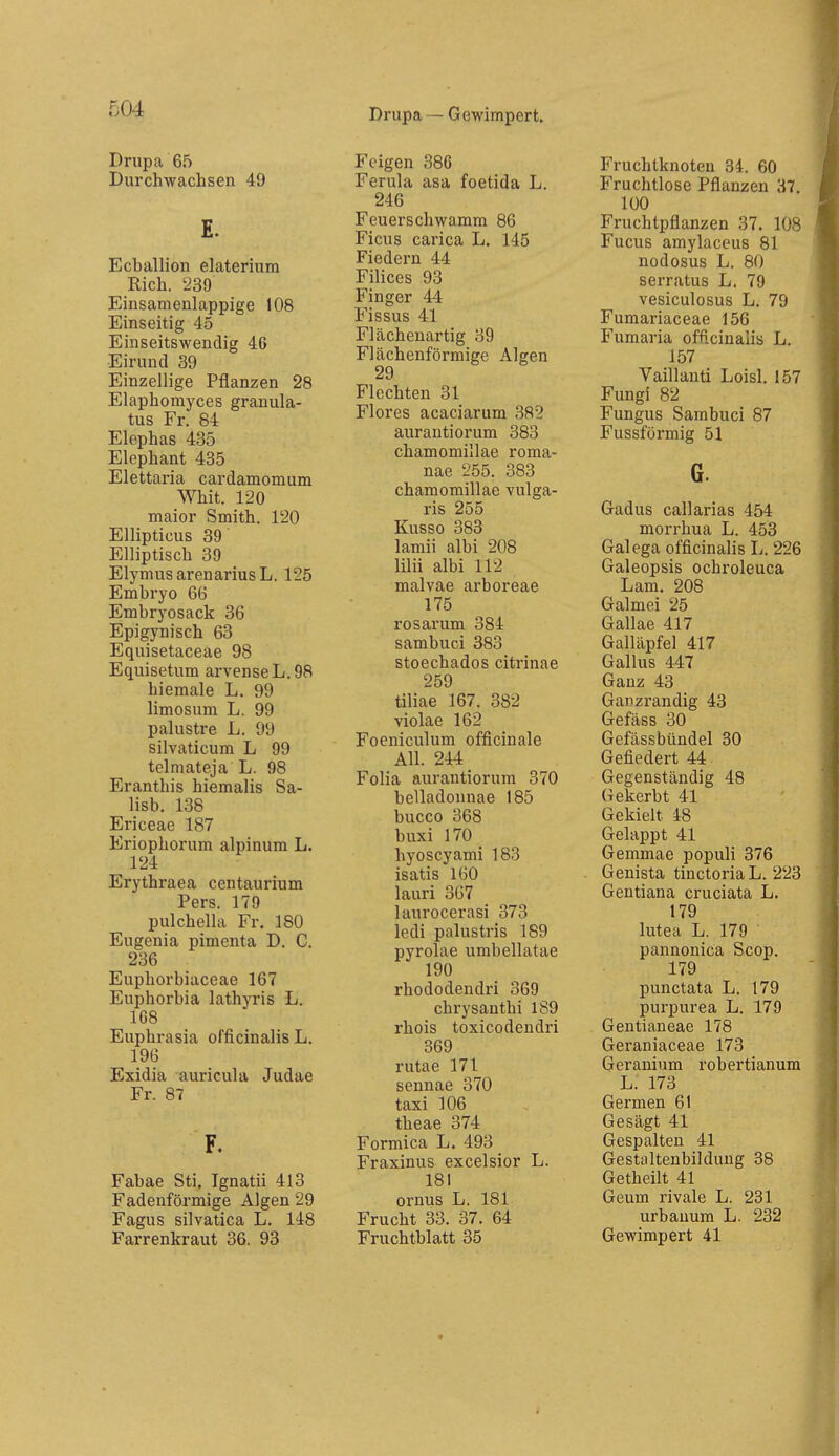 Drupa — Gewimpert. Drupa 65 Durchwachsen 49 E. Ecballion elaterium Rieh. '239 Einsaraeulappige 108 Einseitig 45 Einseitswendig 46 Eirund 39 Einzellige Pflanzen 28 Elaphomyces granula- tus Fr. 84 Elephas 435 Elephant 435 Elettaria cardamomum Whit. 120 maior Smith. 120 Ellipticus 39 Elliptisch 89 ElymusarenariusL. 125 Embryo 6(j Embryosack 36 Epigynisch 63 Equisetaceae 98 Equisetum arvenseL.98 hiemale L. 99 limosum L. 99 palustre L. 99 silvaticum L 99 telmateja L. 98 Eranthis hiemalis Sa- lisb. 138 Ericeae 187 Eriophorum alpinum L. Erythraea centaurium Pers. 179 pulchella Fr. 180 Eugenia pimenta D. C. 236 Euphorbiaceae 167 Euphorbia lathyris L. 108 Euphrasia officinalis L. 196 Exidia auricula Judae Fr. 87 F. Fabae Sti. Ignatii 413 Fadenförmige Algen 29 Fagus silvatica L. 148 Farrenkraut 36. 93 Feigen 38C Ferula asa foetida L. 246 Feuerschwamm 86 Ficus carica L. 145 Fiedern 44 Filices 93 Finger 44 Fissus 41 Flächenartig 39 Flächenförmige Algen 29 Flechten 31 Flores acaciarum 382 aurantiorum 383 chamomillae roma- nae 255. 383 chamomillae vulga- ris 255 Kusso 383 lamii albi 208 lilii albi 112 malvae arboreae 175 rosarum 384 sambuci 383 stoechados citrinae 259 tiliae 167. 382 violae 162 Foeniculum officinale All. 244 Folia aurantiorum 370 belladonnae 185 bucco 368 buxi 170 hyoscyami 183 isatis 160 lauri 367 laurocerasi 373 ledi palustris 189 pyrolae umbellatae 190 rhododendri 369 chrysauthi 189 rhois toxicodendri 369 rutae 171 sennae 370 taxi 106 theae 374 Formica L. 493 Fraxinus excelsior L. 181 ornus L. 181 Frucht 33. 37. 64 Fruchtblatt 35 Fruchtknoten 34. 60 Fruchtlose Pflanzen 37, 100 Fruchtpflanzen 37. 108 Fucus amylaceus 81 nodosus L. 80 serratus L. 79 vesiculosus L. 79 Fumariaceae 156 Fumaria officinalis L. 157 Vaillanti Loisl. 157 Fungi 82 Fungus Sambuci 87 Fussförmig 51 G. Gadus callarias 454 morrhua L. 453 Galega officinalis L. 226 Galeopsis ochroleuca Lam. 208 Galmei 25 Gallae 417 Galläpfel 417 Gallus 447 Ganz 43 Ganzrandig 43 Gefäss 30 Gefässbündel 80 Gefiedert 44 Gegenständig 48 Gekerbt 41 Gekielt 48 Gelappt 41 Gemmae populi 876 Genista tinctoriaL. 223 Gentiana cruciata L. 179 lutea L. 179 pannonica Scop. 179 punctata L. 179 purpurea L. 179 Gentianeae 178 Geraniaceae 173 Geranium robertianum L. 173 Germen 61 Gesägt 41 Gespalten 41 Gestaltenbildung 38 Getheilt 41 Geum rivale L. 231 urbauum L. 232 Gewimpert 41