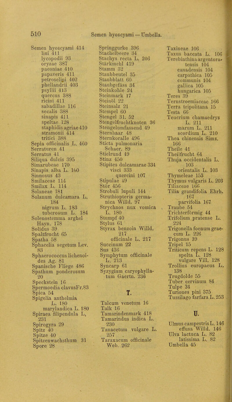 Semen hyoscyami 414 lini 411 lycopodii 93 oryzae 387 paeoniae 410 papaveris 411 petroselijji 402 phellaudrii 403 psyllii 413 quercus 388 ricini 411 sabaclillae 116 secalis 388 sinapis 411 speltae 128 staphidis agriae410 stramonii 414 tritici 388 Sepia officinalis L. 460 Serratiu'en 41 Serratiis 41 Siliqua diilcis 395 Simarubeae 170 Sinapis alba L. 160 Sinuosus 43 Smilaceae 114 Smilax L. 114 Solaneae 181 Solanum dulcamara L. 184 nigrum L. 183 tuberosum L. 184 Solenostomma arghel Hayn. 178 Solidus 39 Spaltfrucht 65 Spatha 58 Sphacelia segetum Lev. 83 Sphaerococcus lichenoi- des Ag. 81 Spanische Fliege 486 Spathum ponderosum 20 Speckstein 16 Spermoedia €lavusFr.83 Spica 54 Spigelia anthelmia L. 180 marylaudica L. 180 Spiraea filipendula L, 231 Spirogyra 29 Spitz 40 Spitze 40 Spitz enwachsthum 31 Spore 28 Springgurke 396 Stachelbeere 34 Stachys recta L. 206 Stärkmehl 419 Stamm 32 Staubbeutel 35 Staubblatt 60 Staubgefäss 34 Steinkohle 24 Steinmark 17 Steinöl 22 Steinsalz 21 Stempel 60 Stengel 31. 52 Stengelfruchtknoten 36 Stengelumfassend 49 Sternhaar 48 Sternkoralle 496 Sticta pulmonaria Schaer. 89 Stielrund 49 Stinz 450 Stipites dulcamarae 334 visci 333 quercini 107 Stipulae 49 Stör 456 Strobuli lupuli 144 Struthiopteris germa- nica Willd. 97 Strychnos nux vomica L. 180 Stumpf 40 Stylus 61 Styrax benzoin Willd. 217 officinale L, 217 Succinum 22 Sus 436 Symphytum officinale L. 213 Syncarp 61 Syzygium caryophylla- tum Gaertn. 236 T. Talcum venetum 16 Talk 16 Tamarindenmark 418 Tamarindus indica L, 230 Tanacetum vulgare L. 257 . Taraxacum officinale Web. 262 Taxineae 106 Taxus baccata L. 106 Terebinthina argentora» tensis 104 canadensis 104 carpathica 105 communis 104 gallica 105 hungarica 105 Teres 39 Ternstroemiaceac 166 Terra tripolitana 15 Testa 66 Teucrium chamaedrys L. 211 märum L. 211 scordium L. 210 Thea chinensis Sims. 166 Theile 41 Theilfrucht 64 Thuja occidentalis L. 103 orientalis L. 103 Thymeleae 153 Thymus vulgaris L. 203 Tiliaceae 166 Tilia grandifolia Ehrh, 167 parvifolia 167 Traube 54 Trichterförmig 44 Trifolium pratense L, 224 Trigonella foenum grae- • cum L. 226 Trigonus 39 Tripel 15 Triticum repens L. 128 spelta L. 128 vulgare Vill. 128 Trollius europaeus L. 138 Trugdolde 55 Tuber cervinum 84 Tulpe 34 Turiones pini 375 Tussilago farfara L. 253 u. Ulmus campestrisL. 146 effusa Willd. 146 Ulva lactuca L. 82 latissima L. 82 Umbella 45