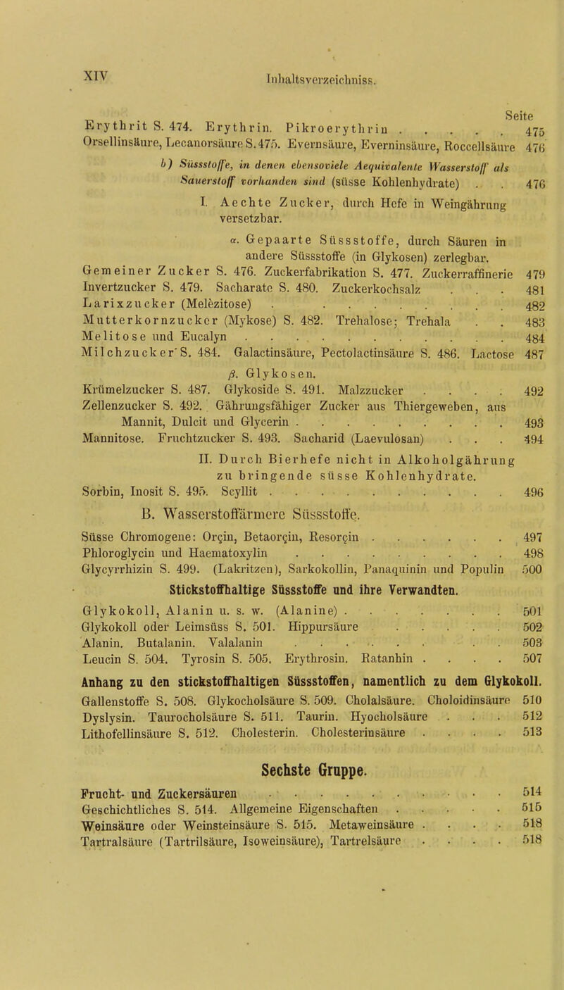 Erythrit S. 474. Erythrin. Pikroerythriu 475 Orsellinsllure,LecanorsäureS.47ö. Evernsäure, Everninsäure, Roccellsäure 47(5 b) Süssstoffe, in denen ebetisoviele Aequivahnte Wasserstoff als Sauerstoff vorhanden sind (süsse Kohlenhydrate) . 47ß I. Aechte Zucker, durch Hefe in Weingährung versetzbar. a. Gepaarte Süssstoffe, durch Säuren in andere Süssstoffe (in Glykosen) zerlegbar. Gemeiner Zucker S. 476. Zuckerfabrikation S. 477. Zuckerraf^inerie 479 Invertzucker S, 479. Sacharato S. 480. Zuckerkoehsalz . . 481 Larixzucker (Melezitose) 482 Mutterkornzucker (Mykose) S. 482. Trehalose; Trehala . . 483 Melitose und Eucalyn 484 Milchzucker'S. 484. Galactinsäure, Pectolactinsäure S. 486. Lactose 487 ß. Glykosen. Krümelzucker S. 487. Glykoside S. 491. Malzzucker .... 492 Zellenzucker S. 492. Gähruugsfähiger Zucker aus Thiergeweben, aus Mannit, Dulcit und Glycerin 493 Mannitose. Fruchtzucker S. 493. Sacharid (Laevulosan) . . . 494 II. Durch Bierhefe nicht in Alkoholgährung zu bringende süsse Kohlenhydrate. Sorbin, Inosit S. 49ö. Scyllit 496 B. Wasserstoffärmere Süssstoffe. Süsse Chromogene: Or§in, Betaor^in, Resorgin 497 Phloroglycin und Haematoxylin 498 Glycyrrhizin S. 499. (Lakritzen), Sarkokollin, Panaquinin und Populin 500 Stickstoffhaltige Süssstoffe und ihre Verwandten. Glykokoll, Alanin u. s. w. (Alanine) 501 Glykokoll oder Leimsüss S. 501. Hippursäure 502 Alanin. Butalanin. Valalanin ...... . . 503 Leucin S. 504. Tyrosin S. 505. Erythrosin. Ratanhin .... 507 Anhang zu den stickstoffhaltigen Süssstoffen, namentlich zu dem Glykokoll. Gallenstoffe S. 508. Glykocholsäure S. 509. Cholalsäure. Choloidinsäure 510 Dyslysin. Taurocholsäure S. 511. Tauriu. Hyocholsäure . . . 512 Lithofellinsäure S. 512. Cholesterin. Cholesterinsäure .... 513 Sechste Gruppe. Frucht- und Zuckersäuren 514 Geschichtliches S. 514. Allgemeine Eigenschaften 515 Weinsäure oder Weinsteinsäure S. 515. Metaweinsäure . . . 518 Tartralsäure (Tartrilsäure, Isoweinsäure), Tartrelsäure .... 518