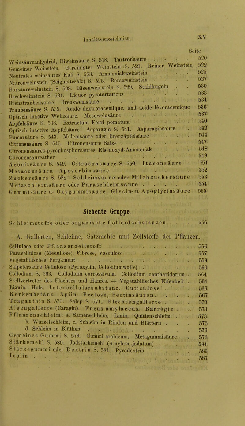 Weinsäui-eaühydrid, Diweinsäure S. 518. Tartronsäure . • • • Gemeiner Weinstein. Gereinigter Weinstein-S. 521. Reiner Weinstein Neutrales weinsanres Kali S. 52;5. Ammoniakweinstem . . Natronweiustein (Seignettesalz) S. 52S. Boraxweinstein . . Borsäureweinstein S. 528. Eisenweinstein S. 529. Stahlkugeln Brechweinstein S. 531. Liquor pyrotartaricus .... Brenztrauhensäure. Brenzweinsäure Trauhensäure S. 535. Acide dextroracemique, und acide levoracemique Optisch inactive Weinsäure. Mesoweinsäure . ' . Aepfelsäure S. 538. Extractum Ferri pomatum .... Optisch inactive Aepfelsäure. Asparagin S. 541. Asparaginsäure Fumarsäure S. 543. Maleinsäure oder Brenzäpfelsäure . Citronensäure S. 545. Citronensaure Salze Citronensaures-pyrophosphorsaures Eisenoxyd-Ammoniak Gifronensäureäther Aconitsäure S. 549. Citraconsäure S. 550 Mesaconsäure. Ap os orbi n säur e Zuckersäure S. 522. Schleimsäure oder Milchzuckersäure Metaschleimsäure oder Paraschleimsäure Gummisäure u- Oxygummisäure, Glycin-u. Apoglycinsäure Itaconsäure Seite 520 522 525 527 530 .533 534 .536 537 .540 542 .544 547 548 549 .551 552 .553 5.54 555 Siebente Gruppe. Schleimstoffe oder organische GolloidSubstanzen . 556 A. Gallerten, Schleime, Satzmehle und Zellstoffe der Pflanzen, Cellulose oder Pflanzenzellstoff 5.56 Paracellulose (Medullose), Fibrose, Vasculoso ..... 5.57 Vegetabilisches Pergament 559 Salpetersaure Cellulose (Pyroxylin, Collodiumwolle) . . 560 Collodium S, 563. Collodium corrossivum. Collodium cantharidatum . 564 Stellvertreter des Flachses und Hanfes. — Vegetabilisches Elfenbein . 564 Lignin. Holz. Intercellularsubstanz. CuticuLose . 566 Korksubstanz. Apiin. Pectose, Pectinsäuren. ... 567 Traganthin S. .570. Salep S. 571. Flechtengallerte . . . ,572 Algeugallerte (Caragin). Fucus amylaceus. Barregin . 573 Pflanzenschleim: a, Samenschleim, Linin, Quittenschleim . 573 b. Wurzelschleim, c. Schleim in Rinden und Blättern . . . 575 d, Schleim in Blüthen 576 Gemeines Gummi S. 576. Gummi arabicum. Metagummisäure . 578 Stärkemehl S. 580. Jodstärkemehl (Amylum jodatum) ... 584 Stärkegummi oder Dextrin S. 584. Pyrodextrin .... .586 587