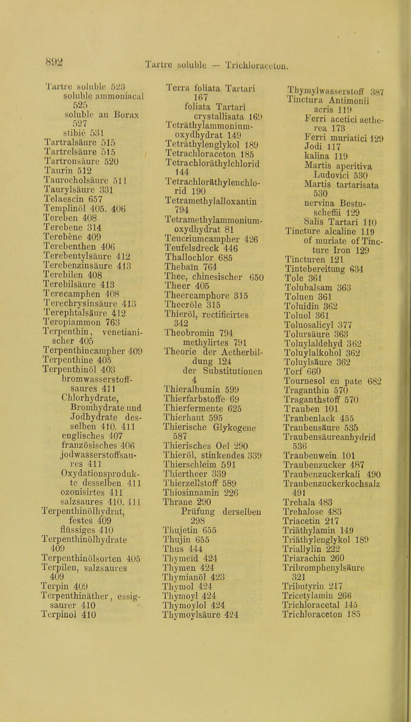 Tartre sulublc — Trichloracutou. 'l'iirtru soluble 6'2'd soluble ammoniacal 52r) soliiblo au Borax 527 stibit! 531 Tartralsäure 515 Tartrelsäure 515 Tartronsäure 52ü Taurhi 512 Taurocholsäure 511 Taurylsäure 331 Telaescin 657 Templinöl 405. 406 Tereben 408 Terebene 814 Terebene 409 Terebenthen 406 Terebentylsäure 412 Terebenzinsäiire 413 Terebilen 408 Terebilsäure 413 Terecamphen 408 Terechrysinsäure 413 Terephtalsäure 412 Teropiaramon 763 Terpenthin, venetiani- scher 405 Terpentbincampher 409 Terpeuthine 405 Terpenthinöl 403 bromwasserstotf- saures 411 Chlorhydrate, Bromhydrate und Jodhydrate des- selben 410. 411 englisches 407 französisches 406 jodwasserstoffsau- res 411 Oxydationspro duk- te desselben 411 ozonisirtes 411 salzsaures 410. 411 Terpenthiuölhydrat, festes 409 flüssiges 410 T erp enthin ölhy dr ate 409 Terpenthinölsorteu 405 Terpilen, salzsaures 409 Terpiu 409 Terpenthinäther, essig- saurer 410 Tcrpinol 410 Terra foliata Tartari 167 foliata Tartari crystallisata 169 Teträthylammonium- oxydhydrat 149 Teträthylenglykol 189 Tetrachloraceton 185 Tetrachloräthylchlorid 144 Tetrachloräthylenchlo- rid 190 Tetramethylalloxantin 794 Tetramethylammonium- oxydhydrat 81 Teucriumcampher 426 Teufelsdi-eck 446 Thallochlor 685 Thebain 764 Thee, chinesischer 650 Theer 405 Theercamphore 315 Theeröle 315 Thieröl, rectificirtes 342 Theobromin 794 methylirtes 791 Theorie der Actherbil- dung 124 der Substitutionen 4 Thieralbumin 599 Thierfarbstoffe 69 Thierfermente 625 Thierhaut 595 Thierische Glykogene 587 Thierisches Oel 290 Thieröl, stinkendes 339 Thierschleim 591 Thiertheer 339 Thierzellstoff 589 Thiosinnamin 226 Thra.ne 290 Prüfung derselben 298 Tliujetin 655 Thujin 655 Thus 444 Thymeid 424 Thymen 424 Thymianöl 423 Thymol 424 Thymoyl 424 Thymoylol 424 Thymoylsäure 424 Thymylwasserstoff 387 Tinctura Antimonii acris 119 Ferri acetici aethc- rea 173 Fen-i muriatici 129 Jodi 117 kaiin a 119 Martis aperitiva Ludovici 530 Martis tartarisata 530 nervina Bestu- scheffii 129 Salis Tartari 110 Tincture alcaline 119 of muriate of Tinc- ture Iron 129 Tincturen 121 Tintebereitung 634 Tole 361 Tolubalsam 363 Toluen 361 Toluidin 362 Toluol 361 Toluosalicyl 377 Tolursäure 363 Toluylaldehyd 362 Toluylalkohol 362 Toluylsäure 362 Torf 660 Tournesol en pate 682 Traganthin 570 Traganthstoff 570 Trauben 101 Traubenlack 455 Traubensäure 535 Traubensäureanhydrid 536 Traubenwein 101 Traubenzucker 487 Traubenzuckerkali 490 Traubenzuckerkochsalz 491 Trehala 483 Trehalose 483 Triacetin 217 Triäthylamin 149 Triäthylenglykol 189 Triallylin 222 Triarachin 260 Tribromphenylsäure 321 Tributyrin 217 Tricetylamin 2G6 Trichloracetal 145 Trichloracetou 185