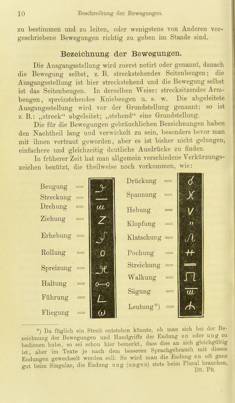 zu bestimmen und zu leiten, oder wenigstens von Anderen vor- geschriebene Bewegungen richtig zu geben im Stande sind. Bezeiclinung der Bewegungen. Die Ausgangsstellung wird zuerst notirt oder genannt, danach die Bewegung selbst, z. B. streckstehendes Seitenbeugen; die Ausgangsstellung ist hier streckstehend und die Bewegung selbst ist das Seitenbeugen. In derselben Weise: strecksitzendes Arm- beugen, spreizstehendes Kniebeugen u. s. w. Die abgeleitete Ausgangsstellung wird vor der Grundstellung genannt; so ist z. B.: „streck abgeleitet; „stehend eine Grundstellung. Die für die Beweguagen gebräuchlichen Bezeichnungen haben den Nachtheil lang und verwickelt zu sein, besonders bevor man mit ihnen vertraut geworden, aber es ist bisher nicht gelungen, einfachere und gleichzeitig deutliche Ausdrücke zu finden. In früherer Zeit hat man allgemein verschiedene Verkürzungs- zeichen benützt, die theilweise noch vorkommen, wie: Beugung = Streckung = Drehung = Ziehung = Erhebung = Rollung = Spreizung = Haltung = Führung = Fliegung = Drückung Spannung Hebung Klopfung Klatschung Pochung Streichung Walkung Sägung Leutung*) *) Da füglicli ein Streit entstehen könnte, ob man sich bei der Be- zeichnung der Bewegungen und Handgriffe der Endung eu oder ung zu bedienen habe, so sei schon hier bemerkt, dass dies an sich gleichgültig ist, aber im Texte je nach dem besseren Sprachgebrauch mit diesen Endungen gewechselt werden soll. So wird man die Endung en oft ganz gut beim Singular, die Endung ung (ungen) stets beim Plural brauchen.