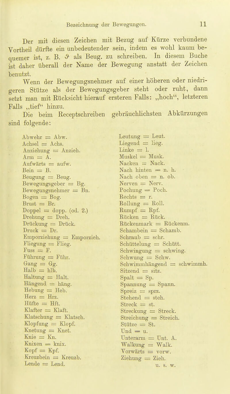 Der mit diesen Zeichen mit Bezug auf Kürze verbundene Vortheil dürfte ein unbedeutender sein, indem es wohl kaum be- quemer ist, z. B. t9- als Beug, zu schreiben. In diesem Buche ist daher überall der Name der Bewegung anstatt der Zeichen benutzt. Wenn der Bewegungsnehmer auf einer höheren oder niedri- geren Stütze als der Bewegungsgeber steht oder ruht, dann setzt man mit Kücksicht hierauf ersteren Falls: „hoch, letzteren Falls ,,tief hinzu. Die beim Receptschreiben gebräuchlichsten Abkürzungen sind folgende: Abwelir = Abw. Achsel = Achs. Anziehung = Anzieh. Arm = A. Aufwärts - - aufw. Bein = B. Beugung — Beug. Bewegungsgeber = Bg. Bewegungsnehmer = Bn. Bogen — Bog. Bi-ust = Br. Doppel = clopp. (od. 2.) Drehung = Dreh. Drückung — Drück. Druck = Dr. Emporziehung = Emporzieh. Fliegung - Fheg. Fuss = F. Führung = Führ. Gang — Gg. Halb = hlb. Haltung = Halt. Hängend — häng. Hebung = Heb. Herz = Hrz. Hüfte = Hft. Klafter = Haft. Klatschung = Klatsch. Klopfung Klopf. Knetung = Knet. Knie = Kn. Knixen = knix. Kopf - Kpf. Kreuzbein = Kreuzb. Lende = Lend. Deutung = Leut. Liegend = lieg. Linke = 1. Muskel = Musk. Nacken = Nack. Nach hinten = n. h. Nach oben = n. ob. Nerven = Nerv. Pochuug = Poch. Rechts = r. Rollung : Roll. Rumpf = Rpf. Rücken = Rück. Rückenmark = Rückenm. Schambeiu = Schamb. Schraub = sehr. Schüttelung = Schütt. Schwingung = schwing. Schwung — Schw. Schwimmhängend = schwimmh. Sitzend = sitz. Spalt = Sp. Spannung = Spann. Spreiz = sprz. Stehend = steh. Streck = st. Streckung = Streck. Streichung = Streich. Stütze = St. Und = u. Unterarm — Unt. A. Walkung — Walk. Vorwäi-ts = vorw. Ziehung = Zieh. u. s. w.