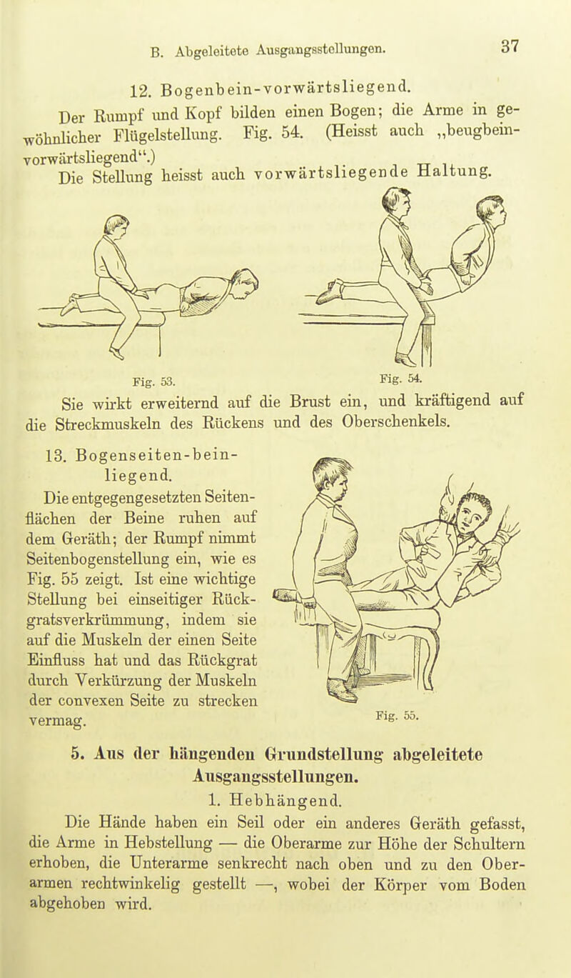 12. Bogenbein-vorwärtsliegend. Der Rumpf und Kopf bilden einen Bogen; die Arme in ge- wöhnlicher Flügelstellung. Fig. 54. (Heisst auch „beugbein- vorwärtsliegend.) , tt n Die Stellung heisst auch vorwärtsliegende Haltung. Fig. 53. Fig. 54. Sie wirkt erweiternd auf die Brust ein, und kräftigend auf die Streckmuskeln des Rückens und des Oberschenkels. 13. Bogenseiten-bein- liegend. Die entgegengesetzten Seiten- flächen der Beine ruhen auf dem Greräth; der Rumpf nimmt Seitenbogenstellung ein, wie es Fig. 55 zeigt. Ist eine wichtige Stellung bei einseitiger Rück- gratsverkrümmung, indem sie auf die Muskeln der einen Seite Einfluss hat und das Rückgrat durch Verkürzung der Muskeln der convexen Seite zu strecken vermag. Fig. 55. 5. Aus der hängenden Grundstellung abgeleitete Ausgangsstellungen. 1. Hebhängend. Die Hände haben ein Seil oder ein anderes Geräth gefasst, die Arme in Hebstellung — die Oberarme zur Höhe der Schultern erhoben, die Unterarme senkrecht nach oben und zu den Ober- armen rechtwinkelig gestellt —, wobei der Körper vom Boden abgehoben wird.