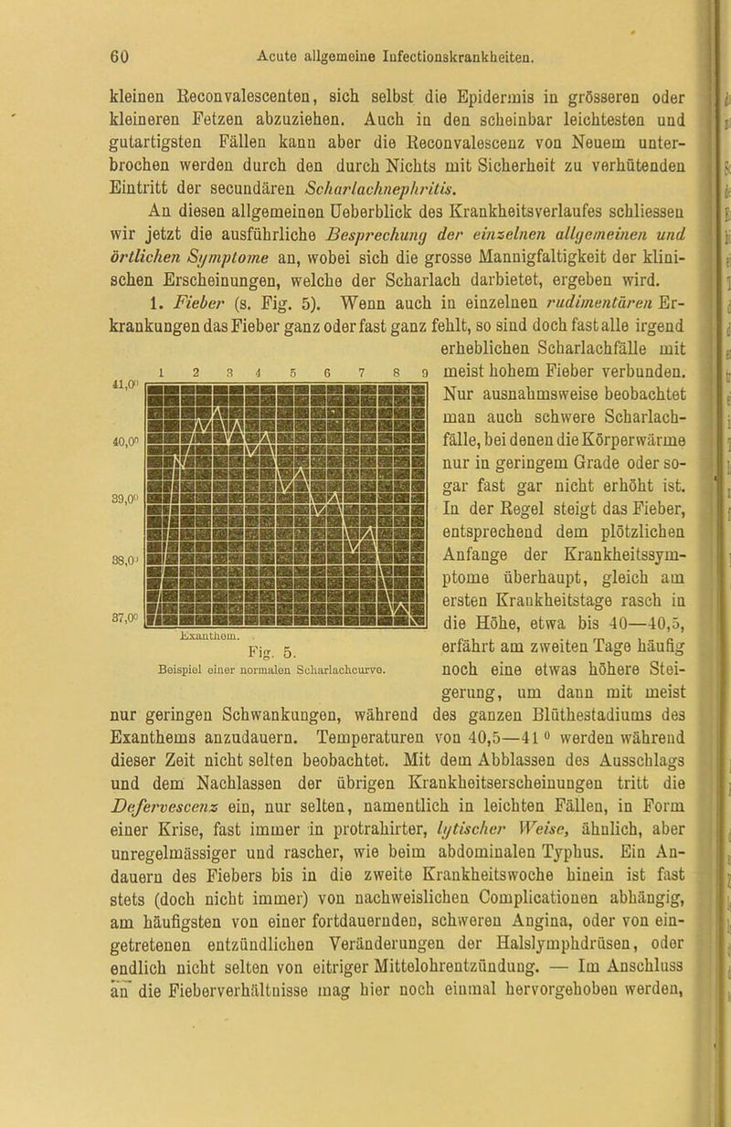 kleinen Reconvalescenten, sich selbst die Epidermis in grösseren oder kleineren Fetzen abzuziehen. Auch in den scheinbar leichtesten und gutartigsten Fällen kann aber die lleconvalescenz von Neuem unter- brochen werden durch den durch Nichts mit Sicherheit zu verhütenden Eintritt der secundären Scharlachnephritis. An diesen allgemeinen Ueberblick des Krankheitsverlaufes schliesseu wir jetzt die ausführliche Besprechung der einzelnen allgemeinen und örtlichen Symptome an, wobei sich die grosse Mannigfaltigkeit der klini- schen Erscheinungen, welche der Scharlach darbietet, ergeben wird. 1. Fieber (s. Fig. 5). Wenn auch in einzelnen rudimentären Er- krankungen das Fieber ganz oder fast ganz fehlt, so sind doch fast alle irgend erheblichen Scharlachfälle mit meist hohem Fieber verbunden. Nur ausnahmsweise beobachtet man auch schwere Scharlach- fälle, bei denen die Körperwärme nur in geringem Grade oder so- gar fast gar nicht erhöht ist. In der Regel steigt das Fieber, entsprechend dem plötzlichen Anfänge der Krankheitssym- ptome überhaupt, gleich am ersten Kraukheitstage rasch in die Höhe, etwa bis 40—40,5, erfährt am zweiten Tage häufig noch eine etwas höhere Stei- gerung, um dann mit meist nur geringen Schwankungen, während des ganzen Blüthestadiums des Exanthems anzudauern. Temperaturen von 40,5—41ü werden während dieser Zeit nicht selten beobachtet. Mit dem Abblassen des Ausschlags und dem Nachlassen der übrigen Krankheitserscheinungen tritt die Defervescenz ein, nur selten, namentlich in leichten Fällen, in Form einer Krise, fast immer in protrahirter, lytischer Weise, ähnlich, aber unregelmässiger und rascher, wie beim abdominalen Typhus. Ein An- dauern des Fiebers bis in die zweite Krankheitswoche hinein ist fast stets (doch nicht immer) von nachweislichen Complicationen abhängig, am häufigsten von einer fortdauernden, schweren Angina, oder von ein- getretenen entzündlichen Veränderungen der Halslymphdrüsen, oder endlich nicht selten von eitriger Mittelohrentzündung. — Im Anschluss an die Fieberverhältnisse mag hier noch einmal hervorgehoben werden, 41,0 40,0 39,0 38,0' 37,0 8 9 3!®ä8fiBi^?£!®IK!ä®!!Eä8S ■raasHMMEBSiHsasDraH I HStBHHaHraBBIHBBSSSlIBHIS IlfiWHHSBBraHHHBHMSfiHH .smm Exanthem. - Fig. 5. Beispiel einer normalen Soliarlachcurve. I i Sc k l ti ei 1 o ä i: 1 1 ( i