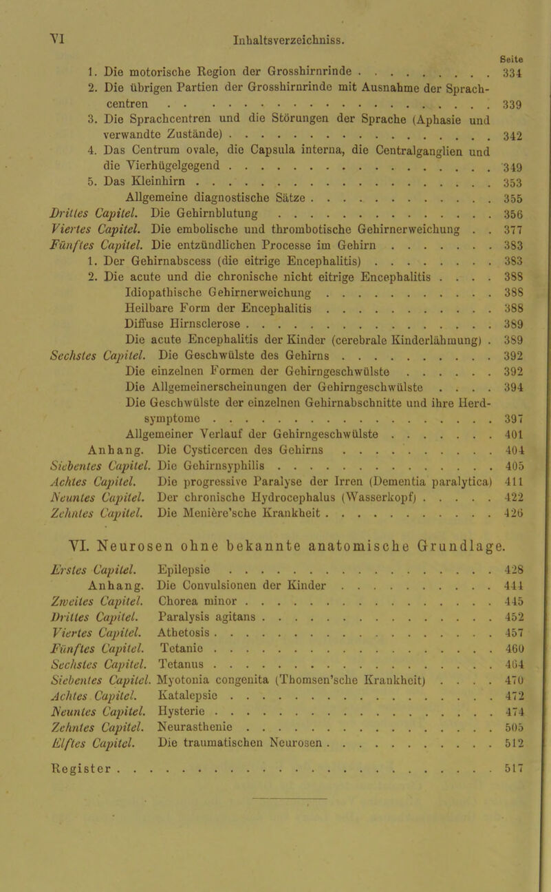 Seite 1. Die motorische Region der Grosshirnrinde 334 2. Die übrigen Partien der Grosshirnrinde mit Ausnahme der Sprach- centren 339 3. Die Sprachcentren und die Störungen der Sprache (Aphasie und verwandte Zustände) 4. Das Centrum ovale, die Capsula interua, die Centralganglien und die Yierhügelgegend 349 5. Das Kleinhirn 353 Allgemeine diagnostische Sätze 355 Drilles Capitel. Die Gehirnblutung 356 Viertes Capitel. Die emboiische und thrombotische Gehirnerweichung . . 377 Fünftes Capitel. Die entzündlichen Processe im Gehirn 383 1. Der Gehirnabscess (die eitrige Encephalitis) 383 2. Die acute und die chronische nicht eitrige Encephalitis .... 388 Idiopathische Gehirnerweichung 388 Heilbare Form der Encephalitis 388 Diffuse Hirnsclerose 389 Die acute Encephalitis der Kinder (cerebrale Kinderlähmung) . 389 Sechstes Capitel. Die Geschwülste des Gehirns 392 Die einzelnen Formen der Gehirngeschwülste 392 Die Allgemeinerscheinungen der Gehirngeschwülste .... 394 Die Geschwülste der einzelnen Gehirnabschnitte und ihre Herd- symptome 397 Allgemeiner Verlauf der Gehirngeschwülste 401 Anhang. Die Cysticercen des Gehirns . . . . 404 Siebentes Capitel. Die Gehirnsyphilis 405 Achtes Capitel. Die progressive Paralyse der Irren (Dementia paralytica) 411 Neuntes Capitel. Der chronische Ilydrocephalus (Wasserkopf) 422 Zehntes Capitel. Die Meniere’sche Krankheit 426 YI. Neurosen ohne bekannte anatomische Grundlage. Erstes Capitel. Epilepsie 428 Anhang. Die Convulsionen der Kinder 444 Zweites Capitel. Chorea minor 445 Drittes Capitel. Paralysis agitans 452 Viei-tes Capitel. Athetosis 457 Fünftes Capitel. Tetanie 460 Sechstes Capitel. Tetanus 404 Siebentes Capitel. Myotonia congenita (Thomsen’sche Krankheit) .... 470 Achtes Capitel. Katalepsie 472 Neuntes Capitel. Hysterie 474 Zehntes Capitel. Neurasthenie 505 Elftes Capitel. Die traumatischen Neurosen 512 Register 517