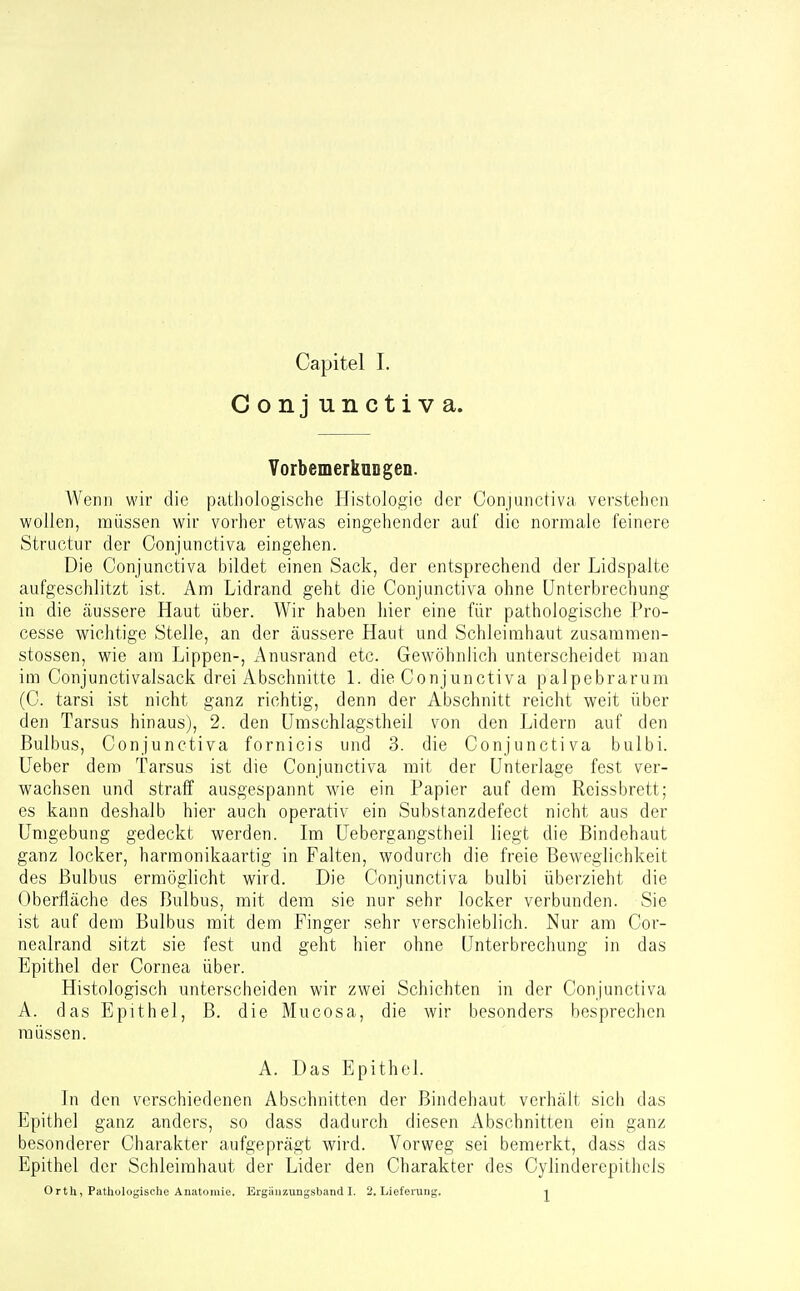 Conj unctiva. VorbemerkuDgeD. Wenn wir die pathologische Histologie der Oonjunctiva verstehen wollen, müssen wir vorher etwas eingehender auf die normale feinere Structur der Oonjunctiva eingehen. Die Oonjunctiva bildet einen Sack, der entsprechend der Lidspalte aufgeschlitzt ist. Am Lidrand geht die Oonjunctiva ohne Unterbrechung in die äussere Haut über. Wir haben hier eine für pathologische Pro- cesse wichtige Stelle, an der äussere Haut und Schleimhaut zusaramen- stossen, wie am Lippen-, Anusrand etc. Gewöhnlich unterscheidet man im Conjunctivalsack drei Abschnitte L die Oonjunctiva palpebrarum (0. tarsi ist nicht ganz richtig, denn der Abschnitt reicht weit über den Tarsus hinaus), 2. den ümschlagstheil von den Lidern auf den Bulbus, Oonjunctiva fornicis und 3. die Oonjunctiva bulbi. Ueber dem Tarsus ist die Oonjunctiva mit der Unterlage fest ver- wachsen und straff ausgespannt wie ein Papier auf dem Reissbrett; es kann deshalb hier auch operativ ein Substanzdefect nicht aus der Umgebung gedeckt werden. Im Uebergangstheil liegt die Bindehaut ganz locker, harmonikaartig in Falten, wodurch die freie Beweglichkeit des Bulbus ermöglicht wird. Die Oonjunctiva bulbi überzieht die Oberfläche des Bulbus, mit dem sie nur sehr locker verbunden. Sie ist auf dem Bulbus mit dem Finger sehr verschieblich. Nur am Oor- nealrand sitzt sie fest und geht hier ohne Unterbrechung in das Epithel der Oornea über. Histologisch unterscheiden wir zwei Schichten in der Oonjunctiva A. das Epithel, B. die Mucosa, die wir besonders besprechen müssen. A. Das Epithel. In den verschiedenen Abschnitten der Bindehaut verhält sich das Epithel ganz anders, so dass dadurch diesen Abschnitten ein ganz besonderer Oharakter aufgeprägt wird. Vorweg sei bemerkt, dass das Epithel der Schleimhaut der Lider den Oharakter des Oylinderepithels Orth, Patliulogische Anatomie, Ergänzungsband!. 2.Lieferung. i