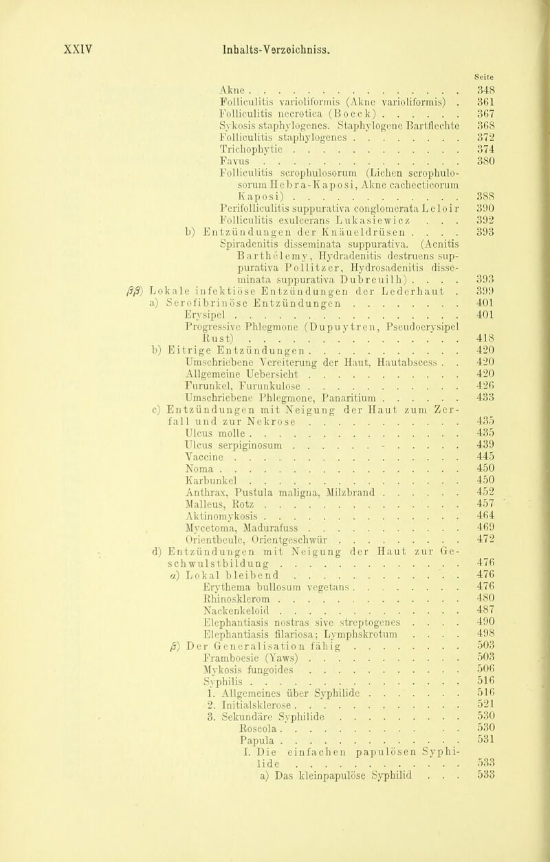 Akne 348 Folliculitis varioliformis (Akne varioliformis) . 361 Folliculitis necrotica (Beeck) 367 Sykosis staphylogencs. Staphylogenc Bartilechte 368 Folliculitis stapliylogeiies 372 Trichophytie 374 Favus 380 Folliculitis scrophulosorum (Liehen scrophulo- sorum Helora-Kaposi, Akne cachecticorum Kaposi) 388 Perifolliculitis suppurativa conglomerata L e 1 o i r 3i)0 Folliculitis exulcerans Lukasiewicz . . . 392 l)) Entzündungen der Knäueldrüsen .... 393 Spiradenitis disseminata suppurativa. (Acnitis Barthclemy, Hydradenitis destruens sup- purativa Pollitzer, Hydrosadenitis disse- minata suppurativa Dubreuilh) .... 393 ßß) Lokale infektiöse Entzündungen der Lederhaut . 399 a) Serofibrin Öse Entzündungen 401 Erysipel 401 Progressive Phlegmone (Dupuytren, Pseudoerysipel Kust) 418 b) Eitrige Entzündungen 420 Umschriebene Vereitening der Haut, Hautabscess . . 420 Allgemeine Uebersicht 420 Furunkel, Furunkulose 426 Umschriebene Phlegmone, Panaritiura 433 c) Entzündungen mit Neigung der Haut zum Zer- fall und zur Nekrose 435 Ulcus molle 435 Ulcus serpiginosum - 439 Vaccine 445 Noma 450 Karbunkel 450 Anthrax, Pustula maligna, Milzbrand 452 Malleus, Kotz 457 ' Aktinomykosis 464 Mycetoma, Madurafuss 469 Orientbeule, Orientgeschwür 472 d) Entzündungen mit Neigung der Haut zur Ge- schwulstbildung 476 «) Lokal bleibend 476 Erythema buUosum vegetans 476 Rhinosklerom 480 Nackenkeloid 487 Elephantiasis nostras sive streplogcnes .... 490 Elephantiasis filariosa; Lymphskrotum .... 498 ß) Der Generalisation fähig 503 Framboesie (Yaws) 503 Mykosis fungoides 506 Syphilis 516 1. Allgemeines über Syphilide 516 2. Initialsklerose 521 3. Sekundäre Syphilide 530 Roseola • • 530 Papula 531 L Die einfachen papulösen Syphi- lide 533 a) Das kleinpapulöse Syphilid . . . 533 .-j