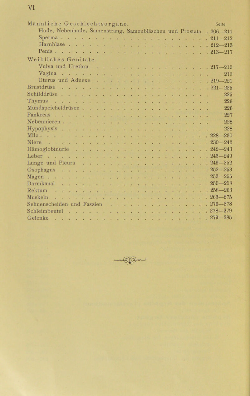 Mannliche Geschlechtsorgane. Seite Hode, Nebenhode, Samenstrang, Samenblaschen und Prostata . 206—211 Sperma 211—212 Harnblase 212—213 Penis 213—217 Weibliches Genitale. Vulva und Urethra 217—219 Vagina 219 Uterus und Adnexe 219—221 Brustdrtise 221—225 Schilddrilse 225 Thymus 226 Mundspeicheldrtlsen 226 Pankreas 227 Nebennieren 228 Hypophysis 228 Milz 228—230 Niere 230—242 Hkmoglobinurie 242—243 Leber 243—249 Lunge und Pleura 249—252 Osophagus 252—253 Magen 253—255 Darmkanal 255—258 Kektum 258—263 Muskeln 263—275 Sehnenscheiden und Faszien 276—278 Schleimbeutel 278—279 Gelenke 279—285 l >