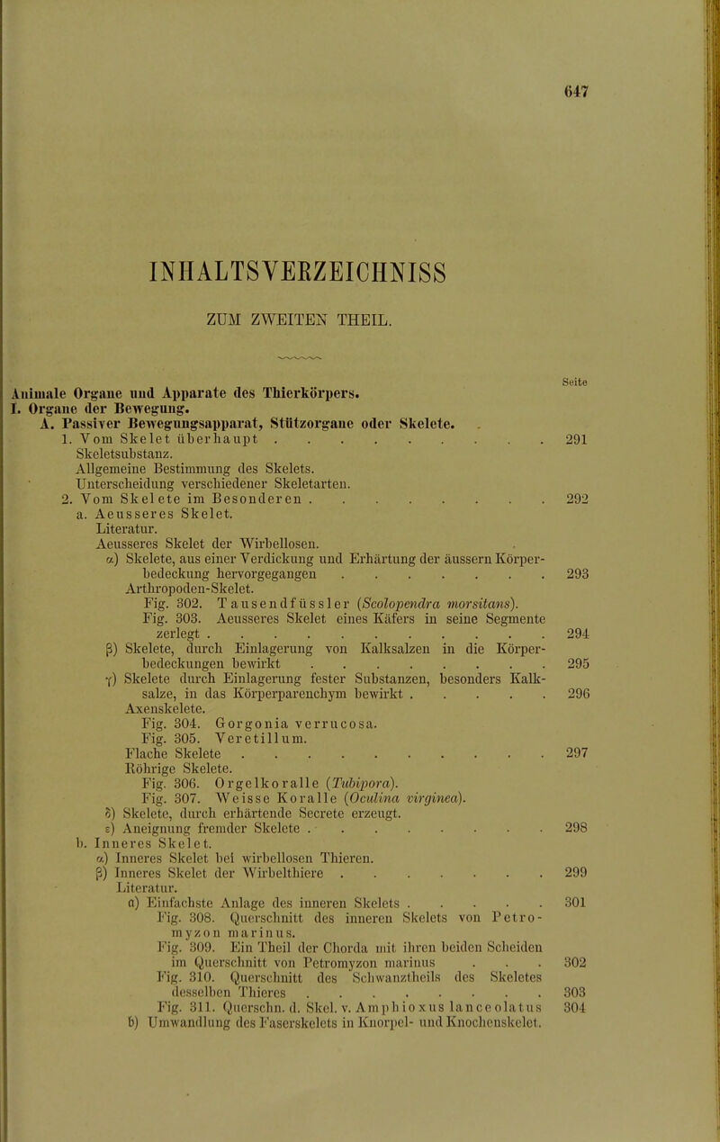 647 INHALTSVEEZEICHNISS ZUM ZWEITEN THEIL. Seite Auimale Organe imd Apparate des Thierkörpers. I. Orgaue der Bewegung. A. Passiver Bewegungsapparat, Stützorgane oder Skelete. 1. Vom Skelet überhaupt 291 Skeletsubstanz. Allgemeine Bestimmung des Skelets. TJntersclieidung verschiedener Skeletarten. 2. Vom Skelete im Besonderen 292 a. Aeusseres Skelet. Literatur. Aeusseres Skelet der Wirbellosen, a) Skelete, aus einer Verdickung und Erhärtung der äussern Körper- bedeckung hervorgegangen 293 Arthropoden-Skelet. Fig. 302. Tausendfüssler {Scolopendra morsitans). Fig. 303. Aeusseres Skelet eines Käfers in seine Segmente zerlegt 294 ß) Skelete, durch Einlagerung von Kalksalzen in die Körper- bedeckungen bewirkt 295 y) Skelete durch Einlagerung fester Substanzen, besonders Kalk- salze, in das Körperparenchym bewirkt 296 Axenskelete. Fig. 304. Gorgonia verrucosa. Fig. 305. Veretillum. Flache Skelete 297 Röhrige Skelete. Fig. 306. Orgelkoralle (Tuhipora). Fig. 307. Weisse Koralle {Oculina virginea). 8) Skelete, durch erhärtende Secrete erzeugt. e) Aneignung fremder Skelete 298 b. Inneres Skelet. a) Inneres Skelet bei wirbellosen Thieren. ß) Inneres Skelet der Wirbelthiere 299 Literatur. a) Einfachste Anlage des inneren Skelets 301 Fig. 308. Querschnitt des inneren Skelets von Petro- myzon marinus. Fig. 309. Ein Theil der Chorda mit ihren beiden Scheiden im Querschnitt von Petromyzon marinus . . . 302 Fig. 310. Querschnitt des Schwanztlieils des Skeletes desselben Thieres 303 Fig. 311. Querschn. d. Skel. V. Amphioxus lanceolatus 304