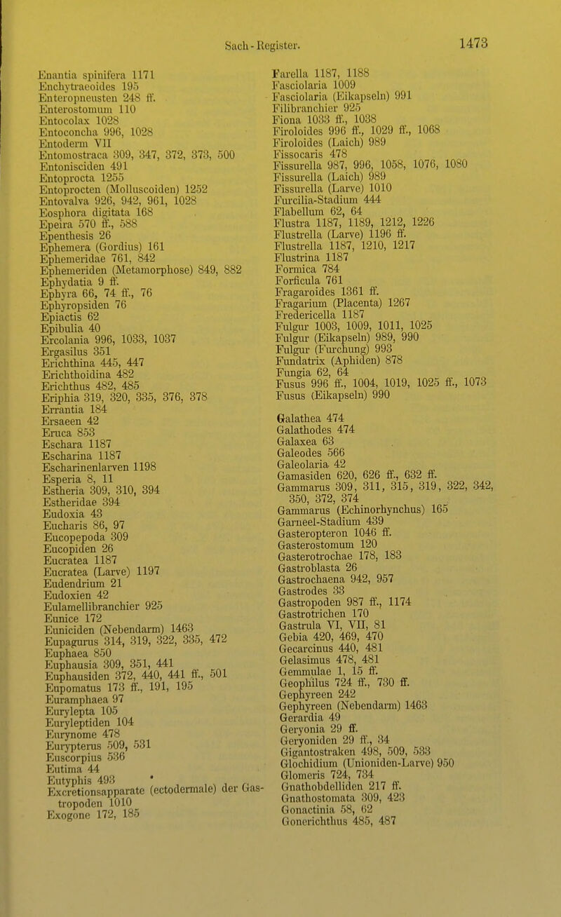 Enantia spinifera 1171 Enchytraeoides 1 i' > Enteropneusten 248 ff. Enterostomum L10 Entocolax 1028 Entoconcha 996, 1028 Entoderm VII Entomostraca 809, 347, 372, 373, 500 Entonisciden 491 Entoprocta 1255 Entoprocten (Molluscoiden) 1252 Entovalva 926, 942, 961, 1028 Eosphora digitata 168 Epeira 570 ff., 588 Epenthesis 26 Ephemera (Gordius) 161 Ephemeridae 761, 842 Ephemeriden (Metamorphose) 849, 882 Ephydatia 9 ff. Ephyra 66, 74 ff., 76 Ephyropsiden 76 Epiactis 62 Epibulia 40 Ercolania 996, 1033, 1037 Ergasilus 351 Erichthina 445, 447 Erichthoidina 482 Ei'ichthus 482, 485 Eriphia 319, 320, 335, 376, 378 Errantia 184 Ersaeen 42 Eruca 853 Eschara 1187 Escharina 1187 Escharinenlarven 1198 Esperia 8, 11 Estheria 309, 310, 394 Estheridae 394 Eudoxia 43 Eucharis 86, 97 Eucopepoda 309 Eucopiden 26 Eucratea 1187 Eucratea (Larve) 1197 Eudendrium 21 Eudoxien 42 Eulamellibranchier 925 Eunice 172 Euniciden (Nebendarm) 1463 Eupagurus 314, 319, 322, 335, 472 Euphaea 850 Euphausia 309, 351, 441 Euphausiden 372, 440, 441 ff., 501 Eupomatus 173 ff., 191, 195 Euramphaea 97 Eurylepta 105 Euryleptiden 104 Enrynome 478 Eurypterus 509, 531 Euscorpius 536 Eutima 44 Eutyphis 493 • . . Ä Excretionsapparate (ectodermale) der Gas- tropoden 1010 Exogone 172, 185 Parella 1187, 1188 Fasciolaria 1009 Fasciolaria (Eikapseln) 991 Filibranchier 925 Fiona 1033 ff., 1038 Firoloides 996 ff., 1029 ff., 1068 Firoloides (Laich) 989 Fissocaris 478 Fissurella 987, 996, 1058, 1076, 1080 Fissurella (Laich) 989 Fissurella (Larve) 1010 Furcilia-Stadium 444 Flabellum 62, 64 Flustra 1187, 1189, 1212, 1226 Flustrella (Larve) 1196 ff. Flustrella 1187, 1210, 1217 Flustrina 1187 Formica 784 Forficula 761 Fragaroides 1361 ff. Fragarium (Placenta) 1267 Fredericella 1187 Fulgur 1003, 1009, 1011, 1025 Fulgur (Eikapseln) 989, 990 Fulgur (Furchung) 993 Fundatrix (Aphiden) 878 Fungia 62, 64 Fusus 996 ff., 1004, 1019, 1025 ff., 1073 Fusus (Eikapseln) 990 Galathea 474 Galathodes 474 Galaxea 63 Galeodes 566 Galeolaria 42 Gamasiden 620, 626 ff., 632 ff. Gammarus 309, 311, 315, 319, 322, 342, 350, 372, 374 Gammarus (Echinorhynchus) 165 Garneel-Stadium 439 Gasteropteron 1046 ff. Gasterostomum 120 Gasterotrochae 178, 183 Gastroblasta 26 Gastrochaena 942, 957 Gastrodes 33 Gastropoden 987 ff., 1174 Gastrotrichen 170 Gastrula VI, VII, 81 Gebia 420, 469, 470 Gecarcinus 440, 481 Gelasimus 478, 481 Gemmulae 1, 15 ff. Geophilus 724 ff., 730 ff. Gephyreen 242 Gephyreen (Nebendarm) 1463 Gerardia 49 Geryonia 29 ff. Geryoniden 29 ff'., 34 Gigantostraken 498, 509, 533 Glochidium (Unioniden-Larve) 950 Glomeris 724, 734 Gnathobdelliden 217 ff. Gnathostomata 309, 423 Gonactinia 58, 62 Gonerichthus 485, 487