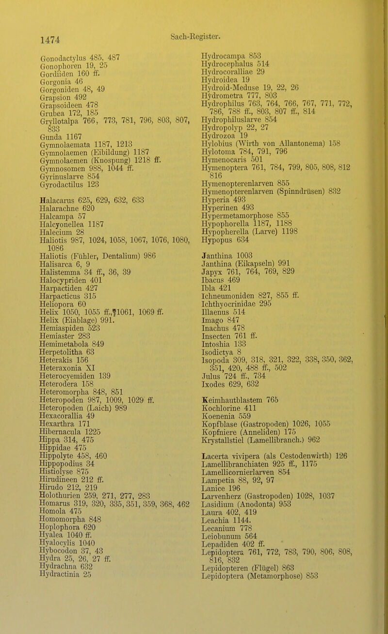 Gonodactylus 485, 487 Gonoplioren 19, 25 Gordiiden 160 ff. Gorgonia 46 Gorgoniden 48, 49 Grapsion 492 Grapsoideen 478 Grubea 172, 185 Gryllotalpa 766, 773, 781, 796, 803, 807, 833 Gunda 1167 Gymnolaeniata 1187, 1213 Gymnolaemen (Eibildung) 1187 Gymnolaemen (Knospung) 1218 ff. Gymnosomen 988, 1044 ff. Gyrinuslarve 854 Gyrodactilus 123 Halacams 625, 629, 632, 633 Halarachne 620 Halcampa 57 Halcyonellea 1187 Halecium 28 Haliotis 987, 1024, 1058, 1067, 1076, 1080, 1086 Haliotis (Fühler, Dentalium) 986 Halisarca 6, 9 Haiistemma 34 ff, 36, 39 Halocypriden 401 Harpactiden 427 Harpacticus 315 Heliopora 60 Helix 1050, 1055 ff.,f1061, 1069 ff. Helix (Eiablage) 991. Hemiaspiden 523 Hemiaster 283 Hemimetabola 849 Herpetolitha 63 Heterakis 156 Heteraxonia XI Heterocyemiden 139 Heterodera 158 Heteromorpha 848, 851 Heteropoden 987, 1009, 1029 ff. Heteropoden (Laich) 989 Hexacorallia 49 Hexarthra 171 Hibernacula 1225 Hippa 314, 475 Hippidae 475 Hippolyte 458, 460 Hippopodius 34 Histiolyse 875 Hirudineen 212 ff. Hirudo 212, 219 Holothurien 259, 271, 277, 283 Homarus 319, 320, 335,351, 359, 368, 462 Homola 475 Homomorpha 848 Hoplophora 620 Hyalea 1040 ff. Hyalocylis 1040 Hybocodon 37, 43 Hydra 25, 26, 27 ff. Hydrachna 632 Hydractinia 25 Hydrocampa 853 Hydro cephalus 514 Hydrocoralliae 29 Hydroidea 19 Hydroid-Meduse 19, 22, 26 Hydrometra 777, 803 Hydrophilus 763, 764, 766, 767, 771, 772, 786, 788 ff, 803, 807 ff., 814 Hydrophiluslarve 854 Hydropolyp 22, 27 Hydrozoa 19 Hylobius (Wirtb von Allantonema) 158 Hylotoma 784, 791, 796 Hymenocaris 501 Hymenoptera 761, 784, 799, 805, 808, 812 816 Hymenopterenlarven 855 Hymenopterenlarven (Spinndrüsen) 832 Hyperia 493 Hyperinen 493 Hypermetamorphose 855 Hypopborella 1187, 1188 Hypopherella (Larve) 1198 Hypopus 634 Jantbina 1003 Jantbina (Eikapseln) 991 Japyx 761, 764, 769, 829 Ibacus 469 Ibla 421 Icbneumoniden 827, 855 ff. Ichthyocrinidae 295 Illaenus 514 Imago 847 Inachus 478 Insecten 761 ff. Intosbia 133 Isodictya 8 lsopoda 309, 318, 321, 322, 338, 350, 362, 351, 420, 488 ff, 502 Julus 724 ff, 734 Ixodes 629, 632 Keimhautblastem 765 Kocblorine 411 Koenenia 559 Kopfblase (Gastropoden) 1026, 1055 Kopfniere (Anneliden) 175 Krystallstiel (Lamellibranch.) 962 Lacerta vivipera (als Cestodenwirth) 126 Lamellibranchiaten 925 ff., 1175 Lamellicornierlarven 854 Lampetia 88, 92, 97 Lanice 196 Larvenherz (Gastropoden) 1028, 1037 Lasidium (Anodonta) 953 Laura 402, 419 Leachia 1144. Lecanium 778 Leiobunum 564 Lepadiden 402 ff. Lepidoptera 761, 772, 783, 790, 806, 808, 816, 832 Lepidopteren (Flügel) 863 Lepidoptera (Metamorphose) S53