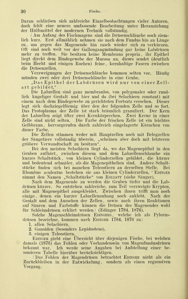 Daran schliefsen sich zahlreiche Einzelbeobachtungen vieler Autoren, doch fehlt eine neuere umfassende Bearbeitung unter Heranziehung der Hülfsmittel der modernen Technik vollständig. / Am Anfang des Fischmagens sind die Drüsenschläuche noch ziem- lich kurz. Erst allmählich nehmen sie nach dem Fundus hin an Länge zu, um gegen das Magenende hin rasch wieder sich zu verkürzen. Oft sind noch weit vor der Gallengangmündung gar keine Labdrüsen mehr zu treffen. Sie besitzen keine Membrana propria, ihr Epithel liegt direkt dem Bindegewebe der Mucosa an, dieses sendet (deutlich beim Hecht und einigen Rochen) feine, kernhaltige Fasern zwischen die Drüsenzellen. Verzweigungen der Drüsenschläuche kommen selten vor. Häufig münden zwei oder drei Drüsenschläuche in eine Grube. „Das Epithel der Labdrüsen wird nur von einer Zell- art gebildet. Die Labzellen sind ganz membranlos, von polygonaler oder rund- lich kugeliger Gestalt und hier und da (bei Selachiern constant) mit einem nach dem Bindegewebe zu gerichteten Fortsatz versehen. Dieser legt sich dachziegelförmig über den der folgenden Zelle und so fort. Das Protoplasma der Zelle ist stark bräunlich granuliert. Der Kern der Labzellen zeigt öfter zwei Kernkörperchen. Zwei Kerne in einer Zelle sind nicht selten. Die Farbe der frischen Zelle ist ein leichtes Gelbbraun, hervorgerufen durch zahlreich eingelagerte Körnchen von dieser Farbe. Die Zellen stimmen weder mit Hauptzellen noch mit Belegzellen der Säugetiere vollständig überein, „scheinen aber doch mit letzteren gröfsere Verwandtschaft zu besitzen. Bei den meisten Selachiern liegt da, wo das Magenepithel in den Gruben aufhört, zwischen diesem und dem Labzellenschlauche ein kurzes Schaltstück, von kleinen Cylinderzellen gebildet, die kürzer und bedeutend schmäler, als die Magenepithelien sind. Andere Schalt- stücke finden sich bei manchen Teleostiern an derselben Stelle. Bei Rhombus aculeatus bestehen sie aus kleinen Cylinderzellen. Edinger nimmt den Namen „Schaltstücke von Rollktt (siehe Säuger). Nach dem Magenende zu werden die Gruben tiefer und die Lab- drüsen kürzer. So entstehen zahlreiche, zum Teil verzweigte Krypten, alle mit Magenepithel ausgekleidet. Zwischen ihnen trifft man noch einige, denen ein kurzer Labzellenanhang noch anklebt. Nach der Gestalt und dem Aussehen der Zellen, sowie nach ihren Reaktionen auf Säuren und Farbstoffe können die Drüsen des Magenendes wohl für Schleimdrüsen erklärt werden / (Edinger 1784, 1876). Solche Magenschleimdrüsen Edingens, welche ich als Pylorus- drüsen bezeichne, kommen nach Edinger 1784, 1876 zu: 1. allen Selachiern, 2. Ganoiden (besonders Lepidosteus), 3. einigen Teleostiern.^ Edinger giebt eine Übersicht über diejenigen Fische, bei welchen damals (1876) das Fehlen oder Vorhandensein von Magenfundusdrüsen bekannt war. Ich werde seine Angaben bei Aufstellung einer be- sonderen Tabelle hierüber berücksichtigen. / Das Fehlen der Magendrüsen betrachtet Edinger nicht als ein Zurückbleiben in der Entwicklung, sondern als einen regressiven Vorgang.