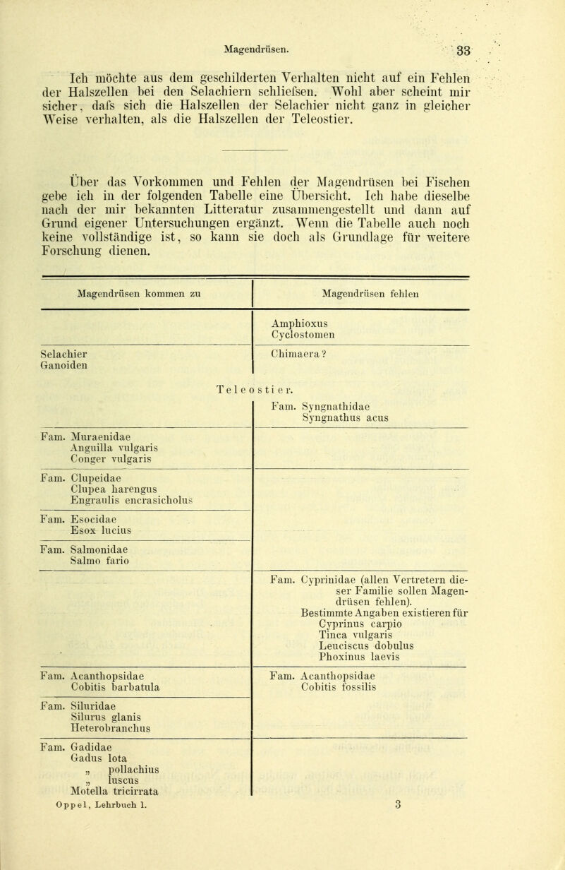 Ich möchte aus dem geschilderten Verhalten nicht auf ein Fehlen der Halszellen bei den Selachiern schliefsen. Wohl aber scheint mir sicher, dafs sich die Halszellen der Selachier nicht ganz in gleicher Weise verhalten, als die Halszellen der Teleostier. Über das Vorkommen und Fehlen der Magendrüsen bei Fischen gebe ich in der folgenden Tabelle eine Übersicht. Ich habe dieselbe nach der mir bekannten Litteratur zusammengestellt und dann auf Grund eigener Untersuchungen ergänzt. Wenn die Tabelle auch noch keine vollständige ist, so kann sie doch als Grundlage für weitere Forschung dienen. Magendrüsen kommen zu Magendrüsen fehlen Amphioxus Cyclostomen Selachier Ganoiden Chimaera ? Teleostier. Farn. Syngnathidae Syngnathus acus Farn. Muraenidae Anguilla vulgaris Conger vulgaris Farn. Clupeidae Clupea harengus Engraulis encrasicliolus Farn. Esocidae Esox lucius Farn. Salmonidae Salmo fario Farn. Cyprinidae (allen Vertretern die- ser Familie sollen Magen- drüsen fehlen). Bestimmte Angaben existieren für Cyprinus carpio Tinea vulgaris Leueiscus dobulus Phoxinus laevis Farn. Acanthopsidae Cobitis barbatula Farn. Acanthopsidae Cobitis fossilis Farn. Siluridae Silurus glanis Heterobranchus Farn. Gadidae Gadus Iota „ pollachius luscus Motella tricirrata Oppel, Lehrbuch 1. 3