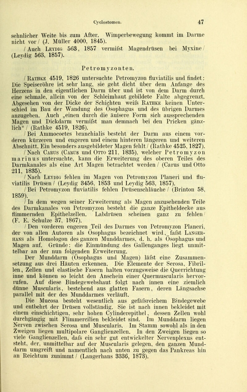 sehnlicher Weite bis zum After. Wimperbewegung kommt im Darme nicht vor / (J. Müller 4000, 1845). / Auch Leidig 563, 1857 vermifst Magendrüsen bei Myxine / (Leydig 563, 1857). P e t r o m y z o n t e n. /Rathke 4519, 1826 untersuchte Petromyzon nuviatilis und findet: Die Speiseröhre ist sehr lang, sie geht dicht über dem Anfange des Herzens in den eigentlichen Darm über und ist von dem Darm durch eine schmale, allein von der Schleimhaut gebildete Falte abgegrenzt. Abgesehen von der Dicke der Schichten weifs Rathke keinen Unter- schied im Bau der Wandung des Ösophagus und des übrigen Darmes anzugeben. Auch „einen durch die äulsere Form sich aussprechenden Magen und Dickdarm vermifst man demnach bei den Pricken gänz- lich / (Rathke 4519, 1826). / Bei Ammocoetes branchialis besteht der Darm aus einem vor- deren kürzeren und engeren und einem hinteren längeren und weiteren Abschnitt. Ein besonders ausgebildeter Magen fehlt / (Rathke 4525,1827). /Nach Cakus (Cakus und Otto 211, 1835), welcher Petromyzon marinus untersuchte, kann die Erweiterung des oberen Teiles des Darmkanales als eine Art Magen betrachtet werden / (Carus und Otto 211, 1835). / Nach Leydig fehlen im Magen von Petromyzon Pianeri und nu- viatilis Drüsen / (Leydig 3456, 1853 und Leydig 563, 1857). / Bei Petroinvzon nuviatilis fehlen Drüsenschläuche / (Brinton 58, 1859). / In dem wegen seiner Erweiterung als Magen anzusehenden Teile des Darmkanales von Petromyzon bestellt die ganze Epitheldecke aus flimmernden Epithelzellen. Labdrüsen scheinen ganz zu fehlen (F. E. Schulze 37, 1867). / Den vorderen engeren Teil des Darmes von Petromyzon Pianeri, der von allen Autoren als Ösophagus bezeichnet wird,„fafst Langer- hans als Homologon des ganzen Munddarmes, d. h. als Ösophagus und Magen auf. Gründe: die Einmündung des Gallenganges liegt unmit- telbar an der nun folgenden Erweiterung. Der Munddarm (Ösophagus und Magen) läfst eine Zusammen- setzung aus drei Häuten erkennen. Die Elemente der Serosa, Fibril- len , Zellen und elastische Fasern halten vorzugsweise die Querrichtung inne und können so leicht den Anschein einer Quermuscularis hervor- rufen. Auf diese Bindegewebshaut folgt nach innen eine ziemlich dünne Muscularis, bestehend aus glatten Fasern, deren Längsachse parallel mit der des Munddarmes verläuft. Die Mucosa besteht wesentlich aus gefäfsreichem Bindegewebe und entbehrt der Drüsen vollständig. Sie ist nach innen bekleidet mit einem einschichtigen, sehr hohen Cylinderepithel, dessen Zellen wohl durchgängig mit Flimmercilien bekleidet sind. Im Munddarm liegen Nerven zwischen Serosa und Muscularis. Im Stamm sowohl als in den Zweigen liegen multipolare Ganglienzellen. In den Zweigen liegen so viele Ganglienzellen, dafs ein sehr gut entwickelter Nervenplexus ent- steht, der, unmittelbar auf der Muscularis gelegen, den ganzen Mund- darm umgreift und namentlich nach unten zu gegen das Pankreas hin an Reichtum zunimmt / (Langerhans 3336, 1873).