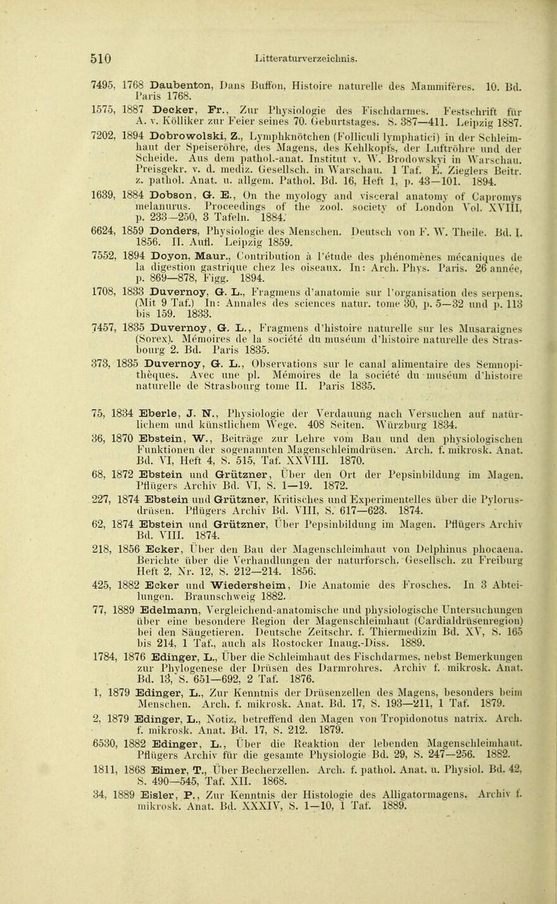 7495, 1768 Daubenton, Dans Buffon, Histoire naturelle des Mammiferes. 10. Bd. Paris 1768. 1575, 1887 Decker, Fr., Zur Physiologie des Fischdarmes. Festschrift für A. v. Kölliker zur Feier seines 70. Geburtstages. S. 387—411. Leipzig 1887. 7202, 1894 Dobrowolski, Z., Lymphknötchen (Folliculi lymphatici) in der Schleim- haut der Speiseröhre,, des Magens, des Kehlkopfs, der Luftröhre und der Scheide. Aus dem pathol.-anat. Institut v. W. Brodowskyi in Warschau. Preisgekr. v. d. mediz. Gesellsch. in Warschau. 1 Taf. E. Zieglers Beitr. z. pathol. Anat. u. allgem. Pathol. Bd. 16, Heft 1, p. 43—101. 1894. 1639, 1884 Dobson, G. E., On the myology and visceral anatomy of Capromys melanurus. Proceedings of the zool. societv of London Vol. XVIII, p. 233-250, 3 Tafeln. 1884. 6624, 1859 Donders, Physiologie des Menschen. Deutsch von F. W. Theile. Bd. I. 1856. II. Aufl. Leipzig 1859. 7552, 1894 Doyon, Maur., Contribution ä Petude des phenomenes mecaniques de la digestion gastrique chez les oiseaux. In: Arch. Phys. Paris. 26 annee, p. 869—878, Figg. 1894. 1708, 1833 Duvernoy, Gr. L., Fragmens d'anatomie sur 1'Organisation des serpens. (Mit 9 Taf.) In: Annales des sciences natur. tome 80, p. 5—32 und p. 113 bis 159. 1833. 7457, 1835 Duvernoy, G. L., Fragmens d'histoire naturelle sur les Musaraignes (Sorex). Memoires de la societe du museum d'histoire naturelle des Stras- bourg 2. Bd. Paris 1835. 373, 1835 Duvernoy, G. L., Observation sur le canal alimentaire des Semnopi- theques. Avec une pl. Memoires de la societe du museum d'histoire naturelle de Strasbourg tome II. Paris 1835. 75, 1834 Eberle, J. N., Physiologie der Verdauung nach Versuchen auf natür- lichem und künstlichem Wege. 408 Seiten. Würzburg 1834. 36, 1870 Ebstein, W., Beiträge zur Lehre vom Bau und den physiologischen Funktionen der sogenannten Magenschleimdrüsen. Arch. f. mikrosk. Anat. Bd. VI, Heft 4, S. 515, Taf. XXVIII. 1870. 68, 1872 Ebstein und Grützner, Über den Ort der Pepsinbildung im Magen. Pflügers Archiv Bd. VI, S. 1—19. 1872. 227, 1874 Ebstein und Grützner, Kritisches und Experimentelles über die Pylorus- drüsen. Pflügers Archiv Bd. VIII, S. 617—623. 1874. 62, 1874 Ebstein und Grützner, Über Pepsinbildung im Magen. Pflügers Archiv Bd. VIII. 1874. 218, 1856 Ecker, Über den Bau der Magenschleimhaut von Delphinus phocaena. Berichte über die Verhandlungen der naturforsch. Gesellsch. zu Freiburg Heft 2, Nr. 12, S. 212—214. 1856. 425, 1882 Ecker und Wieders heim, Die Anatomie des Frosches. In 3 Abtei- lungen. Braunschweig 1882. 77, 1889 Edelmann, Vergleichend-anatomische und physiologische Untersuchungen über eine besondere Region der Magenschleimhaut (Cardialdrüsenregion) bei den Säugetieren. Deutsche Zeitschr. f. Thiermedizin Bd. XV, S. 165 bis 214, 1 Taf., auch als Kostocker Inaug.-Diss. 1889. 1784, 1876 Edinger, L., Über die Schleimhaut des Fischdarmes, nebst Bemerkungen zur Phylogenese der Drüsen des Darmrohres. Archiv f. mikrosk. Anat. Bd. IS, S. 651—692, 2 Taf. 1876. 1, 1879 Edinger, L., Zur Kenntnis der Drüsenzellen des Magens, besonders beim Menschen. Arch. f. mikrosk. Anat. Bd. 17, S. 193—^11, 1 Taf. 1879. 2, 1879 Edinger, L., Notiz, betreffend den Magen von Tropidonotus natrix. Arch. f. mikrosk. Anat. Bd. 17, S. 212. 1879. 6530, 1882 Edinger, L., Über die Reaktion der lebenden Magenschleimhaut. Pflügers Archiv für die gesamte Physiologie Bd. 29, S. 247—256. 1882. 1811, 1868 Eimer, T., Über Becherzellen. Arch. f. pathol. Anat. u. Physiol. Bd. 42, S. 490-545, Taf. XII. 1868. 34, 1889 Eisler, P., Zur Kenntnis der Histologie des Alligatormagens. Archiv f. mikrosk. Anat. Bd. XXXIV, S. 1-10, 1 Taf. 1889.