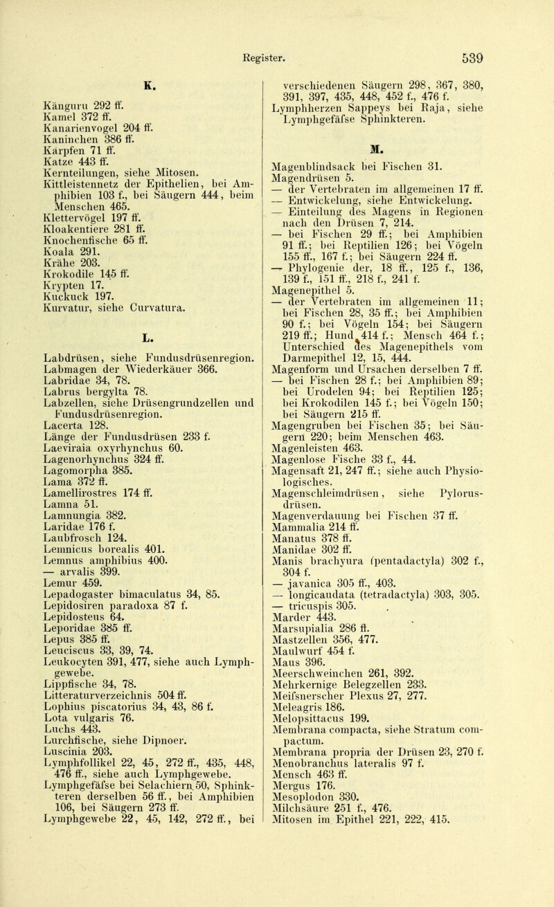 K. Känguru 292 ff. Kamel 372 ff. Kanarienvogel 204 ff'. Kaninchen 386 ff. Karpfen 71 ff. Katze 443 ff. Kernteilungen, siehe Mitosen. Kittleistennetz der Epithelien, bei Am- phibien 103 f., bei Säugern 444, beim Menschen 465. Klettervögel 197 ff. Kloakentiere 281 ff. Knochenfische 65 ff. Koala 291. Krähe 203. Krokodile 145 ff. Krypten 17. Kuckuck 197. Kurvatur, siehe Curvatura. L. Labdriisen, siehe Fundusdrüsenregion. Labmagen der Wiederkäuer 366. Labridae 34, 78. Labrus bergylta 78. Labzellen, siehe Drüsengrundzellen und Fundusdrüsenregion. Lacerta 128. Länge der Fundusdrüsen 233 f. Laeviraia oxyrhynchus 60. Lagenorhynchus 324 ff. Lagomorpha 385. Lama 372 ff. Lamellirostres 174 ff. Lamna 51. Lamnungia 382. Laridae 176 f. Laubfrosch 124. Lemnicus borealis 401. Lemnus amphibius 400. — arvalis 399. Lemur 459. Lepadogaster bimaculatus 34, 85. Lepidosiren paradoxa 87 f. Lepidosteus 64. Leporidae 385 ff. Lepus 385 ff. Leuciscus 33, 39, 74. Leukocyten 391, 477, siehe auch Lymph- gewebe. Lippfische 34, 78. Literaturverzeichnis 504 ff. Lophius piscatorius 34, 43, 86 f. Lota vulgaris 76. Luchs 443. Lurchfische, siehe Dipnoer. Luscinia 203. Lymphfollikel 22, 45, 272 ff., 435, 448, 476 ff, siehe auch Lymphgewebe. Lymphgefäfse bei Selachiern 50, Sphink- teren derselben 56 ff., bei Amphibien 106, bei Säugern 273 ff. Lymphgewebe 22, 45, 142, 272 ff., bei verschiedenen Säugern 298, 367, 380, 391, 397, 435, 448, 452 f., 476 f. Lymphherzen Sappeys bei Kaja, siehe Lymphgefäfse Sphinkteren. M. Magenblindsack bei Fischen 31. Magendrüsen 5. — der Vertebraten im allgemeinen 17 ff. — Entwickelung, siehe Entwickelung. — Einteilung des Magens in Regionen nach den Drüsen 7, 214. — bei Fischen 29 ff.; bei Amphibien 91 ff; bei Reptilien 126; bei Vögeln 155 ff., 167 f.; bei Säugern 224 ff. — Phylogenie der, 18 ff., 125 f., 136, 139 f., 151 ff., 218 f., 241 f. Magenepithel 5. — der Vertebraten im allgemeinen 11; bei Fischen 28, 35 ff.; bei Amphibien 90 f.; bei Vögeln 154; bei Säugern 219 ff.; Hund 414 f.; Mensch 464 f.; Unterschied des Magenepithels vom Darmepithel 12, 15, 444. Magenform und Ursachen derselben 7 ff. — bei Fischen 28 f.; bei Amphibien 89; bei Urodelen 94; bei Reptilien 125; bei Krokodilen 145 f.; bei Vögeln 150; bei Säugern 215 ff. Magengruben bei Fischen 35; bei Säu- gern 220; beim Menschen 463. Magenleisten 463. Magenlose Fische 33 f., 44. Magensaft 21, 247 ff.; siehe auch Physio- logisches. Magenschleimdrüsen, siehe Pylorus- drüsen. Magenverdauung bei Fischen 37 ff. Mammalia 214 ff. Manatus 378 ff. Manidae 302 ff. Manis brachyura fpentadactyla) 302 f., 304 f. — javanica 305 ff., 403. — longicaudata (tetradactyla) 303, 305. — tricuspis 305. Marder 443. Marsupialia 286 ff. Mastzellen 356, 477. Maulwurf 454 f. Maus 396. Meerschweinchen 261, 392. Mehrkernige Belegzellen 233. Meifsnerscher Plexus 27, 277. Meleagris 186. Melopsittacus 199. Membrana compacta, siehe Stratum com- pactum. Membrana propria der Drüsen 23, 270 f. Menobranchus lateralis 97 f. Mensch 463 ff. Mergus 176. Mesoplodon 330. Milchsäure 251 f., 476. Mitosen im Epithel 221, 222, 415.