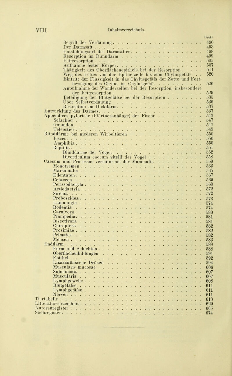 Seite ßegrilf der Verdauung 490 Der Darmsaft 493 Entstehungsort des Darmsaftes 498 Resorption im Dünndarm 499 Fettresorption 505 Aufnahme fester Körper 507 Thätigkeit des Oberflächenei)ithels bei der Resorption 511 Weg des Fettes von der Epithelzelle bis zum Chylusgefäfs . . 520 Eintritt der Fliissigkeit in das Chylusgefäfs der Zotte und Fort- bewegung des Chylus im Chylusgefäfs 526 Anteilnahme der Wanderzellen bei der Resorption, insbesondere der Fettresorption 529 Beteiligung der Blutgefäfse bei der Resorption 535 Über Selbstverdauung 536 Resorption im Dickdarm 537 Entwicklung des Darmes 537 Appendices pyloricae (Pförtneranhänge) der Fische 543 Selachier 547 Ganoiden 547 Teleostier 549 Blinddärme bei niederen Wirbeltieren 550 Pisces 550 Amphibia 550 Reptilia 551 Blinddärme der Vögel 552 Diverticulum caecum vitelli der Vögel 558 Caecum und Processus vermiformis der Mammalia 559 Monotremen 563 Marsupialia 565 Edentaten 567 Cetaceen 569 Perissodactyla 569 Artiodactyla 572 Sirenia 572 Proboscidea 573 Lamnungia 574 Rodentia 574 Carnivora 580 Pinnipedia 581 Insectivora 581 Chiroptera 582 Prosimiae 582 Primates 582 Mensch 583 Enddarm 588 Form und Schichten 588 Oberflächenbildungen 591 Epithel 592 LiEBERKDHNSche Drüseu 594 Muscularis mucosae 606 Submucosa 607 Muscularis . 607 Lymphgewebe 608 Blutgefäfse 611 Lymphgefäfse 611 Nerven 611 Tiertabelle 613 Litteraturverzeichnis 629 Autorenregister 665 Sachregister 674
