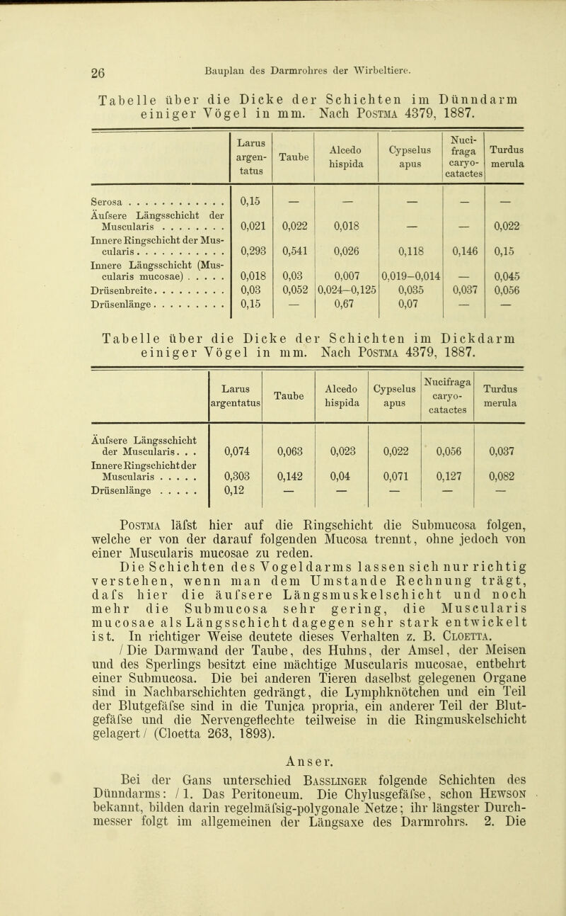 Tabelle über die Dicke der Schichten im Dünndarm einiger Vögel in mm. Nach Postmä 4379, 1887. Larus argen- tatus Taube Alcedo hispida Cypselus apus Nuci- fraga caryo- catactes Turdus merula 0,15 Äufsere Längsschicht der 0,021 0,022 0,018 0,022 Innere Ringschicht der Mus- 0,293 0,541 0,026 0,118 0,146 0,15 Innere Längsschicht (Mus- 0,018 0,03 0,007 0,019-0,014 0,045 0,03 0,052 0,024-0,125 0,035 0,037 0,056 0,15 0,67 0,07 Tabelle über die Dicke der Schichten im Dickdarm einiger Vögel in mm. Nach Postma 4379, 1887. Larus argentatus Taube Alcedo hispida Cypselus apus Nucifraga caryo- catactes Turdus merula Äufsere Längsschicht der Muscularis. . . 0,074 0,063 0,023 0,022 0,056 0,037 Innere Ringschicht der 0,303 0,142 0,04 0,071 0,127 0,082 0,12 Postma läfst hier auf die Ringschicht die Submucosa folgen, welche er von der darauf folgenden Mucosa trennt, ohne jedoch von einer Muscularis mucosae zu reden. Die Schichten de s Vogel dar ms lassensichnur richtig verstehen, wenn man dem Umstände Rechnung trägt, dafs hier die äufsere Längsmuskelschicht und noch mehr die Submucosa sehr gering, die Muscularis mucosae als Längsschicht dagegen sehr stark entwickelt ist. In richtiger Weise deutete dieses Verhalten z. B. Cloetta. / Die Darm wand der Taube, des Huhns, der Amsel, der Meisen und des Sperlings besitzt eine mächtige Muscularis mucosae, entbehrt einer Submucosa. Die bei anderen Tieren daselbst gelegenen Organe sind in Nachbarschichten gedrängt, die Lymphknötchen und ein Teil der Blutgefäfse sind in die Tunica propria, ein anderer Teil der Blut- gefäfse und die Nervengeflechte teilweise in die Ringmuskelschicht gelagert / (Cloetta 263, 1893). Ans er. Bei der Gans unterschied Basslinger folgende Schichten des Dünndarms: /1. Das Peritoneum. Die Chylusgefäfse, schon Hewson bekannt, bilden darin regelmäfsig-polygonale Netze; ihr längster Durch- messer folgt im allgemeinen der Längsaxe des Darmrohrs. 2. Die