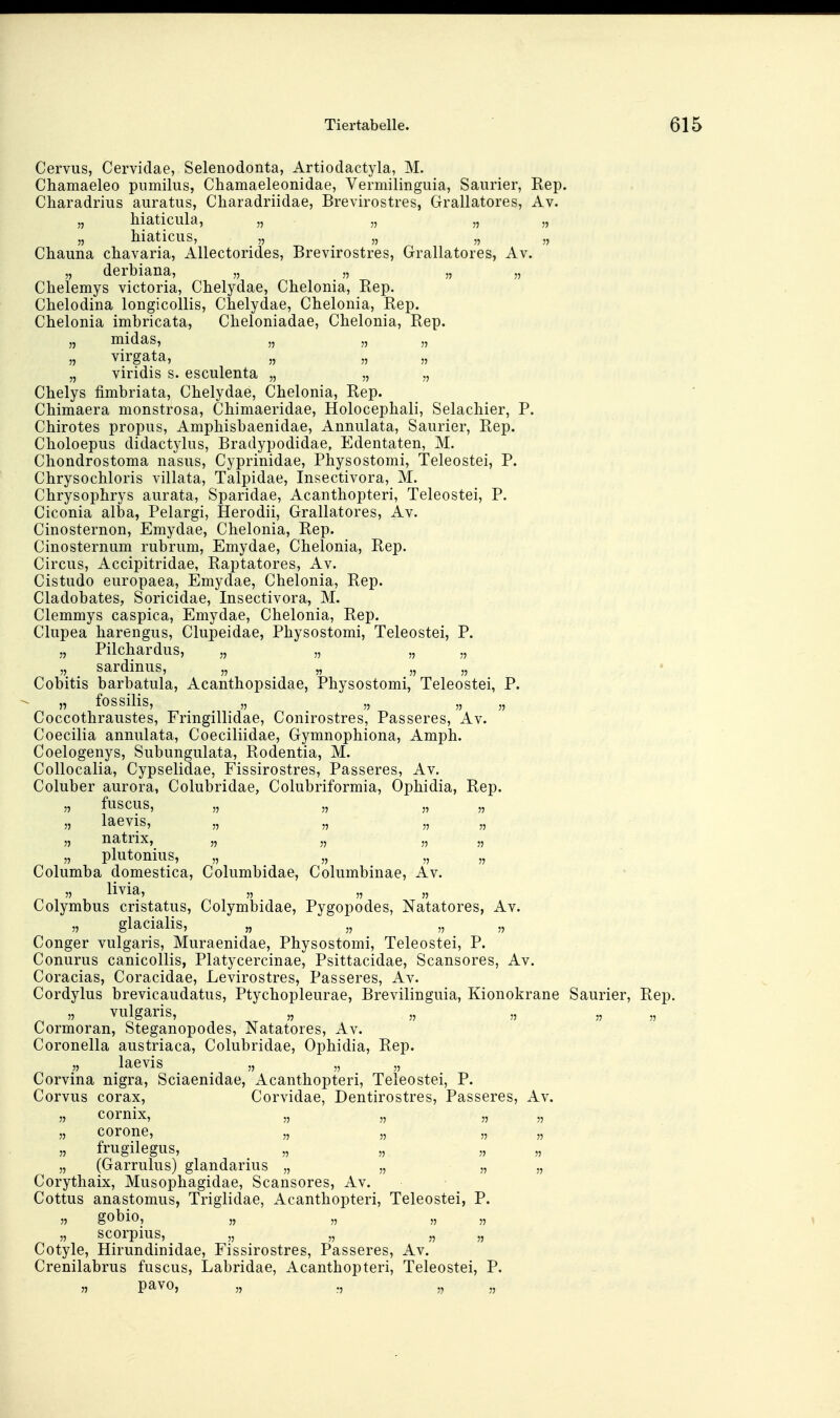 Cervus, Cervidae, Selenodonta, Artiodactyla, M. Chamaeleo pumilus, Chamaeleonidae, Vermilinguia, Saurier, Rep. Charadriiis auratus, Charadriidae, Brevirostres, Grallatores, Av. „ hiaticula, „ „ „ „ „ hiaticus, „ _ „ „ „ Chauna chavaria, Allectorides, Brevirostres, Grallatores, Av. „ derbiana, „ „ „ „ Chelemys victoria, Chelydae, Chelonia, Rep. Chelodina longicollis, Chelydae, Cbelonia, Rep. Chelonia imbricata, Cheloniadae, Chelonia, Rep. „ midas, „ „ „ „ virgata, „ „ „ „ viridis s. esculenta „ „ „ Chelys fimbriata, Chelydae, Chelonia, Rep. Chimaera monstrosa, Chimaeridae, Holocephali, Selachier, P. Chirotes propus, Amphisbaenidae, Anniilata, Saurier, Rep. Choloepus didactylus, Bradypodidae, Edentaten, M. Chondrostoma nasus, Cyprinidae, Physostomi, Teleostei, P. Chrysochloris villata, Talpidae, Insectivora, M. Chrysophrys aurata, Sparidae, Acanthopteri, Teleostei, P. Ciconia alba, Pelargi, Herodii, Grallatores, Av. Cinosternon, Emydae, Chelonia, Rep. Cinosternum rubrum, Emydae, Chelonia, Rep. Circus, Accipitridae, Raptatores, Av. Cistudo europaea, Emydae, Chelonia, Rep. Cladobates, Soricidae, Insectivora, M. Clemmys caspica, Emydae, Chelonia, Rep. Clupea harengus, Clupeidae, Physostomi, Teleostei, P. „ Pilchardus, „ „ „ „ „ sardmus, „ „ „ „ Cobitis barbatula, Acanthopsidae, Physostomi, Teleostei, P. „ fossilis, „ „ „ „ Coccothraustes, Fringillidae, Conirostres, Passeres, Av. Coecilia annulata, Coeciliidae, Gymnophiona, Amph. Coelogenys, Subungulata, Rodentia, M. Collocalia, Cypselidae, Fissirostres, Passeres, Av. Coluber aurora, Colubridae, Colubriformia, Ophidia, Rep. „ fuscus, „ „ „ „ „ laevis, „ „ „ „ „ natrix, „ „ „ „ „ plutonius, „ „ „ „ Columba domestica, Columbidae, Columbinae, Av. „ livia, „ „ „ Colymbus cristatus, Colymbidae, Pygopodes, Natatores, Av. „ glacialis, „ „ „ „ Conger vulgaris, Muraenidae, Physostomi, Teleostei, P. Conurus canicollis, Platycercinae, Psittacidae, Scansores, Av. Coracias, Coracidae, Levirostres, Passeres, Av. Cordylus brevicaudatus, Ptychopleurae, Brevilinguia, Kionokrane Saurier, Rep. „ vulgaris, „ „ „ „ Cormoran, Steganopodes, Natatores, Av. Coronella austriaca, Colubridae, Ophidia, Rep. „ laevis „ „ „ Corvina nigra, Sciaenidae, Acanthopteri, Teleostei, P. Corvus corax, Corvidae, Dentirostres, Passeres, Av. „ cornix, „ „ „ „ „ corone, „ „ „ „ frugilegus, „ (Garrulus) glandarius „ „ „ „ Corythaix, Musophagidae, Scansores, Av. Cottus anastomus, Triglidae, Acanthopteri, Teleostei, P. ;j gobio, „ „ „ „ scorpms, „ „ „ „ Cotyle, Hirundinidae, Fissirostres, Passeres, Av. Crenilabrus fuscus, Labridae, Acanthopteri, Teleostei, P. » pavo, „ „ „