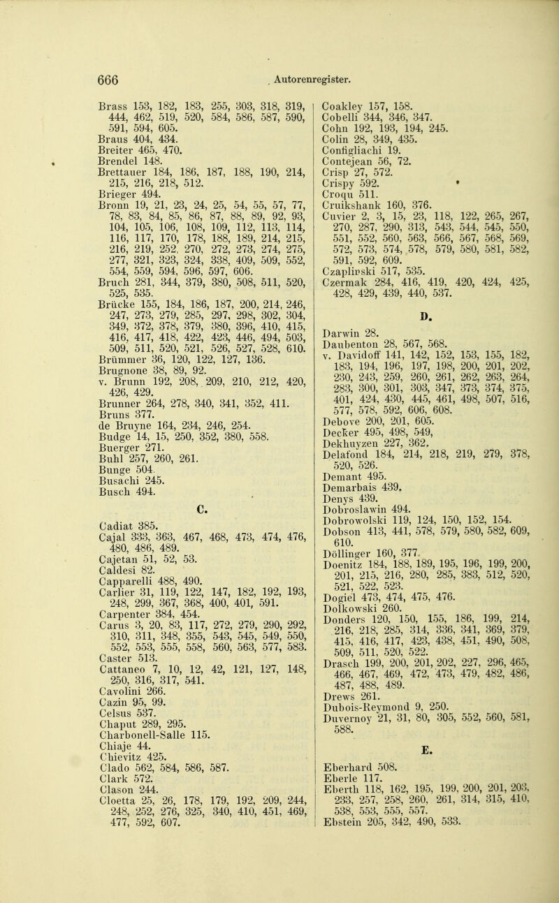 Brass 153, 182, 183, 255, 303, 318, 319, 444, 462, 519, 520, 584, 586, 587, 590, 591, 594, 605. Braus 404, 434. Breiter 465, 470. Brendel 148. Brettauer 184, 186, 187, 188, 190, 214, 215, 216, 218, 512. Brieger 494. Bronn 19, 21, 23, 24, 25, 54, 55, 57, 77, 78, 83, 84, 85, 86, 87, 88, 89, 92, 93, 104, 105, 106, 108, 109, 112, 113, 114, 116, 117, 170, 178, 188, 189, 214, 215, 216, 219, 252, 270, 272, 278, 274, 275, 277, 321, 323, 324, 338, 409, 509, 552, 554, 559, 594, 596, 597, 606. Bruch 281, 344, 379, 380, 508, 511, 520, 525, 535. Brücke 155, 184, 186, 187, 200, 214, 246, 247, 273, 279, 285, 297, 298, 302, 304, 349, 372, 378, 379, 380, 396, 410, 415, 416, 417, 418, 422, 423, 446, 494, 503, 509, 511, 520, 521, 526, 527, 528, 610. Brümmer 36, 120, 122, 127, 136. Brugnone 38, 89, 92. V. Brunn 192, 208, 209, 210, 212, 420, 426, 429. Brunner 264, 278, 340, 341, 352, 411. Bruns 377. de Bruyne 164, 234, 246, 254. Budge 14, 15, 250, 352, 380, 558. Buerger 271. Buhl 257, 260, 261. Bunge 504. Busachi 245. Busch 494. C. Cadiat 385. Cajal 333, 363, 467, 468, 473, 474, 476, 480, 486, 489. Cajetan 51, 52, 53. Caldesi 82. Capparelli 488, 490. Carlier 31, 119, 122, 147, 182, 192, 193, 248, 299, 367, 368, 400, 401, 591. Carpenter 384, 454. Carus 3, 20, 83, 117, 272, 279, 290, 292, 310, 311, 348, 355, 543, 545, 549, 550, 552, 553, 555, 558, 560, 563, 577, 583. Caster 513. Cattaneo 7, 10, 12, 42, 121, 127, 148, 250, 316, 317, 541. Cavolini 266. Cazin 95, 99. Celsus 537. Chaput 289, 295. Charbonell-Salle 115. Chiaje 44. Chievitz 425. Clado 562, 584, 586, 587. Clark 572. Clason 244. Cloetta 25, 26, 178, 179, 192, 209, 244, 248, 252, 276, 325, 340, 410, 451, 469, 477, 592, 607. Coakley 157, 158. Cobelli 344, 346, 347. Cohn 192, 193, 194, 245. Colin 28, 349, 435. Contigliachi 19. Contejean 56, 72. Crisp 27, 572. Crispy 592. • Croqu 511. Cruikshank 160, 376. Cuvier 2, 3, 15, 23, 118, 122, 265, 267, 270, 287, 290, 313, 543, 544, 545, 550, 551, 552, 560, 563, 566, 567, 568, 569, 572, 573, 574, 578, 579, 580, 581, 582, 591, 592, 609. Czaplirski 517, 535. Czermak 284, 416, 419, 420, 424, 425, 428, 429, 439, 440, 537. D. Darwin 28. Daubenton 28, 567, 568. V. Davidotf 141, 142, 152, 153, 155, 182, 183, 194, 196, 197, 198, 200, 201, 202, 230, 243, 259, 260, 261, 262, 263, 264, 283, 300, 301, 303, 347, 373, 374, 375, 401, 424, 430, 445, 461, 498, 507, 516, 577, 578, 592, 606, 608. Debove 200, 201, 605. Decker 495, 498, 549, Dekhuyzen 227, 362. Delafond 184, 214, 218, 219, 279, 378, 520, 526. Demant 495. Demarbais 439. Denys 439. Dobroslawin 494. Dobrowolski 119, 124, 150, 152, 154. Dobson 413, 441, 578, 579, 580, 582, 609, 610. Döllinger 160, 377, Doenitz 184, 188, 189, 195, 196, 199, 200, 201, 215, 216, 280, 285, 383, 512, 520, 521, 522, 523. Dogiel 473, 474, 475, 476. Dolkowski 260. Donders 120, 150, 155, 186, 199, 214, 216, 218, 285, 314, 336, 341, 369, 379, 415, 416, 417, 423, 438, 451, 490, 508, 509, 511, 520, 522. Drasch 199, 200, 201, 202, 227, 296, 465, 466, 467, 469, 472, 473, 479, 482, 486, 487, 488, 489. Drews 261. Dubois-Reymond 9, 250. Duvernoy 21, 31, 80, 305, 552, 560, 581, 588. E. Eberhard 508. Eberle 117. Eberth 118, 162, 195, 199, 200, 201, 203, 233, 257, 258, 260, 261, 314, 315, 410, 538, 553, 555, 557. Ebstein 205, 342, 490, 533.