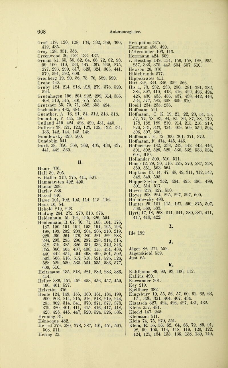 Graff 119, 120, 128, 134, 332, 359, 360, 412, 435. Gray 128, 331, 358. Greenwood 30, 122, 133, 437. Grimm 51, 55, 56, 62, 64, 66, 72, 82, 98, 99, 100. 110, 136, 147, 267, 269, 275, 277, 293, 299, 317, 323, 324, 365, 441, 579, 591, 592, 606. Grönberg 19, 20, 56, 75, 76, 589, 590. Grohe 442. Gruby 184, 214, 218, 219, 279, 378, 520, 526. Gruenhagen 196, 204, 222, 299, 314, 386, 408, 510, 515, 516, 517, 535. Grützner 65, 70, 71, 352, 353, 494. Gscheidlen 482, 484. Guenther, A. 16, 21, 54, 312, 313, 318. Guenther, P. 445, 480. Gulland 419, 424, 426, 429, 431, 440. Gulliver 38, 121, 122, 123, 129, 132, 134, 136, 142, 144, 145, 148. Gumilewsky 493, 500. Gundobin 541. Gurlt 28, 350, 358, 360, 435, 436, 437, 441, 442, 560. H. Haase 376. Hall 39, 505. V. Haller 313, 375, 411, 507. Hammarsten 492, 495. Hanau 208. Harley 536. Hassal 440. Hasse 101, 102, 103, 114, 115, 116. Haus 16, 54. Hebold 219, 226. Hedwig 264, 272, 278, 313, 376. Heidenhain, M. 194, 245, 326, 594. Heidenhain, R. 67, 70, 71, 163, 164, 176, 187, 190, 191, 192, 193, 194, 195, 196, 198, 199, 202, 203, 204, 205, 210, 219, 229, 260, 264, 276, 280, 281, 282, 283, 284, 293, 295, 296, 297, 298, 314, 315, 318, 319, 325, 326, 334, 336, 342, 346, 352, 366, 405, 407, 408, 415, 434, 438, 440, 442, 454, 494, 498, 499, 501, 502, 503, 506, 516, 517, 518, 521, 525, 526, 528, 529, 530, 533, 534, 535, 536, 577, 609, 610. Heitzmann 135, 218, 281, 282, 283, 386, 414. Heller 386, 451, 452, 453, 456, 457, 459, 460, 461, 527. Helvetius 376. Henle 124, 149, 155, 160, 161, 184, 199, 200, 203, 214, 215, 216, 218, 219, 244, 285, 302, 314, 341, 370, 371, 377, 378, 379, 380, 401, 411, 415, 416, 417, 418, 423, 425, 445, 447, 520, 524, 526, 585. Henning 31. Henocque 482. Herbst 279, 280, 378, 387, 401, 451, 507, 508, 511. Hering 22. Herophilus 375. Hermann 496, 499. L'Herminier 103, 113. Herrmann 424, 609. V. Hessling 149, 154, 156, 158, 188, 235, 257, 336, 370, 443, 604, 607, 610. Hewson 26, 376 Hildebrandt 377. Hippokrates 411. Hirt 342, 344, 346, 352, 366. His 1, 73, 232, 233, 280, 281, 381, 382, 384, 397, 410, 413, 416, 422, 423, 424, 425, 430, 435, 436, 437, 438, 442, 446, 524, 577, 585, 608, 609, 610. Hoehl 234, 235, 236. Holfmann 511. Hoffmann, C. K. 19, 21, 22, 23, 54, 55, 57, 77. 78, 83, 84, 85, 86, 87, 88, 170, 178, 188, 189, 210, 214, 215, 216, 219, 270, 321, 323, 324, 409, 509, 552, 594, 596, 597, 606. Hoffmann, E. 72 300, 301, 371, 372. Hoffmann, F. 414, 445, 446. Hofmeister 182, 238, 243, 442, 443, 446, 501, 502, 526, 529, 530, 532, 533, 534, 604, 610. Holländer 509, 510, 511. Home 12, 29, 30, 116, 125, 270, 287, 328, 550, 551, 563, 564 Hopkins 13, 14, 47, 48, 49, 311, 312, 547, 548, 549, 593. Hoppe-Seyler 352, 494, 495, 496, 499, 501, 514, 517. Howes 247, 427, 550. Hoyer 208, 224, 225, 227, 597, 600. Humilewsky 498. Hunter 29, 101, 115, 127, 290, 375, 507, 560, 569, 583. Hyrtl 17, 18, 268, 311, 341, 380, 381, 411, 417, 418, 422. I. Ide 192. J. Jäger 88, 271, 552. Jägerskiöld 559. Just 65. K. Kahlbaum 89, 92, 93, 100, 112. Kallius 490. Kazzander 301. Key 219. Kjellberg 382. Kingsbury 19, 55, 56, 57, 60, 61, 62, 63, 171, 320, 321, 404, 407, 434. Klaatsch 327, 424, 426, 427, 431, 432. Klebs 257, 481. Klecki 147, 245. Kleimann 511. Klein 74, 75, 270, 551. Klein, E. 55, 56, 62, 64, 66, 72, 89, 91, 98, 99, 100, 114, 118, 119, 120, 122, 124, 125, 134, 135, 136, 138, 139, 140,