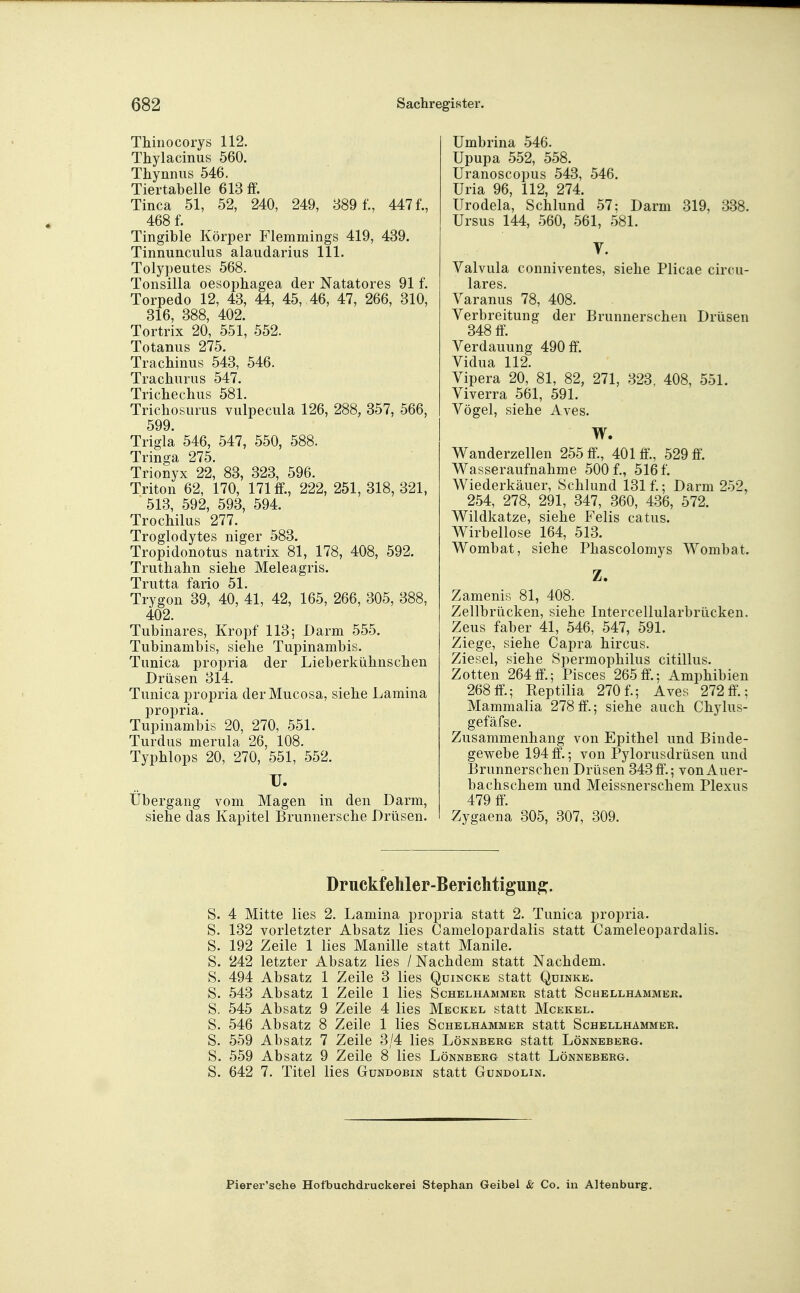 Thinocorys 112. Thylacinus 560. Thynnus 546. Tiertabelle 613 ff. Tinea 51, 52, 240, 249, 889 f., 447 f., 468 f. Tingible Körper Flemmings 419, 439. Tinnunculus alaudarius III. Tolypeutes 568. Tonsilla oesophagea der Natatores 91 f. Torpedo 12, 43, 44, 45, 46, 47, 266, 310, 316, 388, 402. Tortrix 20, 551, 552. Totanus 275. Trachinus 543, 546. Trachurus 547. Tricliechus 581. Trichosurus viilpecula 126, 288, 357, 566, 599. Trigla 546, 547, 550, 588. Tringa 275. Trionyx 22, 83, 323, 596. Triton 62, 170, 171 ff., 222, 251, 318, 321, 513, 592, 593, 594. TrocMlus 277. Troglodytes niger 583. Tropidonotus natrix 81, 178, 408, 592. Truthahn siehe Meleagris. Trutta fario 51. Trygon 39, 40, 41, 42, 165, 266, 305, 388, 402. Tubinares, Kropf 113; Darm 555. Tubinambis, siehe Tupinambis. Tunica propria der Lieberkühnschen Drüsen 314. Tunica propria derMucosa, siehe Lamina propria. Tupinambis 20, 270, 551. Turdus merula 26, 108. Typhlops 20, 270, 551, 552. U. Übergang vom Magen in den Darm, siehe das Kapitel Brunnersche Drüsen. Umbrina 546. Upupa 552, 558. Uranoscopus 543, 546. Uria 96, 112, 274. Urodela, Schlund 57; Darm 319, 338. Ursus 144, 560, 561, 581. V. Valvula conniventes, siehe Plicae circu- Yaranus 78, 408. Verbreitung der Brunnerschen Drüsen 348 ff Verdauung 490 ff. Vidua 112. Vipera 20, 81, 82, 271, 323. 408, 551. Viverra 561, 591. Vögel, siehe Aves. W. Wanderzellen 255 ff., 401 ff., 529 ff. Wasseraufnahme 500 f., 516 f. Wiederkäuer, Schlund 131 f.; Darm 252, 254, 278, 291, 347, 360, 436, 572. Wildkatze, siehe Felis catus. Wirbellose 164, 513. Wombat, siehe Phascolomys Wombat. Z. Zamenis 81, 408. Zellbrücken, siehe Intercellularbrücken. Zeus faber 41, 546, 547, 591. Ziege, siehe Capra hircus. Ziesel, siehe Spermophilus citillus. Zotten 264ff.; Pisces 265ff.; Amphibien 268ff.; Reptilia 270f.; Aves 272ff.; Mammalia 278 ff.; siehe auch Chylus- gefäfse. Zusammenhang von Epithel und Binde- gewebe 194ff.; von Pylorusdrüsen und Brunnerschen Drüsen 343ff.; vonAuer- bachschem und Meissnerschem Plexus 479 ff. Zygaena 305, 307, 309. Druckfehler-Berichtigung. S. 4 Mitte lies 2. Lamina propria statt 2. Tunica propria. S. 132 vorletzter Absatz lies Camelopardalis statt Cameleopardalis. S. 192 Zeile 1 lies Manille statt Manile. S. 242 letzter Absatz lies / Nachdem statt Nachdem. S. 494 Absatz 1 Zeile 3 lies Quincke statt Quinke. S. 543 Absatz 1 Zeile 1 lies Schelhammer statt Schellhammer. S. 545 Absatz 9 Zeile 4 lies Meckel statt Mcekel. S. 546 Absatz 8 Zeile 1 lies Schelhammer statt Schellhammer. S. 559 Absatz 7 Zeile 3/4 lies Lönnberg statt Lönneberg. S. 559 Absatz 9 Zeile 8 lies Lönnberg statt Lönneberg. S. 642 7, Titel lies Gündobin statt Gundolin. Pierer'sche Hotbuchdruckerei Stephan Geibel & Co. in Altenburg.