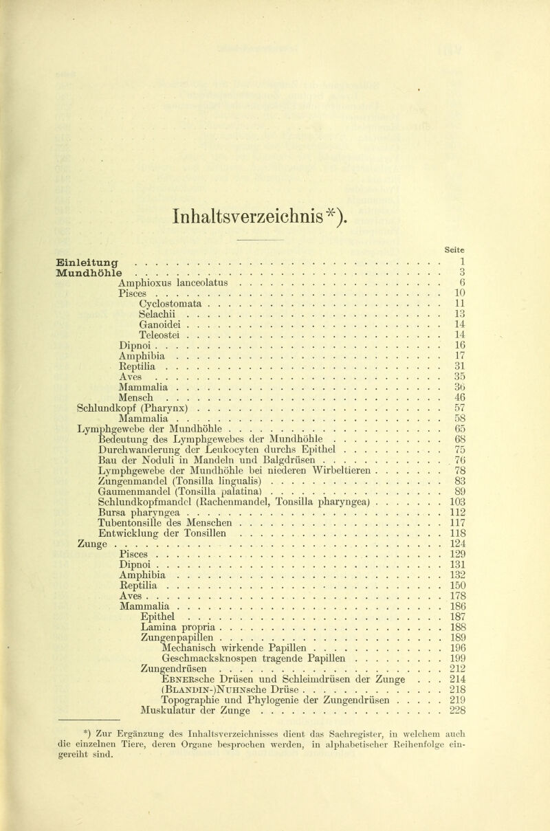 Inhaltsverzeichnis Seite Einleitung 1 Mundhöhle 3 Amphioxus lanceolatus 6 Pisces 10 Cyclostomata 11 Selachii 13 Ganoidei 14 Teleostei 14 Dipnoi 16 Amphibia 17 Reptilia 31 Aves 35 Mammalia 36 Mensch 46 Schlundkopf (Pharynx) 57 Mammalia 58 Lymphgewebe der Mundhöhle 65 Bedeutung des Lymphgewebes der Mundhöhle 68 Durch Wanderung der Leukocyten durchs Epithel 75 Bau der Noduli in Mandeln und Balgdrüsen 76 Lymphgewebe der Mundhöhle bei niederen Wirbeltieren 78 Zungenmandel (Tonsilla lingualis) 83 Gaumenmandel (Tonsilla palatina) 89 Schlundkopfmandel (Rachenmandel, Tonsilla pharyngea) 103 Bursa pharyngea 112 Tubentonsille des Menschen 117 Entwicklung der Tonsillen 118 Zunge . . - 124 Pisces 129 Dipnoi 131 Amphibia 132 Reptilia 150 Aves 178 Mammalia 186 Epithel 187 Lamina propria 188 Zungenpapillen 189 Mechanisch wirkende Papillen 196 Geschmacksknospen tragende Papillen 199 Zungendrüsen 212 EBNERsche Drüsen und Schleimdrüsen der Zunge ... 214 (BLANDiN-)NuHNsche Drüse 218 Topographie und Phylogenie der Zungendrüsen 219 Muskulatur der Zunge 228 *) Zur Ergänzung des Inhaltsverzeichnisses dient das Sachregister, in welchem auch die einzelnen Tiere, deren Organe besprochen werden, in alphabetischer Eeihenfolge ein- gereiht sind.