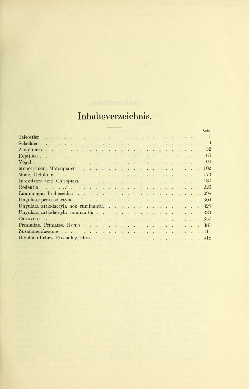Inhaltsverzeichnis. Seite Teleostier 1 Selachier 9 Amphibien 32 Reptilien . . . 60 Vögel 90 Monotremen, Marsupialen 102 Wale, Delphine 173 Insectivora und Chiroptera 180 Rodentia 226 Lamnungia, Proboscidea 298 Ungulata perissodactyla 309 Ungulata artiodactyla non ruminantia 328 Ungulata artiodactyla ruminantia 339 Carnivora 357 Prosimiae, Primates, Homo 381 Zusammenfassung 411 Geschichtliches, Physiologisches 418