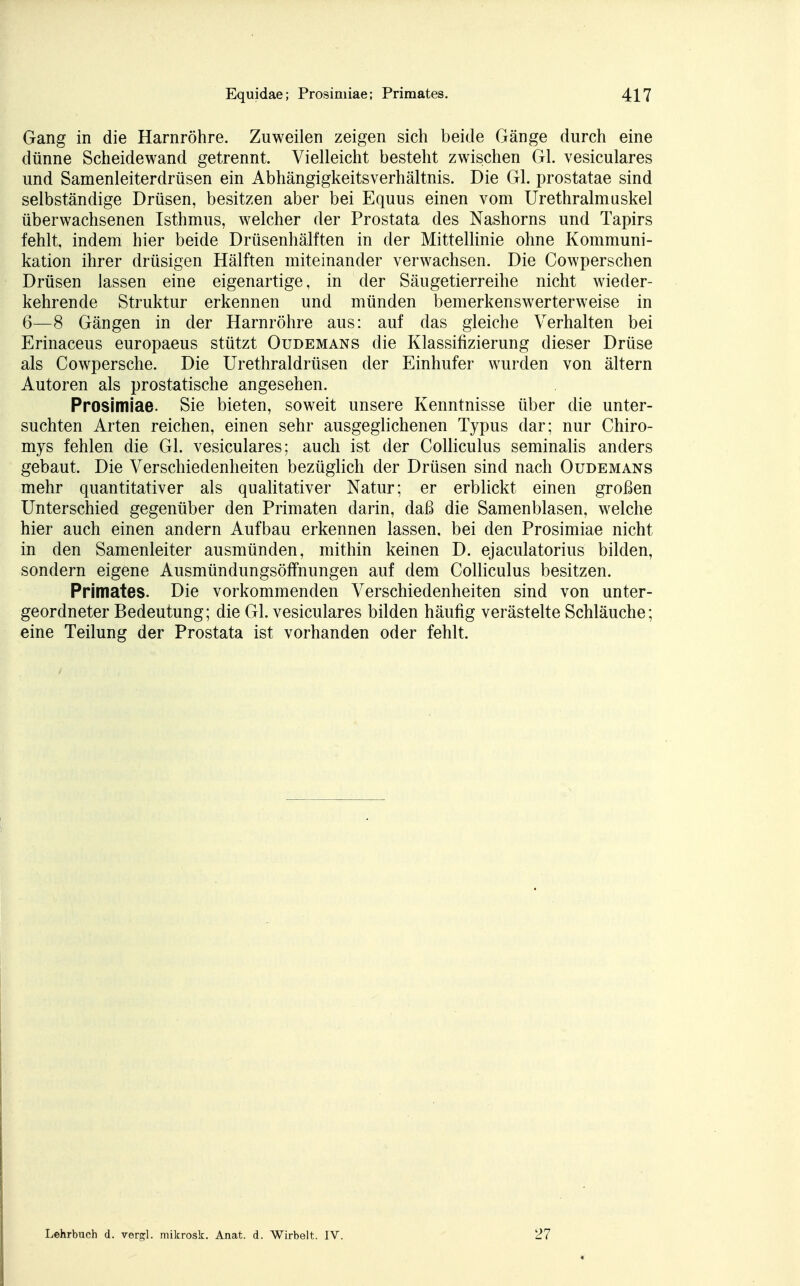 Gang in die Harnröhre. Zuweilen zeigen sich beide Gänge durch eine dünne Scheidewand getrennt. Vielleicht besteht zwischen Gl. vesiculares und Samenleiterdrüsen ein Abhängigkeitsverhältnis. Die Gl. prostatae sind selbständige Drüsen, besitzen aber bei Equus einen vom Urethralmuskel überwachsenen Isthmus, welcher der Prostata des Nashorns und Tapirs fehlt, indem hier beide Drüsenhälften in der Mittellinie ohne Kommuni- kation ihrer drüsigen Hälften miteinander verwachsen. Die Cowperschen Drüsen lassen eine eigenartige, in der Säugetierreihe nicht wieder- kehrende Struktur erkennen und münden bemerkenswerterweise in 6—8 Gängen in der Harnröhre aus: auf das gleiche Verhalten bei Erinaceus europaeus stützt Oudemans die Klassifizierung dieser Drüse als Cowpersche. Die Urethraldrüsen der Einhufer wurden von ältern Autoren als prostatische angesehen. Prosimiae. Sie bieten, soweit unsere Kenntnisse über die unter- suchten Arten reichen, einen sehr ausgeglichenen Typus dar; nur Chiro- mys fehlen die Gl. vesiculares; auch ist der Colliculus seminalis anders gebaut, Die Verschiedenheiten bezüglich der Drüsen sind nach Oudemans mehr quantitativer als qualitativer Natur; er erblickt einen großen Unterschied gegenüber den Primaten darin, daß die Samenblasen, welche hier auch einen andern Aufbau erkennen lassen, bei den Prosimiae nicht in den Samenleiter ausmünden, mithin keinen D. ejaculatorius bilden, sondern eigene Ausmündungsöffnungen auf dem Colliculus besitzen. Primates. Die vorkommenden Verschiedenheiten sind von unter- geordneter Bedeutung; die Gl. vesiculares bilden häufig verästelte Schläuche; eine Teilung der Prostata ist vorhanden oder fehlt. Lehrbuch d. vergl. mikrosk. Anat. d. Wirbelt. IV. 27