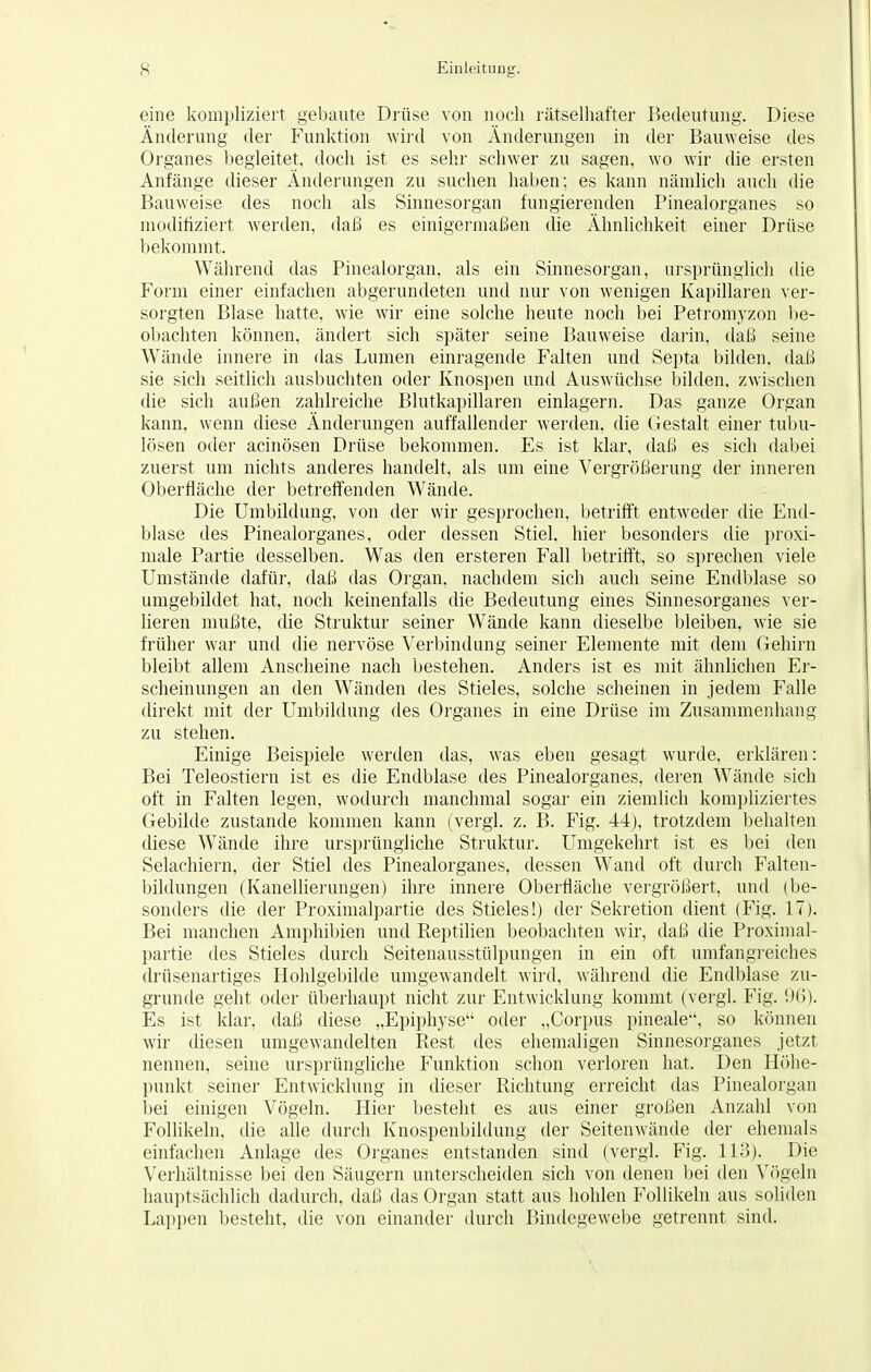 eine kompliziert gebaute Drüse von noch rätselhafter Bedeutung. Diese Änderung der Funktion wird von Änderungen in der Bauweise des Organes begleitet, doch ist es sehr schwer zu sagen, wo wir die ersten Anfänge dieser Änderungen zu suchen haben; es kann nämlich auch die Bauweise des noch als Sinnesorgan fungierenden Pinealorganes so modifiziert werden, daß es einigermaßen die Ähnlichkeit einer Drüse bekommt. Während das Pinealorgan, als ein Sinnesorgan, ursprünglich die Form einer einfachen abgerundeten und nur von wenigen Kapillaren ver- sorgten Blase hatte, wie wir eine solche heute noch bei Petromyzon be- obachten können, ändert sich später seine Bauweise darin, daß seine Wände innere in das Lumen einragende Falten und Septa bilden, daß sie sich seitlich ausbuchten oder Knospen und Auswüchse bilden, zwischen die sich außen zahlreiche Blutkapillaren einlagern. Das ganze Organ kann, wenn diese Änderungen auffallender werden, die Gestalt einer tubu- lösen oder acinösen Drüse bekommen. Es ist klar, daß es sich dabei zuerst um nichts anderes handelt, als um eine Vergrößerung der inneren Oberfläche der betreffenden Wände. Die Umbildung, von der wir gesprochen, betrifft entweder die End- blase des Pinealorganes, oder dessen Stiel, hier besonders die proxi- male Partie desselben. Was den ersteren Fall betrifft, so sprechen viele Umstände dafür, daß das Organ, nachdem sich auch seine Endblase so umgebildet hat, noch keinenfalls die Bedeutung eines Sinnesorganes ver- lieren mußte, die Struktur seiner Wände kann dieselbe bleiben, wie sie früher war und die nervöse Verbindung seiner Elemente mit dem Gehirn bleibt allem Anscheine nach bestehen. Anders ist es mit ähnlichen Er- scheinungen an den Wänden des Stieles, solche scheinen in jedem Falle direkt mit der Umbildung des Organes in eine Drüse im Zusammenhang zu stehen. Einige Beispiele werden das, was eben gesagt wurde, erklären: Bei Teleostiern ist es die Endblase des Pinealorganes, deren Wände sich oft in Falten legen, wodurch manchmal sogar ein ziemlich kompliziertes Gebilde zustande kommen kann (vergl. z. B. Fig. 44), trotzdem behalten diese Wände ihre ursprüngliche Struktur. Umgekehrt ist es bei den Selachiern, der Stiel des Pinealorganes, dessen Wand oft durch Falten- bildungen (Kanellierungen) ihre innere Oberfläche vergrößert, und (be- sonders die der Proximalpartie des Stieles!) der Sekretion dient (Fig. t7). Bei manchen Amphibien und Reptilien beobachten wir, daß die Proximal- partie des Stieles durch Seitenausstülpungen in ein oft umfangreiches drüsenartiges Hohlgebilde umgewandelt wird, während die Endblase zu- grunde gedit oder überhaupt nicht zur Entwicklung kommt (vergl. Fig. 96). Es ist klar, daß diese „Epiphyse oder „Corpus pineale, so können wir diesen umgewandelten Rest des ehemaligen Sinnesorganes jetzt nennen, seine ursprüngliche Funktion schon verloren hat. Den Höhe- punkt seiner Entwicklung in dieser Richtung erreicht das Pinealorgan bei einigen Vögeln. Hier besteht es aus einer großen Anzahl von Follikeln, die alle durch Knospenbildung der Seitenwände der ehemals einfachen Anlage des Organes entstanden sind (vergl. Fig. 113), Die Verhältnisse bei den Säugern unterscheiden sich von denen bei den Vögeln hauptsächlich dadurch, daß das Organ statt aus hohlen Follikeln aus soliden Lappen besteht, die von einander durch Bindegewebe getrennt sind.