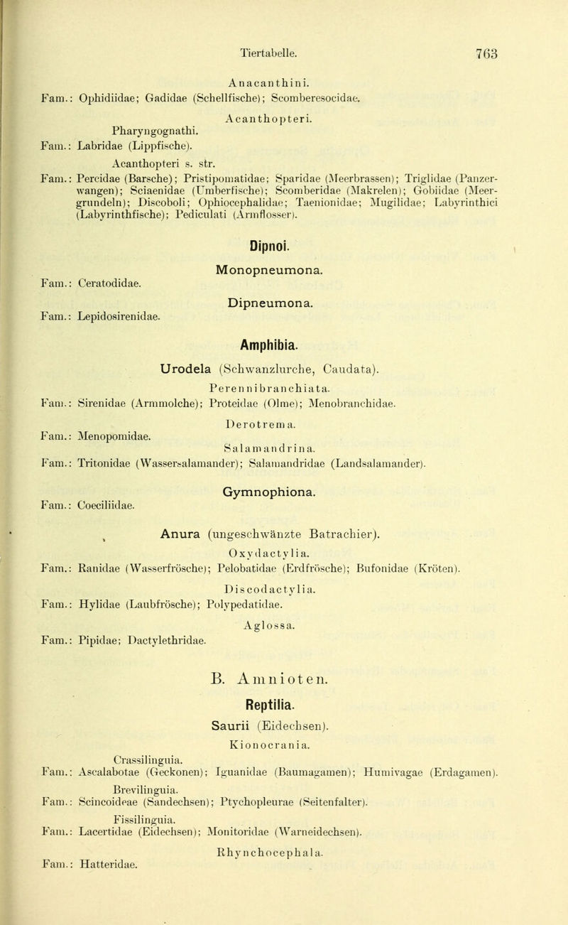 Anacanthini. Fam.: Ophidiidae; Gadidae (Schellfische); Scomberesocidae. Acanthopteri. Pharyngognathi. Fam.: Labridae (Lippfische). Acanthopteri s. str. Fam.: Percidae (Barsche); Pristipomatidae; Sparidae (Meerbrassen); Triglidae (Panzer- wangen); Sciaenidae (Umberfische); Scomberidae (Makrelen); Gobiidae (Meer- grundeln); Discoboli; Ophiocephalidae; Taenionidae; Mugilidae; Labyrinthici (Labyrinthfische); Pediculati (Armflosser). Dipnoi. Monopneumona. Fam.: Ceratodidae. Dipneumona. Fam.: Lepidosirenidae. Amphibia. Urodela (Schwanzlurche, Caudata). Peren ni branchiata. Fam.: Sirenidae (Armmolche); Proteidae (Olme); Menobranchidae. Derotrem a. Fam.: Menopomidae. Salamandrina. Fam.: Tritonidae (Wassersalamander); Salamandridae (Landsalamauder). Gymnophiona. Fam.: Coeciliidae. Anura (ungeschwänzte Batrachier). Oxy dacty lia. Fam.: Ranidae (Wasserfrösche); Pelobatidae (Erdfrösche); Bufonidae (Kröten). Discodactylia. Fam.: Hylidae (Laubfrösche); Polypedatidae. Aglossa. Fam.: Pipidae; Dactylethridae. B. Amnioten. Reptilia. Saurii (Eidechsen). Kion ocran i a. Crassilinguia. Fam.: Ascalabotae (Geckonen); Iguanidae (Baumagamen); Humivagae (Erdagamen). Brevilinguia. Fam.: Scincoideae (Sandechsen); Ptychopleurae (Seitenfalter). Fissilinguia. Fam.: Lacertidae (Eidechsen); Monitoridae (Warneidechsen). Rhynchocephala. Fam.: Hatteridae.