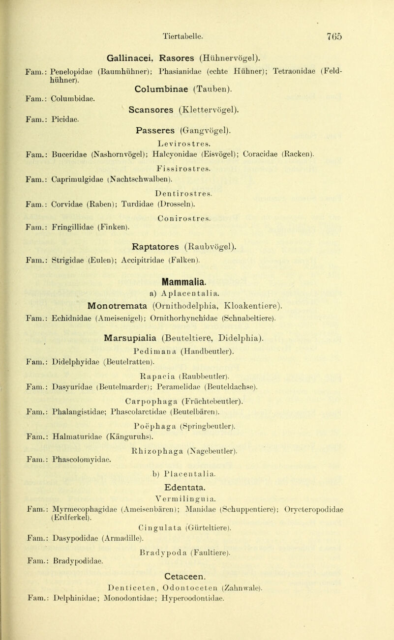 Gallinacei, Rasores (Hühnervögel). Farn.: Penelopidae (Baumhühner); Phasianidae (echte Hühner); Tetraonidae (Feld- hühner). Columbinae (Tauben). Farn.: Columbidae. Scansores (Klettervögel). Fam.: Picidae. Passeres (Gangvögel). Leviros tres. Fam.: Buceridae (Nashornvögel); Halcyonidae (Eisvögel); Coracidae (Racken). Fissirostres. Fam.: Caprimulgidae (Nachtschwalben). Dentirostres. Fam.: Corvidae (Raben); Turdidae (Drosseln). Conirostres. Fam.: Fringillidae (Finken). Raptatores (Raubvögel). Fam.: Strigidae (Eulen); Accipitridae (Falken). Mammalia. a) Aplacentalia. Monotremata (Ornithodelphia, Kloakentiere). Fam.: Echidnidae (Ameisenigel); Ornithorhynchidae (Schnabeltiere). Marsupialia (Beuteltiere, Didelphia). Pe di m an a (Handbeutler). Fam.: Didelphyidae (Beutelratten). R a p a c i a (Raubbeutler). Fam.: Dasyuridae (Beutelmarder); Peramelidae (Beuteldachse). Carpophaga (Früchtebeutler). Fam.: Phalangistidae; Phascolarctidae (Beutelbären). Poephaga (Springbeutler). Fam.: Halmaturidae (Känguruhs). Rhizophaga (Nagebeutler). Fam.: Phascolomyidae. b) Piacentalia. Edentata. Y e r m i 1 i n g u i a. Fam.: Myrmecophagidae (Ameisenbären); Manidae (Schuppentiere); Orycteropodidae (Erdferkel). Cingulata (Gürteltiere). Fam.: Dasypodidae (Armadille). Bradypoda (Faultiere). Fam.: Bradypodidae. Cetaceen. Denticeten, Odontoceten (Zahnvvale). Fam.: Delphinidae; Monodontidae; Hyperoodontidae.