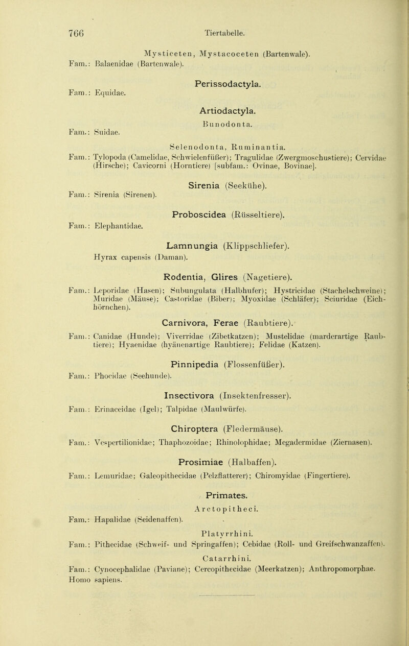 Mysticeten, Mystacoceten (Bartenwale). Farn.: ßalaenidae (Bartenwale). Perissodactyla. Fam.: Equiclae. Artiodactyla. Bunodonta. Fam.: Suidae. Selenodonta, Ruminantia. Fam.: Tylopoda (Camelidae, Schwielen füßer); Tragulidae (Zwergmoschustiere); Cervidae (Hirsche); Cavicorni (Horntiere) [subfam.: Ovinae, Bovinae]. Sirenia (Seekühe). Fam.: Sirenia (Sirenen). Proboscidea (Rüsseltiere). Fam.: Elephantidae. Lamnungia (Klippschliefer). Hyrax capensis (Daman). Rodentia, Glires (Nagetiere). Fam.: Leporidae (Hasen); Subungulata (Halbhufer); Hystricidae (Stachelschweine); Muridae (Mäuse); Castoridae (Biber); Myoxidae (Schläfer); Sciuridae (Eich- hörnchen). Carnivora, Ferae (Raubtiere). Fam.: Canidae (Hunde); Viverridae (Zibetkatzen); Mustelidae (marderartige Raub- tiere); Hyaenidae (hyänenartige Raubtiere); Felidae (Katzen). Pinnipedia (Flossenfüßer). Fam.: Phocidae (Seehunde). Insectivora (Insektenfresser). Fam.: Erinaceidae (Igel); Talpidae (Maulwürfe). Chiroptera (Fledermäuse). Fam.: Vespertilionidae; Thaphozoidae; Rhinolophidae; Megadermidae (Ziernasen). Prosimiae (Halbaffen). Fam.: Lemuridae; Galeopithecidae (Pelzfl atterer); Chiromyidae (Fingertiere). Primates. Arctopitheci. Fam.: Hapalidae (Seidenaffen). Platyrrhini. Fam.: Pithecidae (Schweif- und Springaffen); Cebidae (Roll- und Greifschwanzaffen). Catarrhini. Fam.: Cynocephalidae (Paviane); Cercopithecidae (Meerkatzen); Anthropomorphae. Homo sapiens.