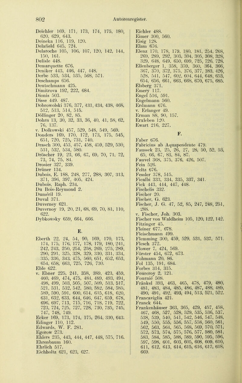 Deichler 169, 171, 173, 174, 175, 180, 620, 629, 643. Deineka 116, 119, 120. Delafield 645, 724. Delaroche 105, 106, 107, 120, 142, 144, 150, 161. Delisle 448. Demarquette 676. Deniker 443, 446, 447, 448. Derbe 533, 534, 535, 568, 571. Deschamps 656. Deutschmann 425. Dimitrova 192, 222, 684. Dionis 503. Disse 449. 487. Dobrowolski 376, 377, 431,434, 438, 468, 512, 513, 514, 515. Döllinger 20, 82, 85. Dohm 13, 30, 32, 33, 36, 40, 41, 58, 62, 76, 137. v. Dolkowski 457, 529, 548, 549, 569. Donders 169, 170, 172, 173, 175, 545, 651, 720, 725, 731, 740. Drasch 300, 453, 457, 458, 459, 529, 530, 531, 532, 534, 580. Dröscher 19, 23, 66, 67, 69, 70, 71, 72, 73, 74, 75, 84. Drosier 327, 339. Drüner 134. Dubois, E. 188, 248, 277, 288, 307, 313, 371, 396, 397, 405, 424. Dubois, Eaph. 234. Du Bois-Reymond 2. Dumeril 19. Duval 371. Duverney 621. Duvernoy 19, 20, 21, 68, 69, 70, 81, 110, 622. Dybkowsky 659, 664, 666. E. Eberth 22, 24, 54, 90, 169, 170, 173, 174, 175, 176, 177, 178, 179, 180, 241, 242, 243, 250, 254, 258, 269, 275, 289, 290, 291, 325, 328, 329, 330, 331, 334, 335, 336, 343, 475, 560, 651, 652, 653, 654, 658, 663, 725, 726, 730. Eble 622. v. Ebner 225, 241, 358, 389, 423, 459, 460, 469, 474, 475, 484, 489, 493, 494, 498, 499, 503, 505, 507, 509, 513, 517, 521, 531, 532, 542, 580, 582, 584, 585, 589, 590, 591, 600, 614, 615, 618, 620, 631, 632, 633, 644, 646, 647, 659, 678, 696, 697, 713, 715, 716, 718, 719, 722, 723, 724, 725, 727, 728, 730, 735, 745, 747, 748, 749. Ecker 169, 173, 174, 175, 264, 330, 643. Edinger 110, 112. Edwards, W. F. 281. Egorow 273. Ehlers 235, 443, 444, 447, 448, 575, 716. Ehrenbaum 160. Ehrlich 517. Eichholtz 621, 623, 627. Eichler 488. Eimer 300, 560. Eisig 128. Elam 676. Elenz 170, 178, 179, 180, 181, 254, 268, 269, 289, 292, 303, 304, 305, 308, 328, 329, 648, 649, 650, 699, 725, 726, 728. Ellenberger 1, 358, 359, 360, 364, 366, 367, 370, 372, 375, 376, 377, 383, 426, 528, 541, 547, 602, 604, 644, 648, 653, 654, 656, 661, 663, 668, 670, 675, 685. Eisberg 371. Emery 117. Engel 516, 591. Engelmann 560. Erclmann 676. v. Erlanger 49. Erman 88, 90, 157. Erxleben 120. Ewart 216, 227. F. Faber 676. Fabricius ab Aquapendente 479. Faussek 23, 25, 26, 27, 28, 50, 52, 53, 65, 66, 67, 83, 84, 87. Fauvel 368, 375, 376, 426, 507. Fein 526. Feltz 676. Fessler 378, 515. Ficalbi 333, 334, 335, 337, 341. Fick 443, 444, 447, 448. Fischeiis 332. Fischer 20. Fischer, Gr. 623. Fischer, J. G. 47, 52, 85, 247, 248, 251, 288. v. Fischer, Joh. 303. Fischer von Waldheim 105, 120, 122,142. Fitzinger 45. Fleiner 677, 678. Fleischmann 499. Flemming 300, 459, 529, 531, 537, 571. Flesch 372. Flower 7, 424, 569. Förster 454, 672, 673. Fohmann 20, 86. Fol 135, 191, 684. Forbes 314, 315. P^ourcroy 2, 121. Fournie 508. Frankel 393, 463, 465, 478, 479, 480, 481, 483, 484, 485, 486, 487, 488, 489, 490, 491, 492, 493, 494, 513, 521, 522. Francaviglia 421. Franck 644. Frankenhäuser 363, 365, 429, 457, 458, 467, 468, 527, 528, 529, 535, 536, 537, 538, 539, 540, 541, 542, 546, 547, 548, 549, 550, 555, 556, 557, 558, 560, 561, 562, 563, 564, 565, 568, 569, 570, 571, 572, 573, 574, 575, 576, 577, 580, 581, 583, 584, 585, 588, 589, 590, 595, 596, 597, 598, 601, 603, 605, 608, 609, 610, 611, 612, 613, 614, 615, 616, 617, 618, 669.