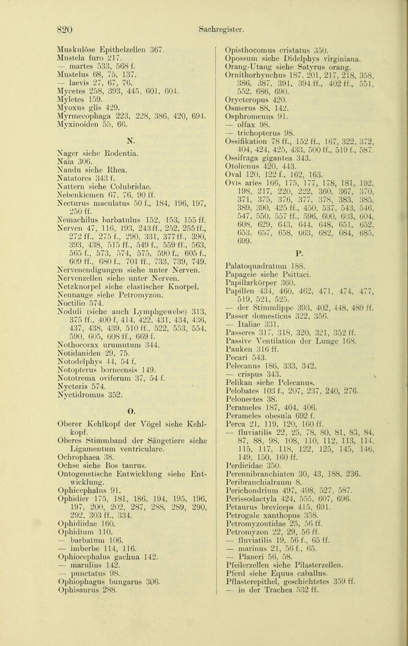 Muskulöse Epithelzellen 367. Mustela furo 217. — martes 533, 568 f. Mustelus 68, 75, 137. — laevis 27, 67, 76. Mycetes 258, 393, 445, 601, 604. Myletes 159. Myoxus glis 429. Myrmecophaga 223, 228, 386, 420, 694. Myxinoiden 55, 66. N. Nager siehe Eodentia. Naia 306. Nandu siehe Rhea. Natatores 343 f. Nattern siehe Colubridae. Nebenkiemen 67, 76, 9011. Necturus maculatus 501, 184, 196, 197, 250 ff. Nemachilus barbatulus 152, 153, 155 ff. Nerven 47, 116, 193, 243ff., 252, 255ff., 272 ff., 275 f., 290, 331, 377 ff., 390, 393, 438, 515 ff., 549 f., 559 ff., 563, 5651, 573, 574, 575, 5901, 6051, 609 fl, 6801, 701 11, 733, 739, 749. Nervenendigungen siehe unter Nerven. Nervenzellen siehe unter Nerven. Netzknorpel siehe elastischer Knorpel. Neunauge siehe Petromyzon. Noctilio 574. Noduli (siehe auch Lymphgewebe) 313, 375 ff., 400 f, 414, 422, 431, 434, 436, 437, 438, 439, 510 fl, 522, 553, 554, 590, 605, 608 fl, 6691 Nothocorax urumutum 344. Notidaniden 29, 75. Notodelphys 44, 541 Notopterus borneensis 149. Nototrema oviferum 37, 54 f. Nycteris 574. Nyctidromus 352. O. Oberer Kehlkopf der Vögel siehe Kehl- kopf. Oberes Stimmband der Säugetiere siehe Ligamentum ventriculare. Ochrophaea 38. Ochse siehe Bos taurus. Ontogenetische Entwicklung siehe Ent- wicklung. Ophicephalus 91. Ophidier 175, 181, 186, 194, 195, 196, 197, 200, 202, 287, 288, 289, 290, 292, 303 fl, 334. Ophidiidae 160. Ophidium 110. — barbatum 106. — imberbe 114, 116. Ophiocephalus gachua 142. — marulius 142. — punctatus 98. Ophiophagus bungarus 306. Ophisaurus 288. Opisthocomus cristatus 350. Opossum siehe Didelphys virginiana. Orang-Utang siehe Satvrus orang. Ornithorhvnchus 187, 201, 217, 218, 358, 386, 387, 391, 39411, 402 fl, 55l, 552, 686, 690. Orycteropus 420. Osmerus 88, 142. Osphromenus 91. — olfax 98. — trichopterus 98. Ossifikation 7811, 152 fl, 167, 322,372, 404, 424, 425, 433, 50011, 5191, 587. Ossifraga gigantea 343. Otolicnus 420, 443. Oval 120, 1221, 162, 163. Ovis aries 166, 175, 177, 178, 181, 192, 198, 217, 220, 222, 360, 367, 370, 371, 375, 376, 377, 378, 383, 385, 389, 390, 42511, 450, 537, 543, 546, 547, 550, 557 fl, 596, 600, 603, 604, 608, 629, 643, 644, 648, 651, 652, 653, 657, 658, 663, 682, 684, 685, 699. P. Palatoquadratum 188. Papageie siehe Psittaci. Papillarkörper 360. Papillen 434, 460, 462, 471, 474, 477, 519, 521, 525. — der Stimmlippe 393, 402, 448, 489 fl Passer domesticus 322, 356. — Italiae 331. Passeres 317, 318, 320, 321, 352 fl Passive Ventilation der Lunge 168. Pauken 316 ff. Pecari 543. Pelecanus 186, 333, 342. — crispus 343. Pelikan siehe Pelecanus. Pelobates 1031, 207, 237, 240, 276. Pelonectes 38. Perameles 187, 404, 406. Perameles obesula 692 1 Perca 21, 119, 120, 160 fl — fluviatilis 22, 25, 78, 80, 81, 83, 84, 87, 88, 98, 108, 110, 112, 113, 114, 115, 117, 118, 122, 125, 145, 146, 149, 150, 160 fl Perdicidae 350. Perennibranchiaten 30, 43, 188, 236. Peribranchialraum 8. Perichondrium 497, 498, 527, 587. Perissodactyla 424, 555, 607, 696. Petaurus breviceps 415, 691. Petrogale xanthopus 358. Petromyzontidae 25, 56 fl Petromyzon 22, 29, 56 ff. — fluviatilis 19, 56 1, 65 ff. — marinus 21, 56 f., 65. — Pianeri 56, 58. Pfeilerzellen siehe Pilasterzellen. Pferd siehe Equus caballus. Pflasterepithel, geschichtetes 359 ff. — in der Trachea 532 ff.