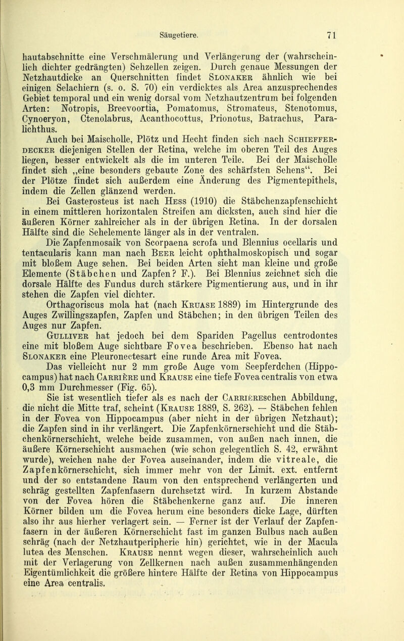 hautabschnitte eine Verschmälerung und Verlängerung der (wahrschein- lich dichter gedrängten) Sehzellen zeigen. Durch genaue Messungen der Netzhaut dicke an Querschnitten findet Slonaker ähnlich wie bei einigen Selachiern (s. o. S. 70) ein verdicktes als Area anzusprechendes Gebiet temporal und ein wenig dorsal vom Netzhautzentrum bei folgenden Arten: Notropis, Breevoortia, Pomatomus, Stromateus, Stenotomus, Cynoeryon, Ctenolabrus, Acanthocottus, Prionotus, Batrachus, Para- lichthus. Auch bei Maischolle, Plötz und Hecht finden sich nach Schieffer- DECKER diejenigen Stellen der Retina, welche im oberen Teil des Auges liegen, besser entwickelt als die im unteren Teile. Bei der Maischolle findet sich ,,eine besonders gebaute Zone des schärfsten Sehens. Bei der Plötze findet sich außerdem eine Änderung des Pigmentepithels, indem die Zellen glänzend werden. Bei Gasterosteus ist nach Hess (1910) die Stäbchenzapfenschicht in einem mittleren horizontalen Streifen am dicksten, auch sind hier die äußeren Körner zahlreicher als in der übrigen Retina. In der dorsalen Hälfte sind die Sehelemente länger als in der ventralen. Die Zapfenmosaik von Scorpaena scrofa und Blennius ocellaris und tentacularis kann man nach Beer leicht ophthalmoskopisch und sogar mit bloßem Auge sehen. Bei beiden Arten sieht man kleine und große Elemente (Stäbchen und Zapfen? F.). Bei Blennius zeichnet sich die dorsale Hälfte des Fundus durch stärkere Pigmentierung aus, und in ihr stehen die Zapfen viel dichter. Orthagoriscus mola hat (nach Kruase 1889) im Hintergrunde des Auges Zwillingszapfen, Zapfen und Stäbchen; in den übrigen Teilen des Auges nur Zapfen. Gulliver hat jedoch bei dem Spariden Pagellus centrodontes eine mit bloßem Auge sichtbare Fovea beschrieben. Ebenso hat nach Slonaker eine Pleuronectesart eine runde Area mit Fovea. Das vielleicht nur 2 mm große Auge vom Seepferdchen (Hippo- campus) hat nach Garriere und Krause eine tiefe Fovea centralis von etwa 0,3 mm Durchmesser (Fig. 65). Sie ist wesentlich tiefer als es nach der CARRiEREschen Abbildung, die nicht die Mitte traf, scheint (Krause 1889, S. 262). — Stäbchen fehlen in der Fovea von Hippocampus (aber nicht in der übrigen Netzhaut); die Zapfen sind in ihr verlängert. Die Zapfenkörnerschicht und die Stäb- chenkörnerschicht, welche beide zusammen, von außen nach innen, die äußere Körnerschicht ausmachen (wie schon gelegentlich S. 42, erwähnt wurde), weichen nahe der Fovea auseinander, indem die vitreale, die Zapfenkörnerschicht, sich immer mehr von der Limit, ext. entfernt und der so entstandene Raum von den entsprechend verlängerten und schräg gestellten Zapfenfasern durchsetzt wird. In kurzem Abstände von der Fovea hören die Stäbchenkerne ganz auf. Die inneren Körner bilden um die Fovea herum eine besonders dicke Lage, dürften also ihr aus hierher verlagert sein. — Ferner ist der Verlauf der Zapfen- fasern in der äußeren Körnerschicht fast im ganzen Bulbus nach außen schräg (nach der Netzhautperipherie hin) gerichtet, wie in der Macula lutea des Menschen. Krause nennt wegen dieser, wahrscheinlich auch mit der Verlagerung von Zellkernen nach außen zusammenhängenden Eigentümlichkeit die größere hintere Hälfte der Retina von Hippocampus eine Area centralis.