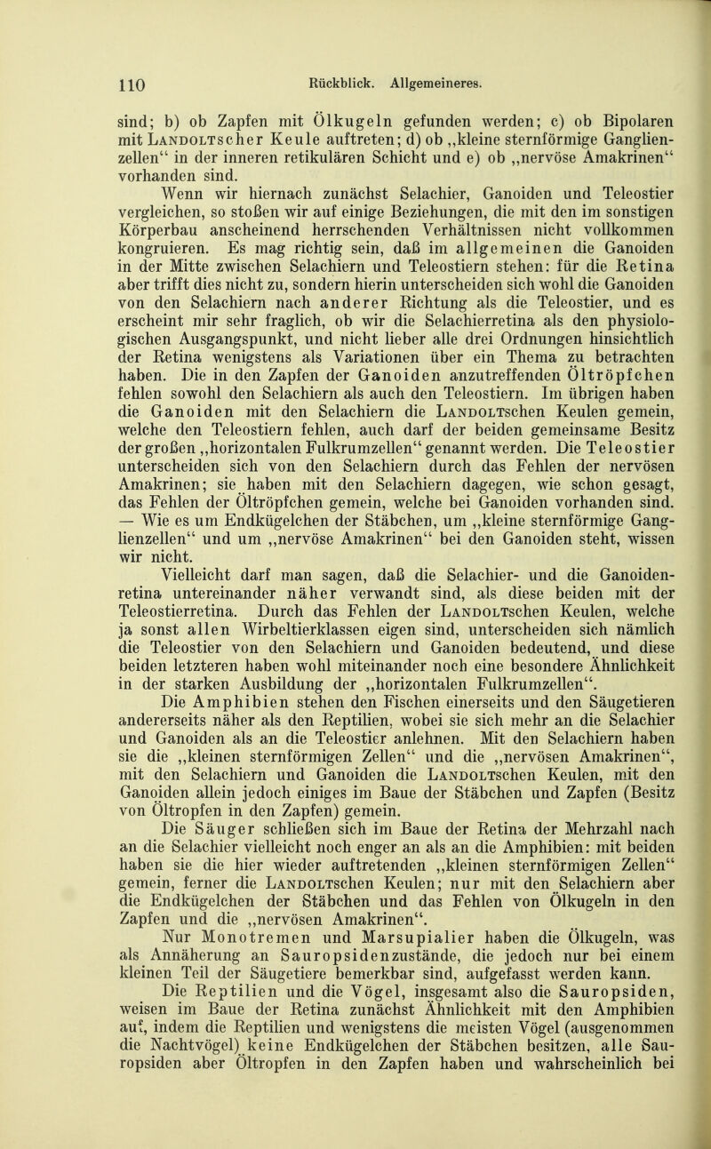 sind; b) ob Zapfen mit Ölkugeln gefunden werden; c) ob Bipolaren mit LANDOLTscher Keule auftreten; d) ob „kleine sternförmige Ganglien- zellen in der inneren retikulären Schicht und e) ob „nervöse Amakrinen vorhanden sind. Wenn wir hiernach zunächst Selachier, Ganoiden und Teleostier vergleichen, so stoßen wir auf einige Beziehungen, die mit den im sonstigen Körperbau anscheinend herrschenden Verhältnissen nicht vollkommen kongruieren. Es mag richtig sein, daß im allgemeinen die Ganoiden in der Mitte zwischen Selachiern und Teleostiern stehen: für die Retina aber trifft dies nicht zu, sondern hierin unterscheiden sich wohl die Ganoiden von den Selachiern nach anderer Richtung als die Teleostier, und es erscheint mir sehr fraglich, ob wir die Selachierretina als den physiolo- gischen Ausgangspunkt, und nicht lieber alle drei Ordnungen hinsichtlich der Retina wenigstens als Variationen über ein Thema zu betrachten haben. Die in den Zapfen der Ganoiden anzutreffenden Öltröpfchen fehlen sowohl den Selachiern als auch den Teleostiern. Im übrigen haben die Ganoiden mit den Selachiern die LANDOLTschen Keulen gemein, welche den Teleostiern fehlen, auch darf der beiden gemeinsame Besitz der großen ,,horizontalen Fulkrumzellen genannt werden. Die Teleostier unterscheiden sich von den Selachiern durch das Fehlen der nervösen Amakrinen; sie haben mit den Selachiern dagegen, wie schon gesagt, das Fehlen der Öltröpfchen gemein, welche bei Ganoiden vorhanden sind. — Wie es um Endkügelchen der Stäbchen, um „kleine sternförmige Gang- lienzellen und um ,,nervöse Amakrinen bei den Ganoiden steht, wissen wir nicht. Vielleicht darf man sagen, daß die Selachier- und die Ganoiden- retina untereinander näher verwandt sind, als diese beiden mit der Teleostierretina. Durch das Fehlen der LANDOLTschen Keulen, welche ja sonst allen Wirbeltierklassen eigen sind, unterscheiden sich nämlich die Teleostier von den Selachiern und Ganoiden bedeutend, und diese beiden letzteren haben wohl miteinander noch eine besondere Ähnlichkeit in der starken Ausbildung der ,,horizontalen Fulkrumzellen. Die Amphibien stehen den Fischen einerseits und den Säugetieren andererseits näher als den Reptilien, wobei sie sich mehr an die Selachier und Ganoiden als an die Teleostier anlehnen. Mit den Selachiern haben sie die ,,kleinen sternförmigen Zellen und die „nervösen Amakrinen, mit den Selachiern und Ganoiden die LANDOLTschen Keulen, mit den Ganoiden allein jedoch einiges im Baue der Stäbchen und Zapfen (Besitz von Öltropfen in den Zapfen) gemein. Die Säuger schließen sich im Baue der Retina der Mehrzahl nach an die Selachier vielleicht noch enger an als an die Amphibien: mit beiden haben sie die hier wieder auftretenden ,,kleinen sternförmigen Zellen gemein, ferner die LANDOLTschen Keulen; nur mit den Selachiern aber die Endkügelchen der Stäbchen und das Fehlen von Ölkugeln in den Zapfen und die ,,nervösen Amakrinen. Nur Monotremen und Marsupialier haben die Ölkugeln, was als Annäherung an Sauropsi den zustände, die jedoch nur bei einem kleinen Teil der Säugetiere bemerkbar sind, aufgefasst werden kann. Die Reptilien und die Vögel, insgesamt also die Sauropsiden, weisen im Baue der Retina zunächst Ähnlichkeit mit den Amphibien auf, indem die Reptilien und wenigstens die meisten Vögel (ausgenommen die Nachtvögel) keine Endkügelchen der Stäbchen besitzen, alle Sau- ropsiden aber Öltropfen in den Zapfen haben und wahrscheinlich bei