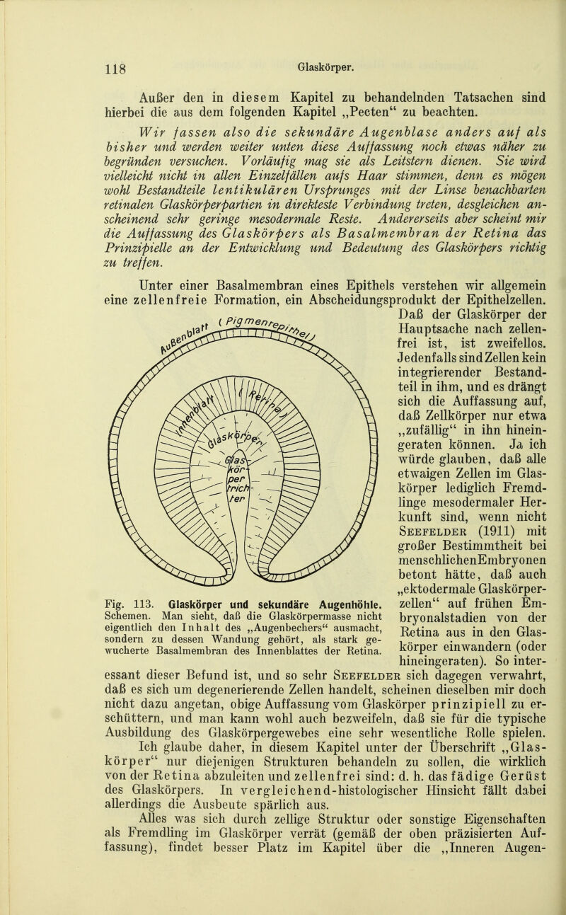 Außer den in diesem Kapitel zu behandelnden Tatsachen sind hierbei die aus dem folgenden Kapitel „Pecten zu beachten. Wir fassen also die sekundäre Augenblase anders auf als bisher und werden weiter unten diese Auffassung noch etwas näher zu begründen versuchen. Vorläufig mag sie als Leitstern dienen. Sie wird vielleicht nicht in allen Einzelfällen aufs Haar stimmen, denn es mögen wohl Bestandteile lentikulären Ursprunges mit der Linse benachbarten retinalen Glaskörperpartien in direkteste Verbindung treten, desgleichen an- scheinend sehr geringe mesodermale Reste. Andererseits aber scheint mir die Auffassung des Glaskörpers als Basalmembran der Retina das Prinzipielle an der Entwicklung und Bedeutung des Glaskörpers richtig zu treffen. Unter einer Basalmembran eines Epithels verstehen wir allgemein eine zellenfreie Formation, ein Abscheidungsprodukt der Epithelzellen. Daß der Glaskörper der Hauptsache nach zellen- frei ist, ist zweifellos. Jedenfalls sind Zellen kein integrierender Bestand- teil in ihm, und es drängt sich die Auffassung auf, daß Zellkörper nur etwa „zufällig in ihn hinein- geraten können. Ja ich würde glauben, daß alle etwaigen Zellen im Glas- körper lediglich Fremd- linge mesodermaler Her- kunft sind, wenn nicht Seefelder (1911) mit großer Bestimmtheit bei menschlichenEmbryonen betont hätte, daß auch „ektodermale Glaskörper- zellen auf frühen Em- bryonalstadien von der Ketina aus in den Glas- körper einwandern (oder hineingeraten). So inter- essant dieser Befund ist, und so sehr Seefelder sich dagegen verwahrt, daß es sich um degenerierende Zellen handelt, scheinen dieselben mir doch nicht dazu angetan, obige Auffassung vom Glaskörper prinzipiell zu er- schüttern, und man kann wohl auch bezweifeln, daß sie für die typische Ausbildung des Glaskörpergewebes eiae sehr wesentliche Rolle spielen. Ich glaube daher, in diesem Kapitel unter der Überschrift ,,Glas- körper nur diejenigen Strukturen behandeln zu sollen, die wirklich von der Retina abzuleiten und zellenfrei sind: d. h. das fädige Gerüst des Glaskörpers. In vergleichend-histologischer Hinsicht fällt dabei allerdings die Ausbeute spärlich aus. Alles was sich durch zellige Struktur oder sonstige Eigenschaften als Fremdling im Glaskörper verrät (gemäß der oben präzisierten Auf- fassung), findet besser Platz im Kapitel über die „Inneren Augen- Fig. 113. Glaskörper und sekundäre Augenhöhle. Schemen. Man sieht, daß die Glaskörpermasse nicht eigentlich den Inhalt des „Augenbechers ausmacht, sondern zu dessen Wandung gehört, als stark ge- wucherte Basalmembran des Innenblattes der Retina.