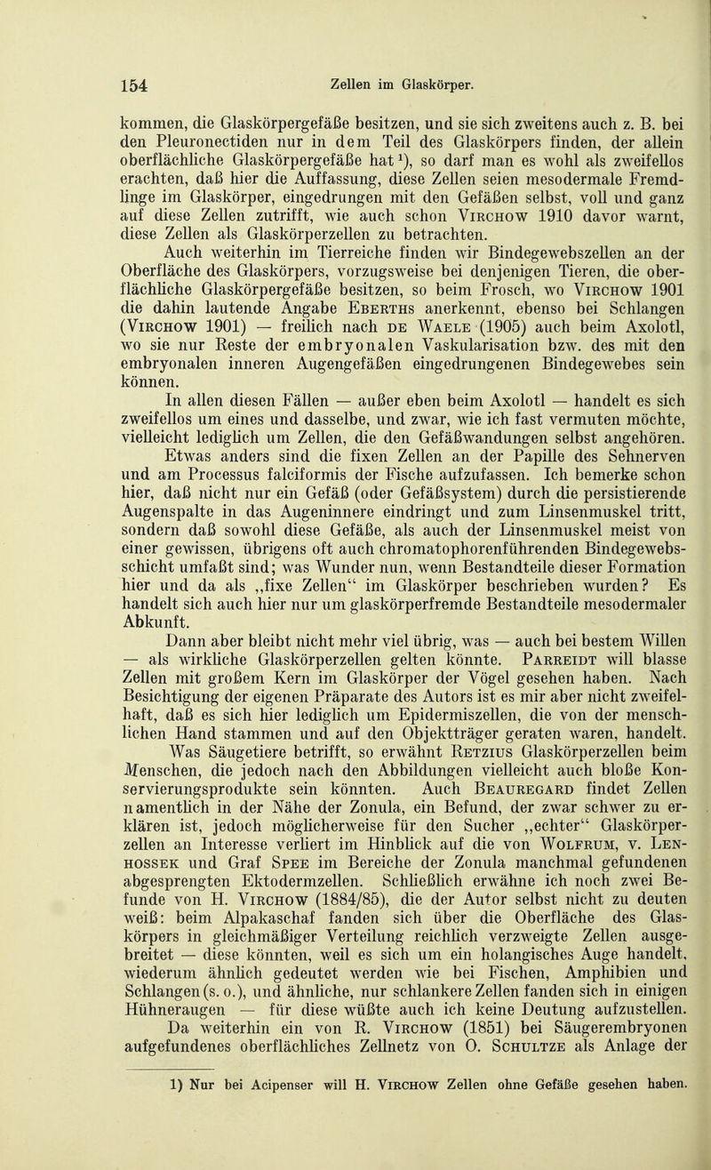 kommen, die Glaskörpergefäße besitzen, und sie sich zweitens auch z. B. bei den Pleuronectiden nur in dem Teil des Glaskörpers finden, der allein oberflächliche Glaskörpergefäße hat ^), so darf man es wohl als zweifellos erachten, daß hier die Auffassung, diese Zellen seien mesodermale Fremd- linge im Glaskörper, eingedrungen mit den Gefäßen selbst, voll und ganz auf diese Zellen zutrifft, wie auch schon Virchow 1910 davor warnt, diese Zellen als Glaskörperzellen zu betrachten. Auch weiterhin im Tierreiche finden wir Bindegewebszellen an der Oberfläche des Glaskörpers, vorzugsweise bei denjenigen Tieren, die ober- flächliche Glaskörpergefäße besitzen, so beim Frosch, wo Virchow 1901 die dahin lautende Angabe Eberths anerkennt, ebenso bei Schlangen (Virchow 1901) — freilich nach de Waele (1905) auch beim Axolotl, wo sie nur Reste der embryonalen Vaskularisation bzw. des mit den embryonalen inneren Augengefäßen eingedrungenen Bindegewebes sein können. In allen diesen Fällen — außer eben beim Axolotl — handelt es sich zweifellos um eines und dasselbe, und zwar, wie ich fast vermuten möchte, vielleicht lediglich um Zellen, die den Gefäßwandungen selbst angehören. Etwas anders sind die fixen Zellen an der Papille des Sehnerven und am Processus falciformis der Fische aufzufassen. Ich bemerke schon hier, daß nicht nur ein Gefäß (oder Gefäßsystem) durch die persistierende Augenspalte in das Augeninnere eindringt und zum Linsenmuskel tritt, sondern daß sowohl diese Gefäße, als auch der Linsenmuskel meist von einer gewissen, übrigens oft auch chromatophorenführenden Bindegewebs- schicht umfaßt sind; was Wunder nun, wenn Bestandteile dieser Formation hier und da als ,,fixe Zellen im Glaskörper beschrieben wurden? Es handelt sich auch hier nur um glaskörperfremde Bestandteile mesodermaler Abkunft. Dann aber bleibt nicht mehr viel übrig, was — auch bei bestem WiUen — als wirkliche Glaskörperzellen gelten könnte. Parreidt will blasse Zellen mit großem Kern im Glaskörper der Vögel gesehen haben. Nach Besichtigung der eigenen Präparate des Autors ist es mir aber nicht zweifel- haft, daß es sich hier lediglich um Epidermiszellen, die von der mensch- lichen Hand stammen und auf den Objektträger geraten waren, handelt. Was Säugetiere betrifft, so erwähnt Retzius Glaskörperzellen beim ifenschen, die jedoch nach den Abbildungen vielleicht auch bloße Kon- servierungsprodukte sein könnten. Auch Beauregard findet Zellen namentüch in der Nähe der Zonula, ein Befund, der zwar schwer zu er- klären ist, jedoch möghcherweise für den Sucher ,,echter Glaskörper- zellen an Interesse verhört im Hinblick auf die von Wolfrum, v. Len- HOSSEK und Graf Spee im Bereiche der Zonula manchmal gefundenen abgesprengten Ektodermzellen. SchUeßhch erwähne ich noch zwei Be- funde von H. Virchow (1884/85), die der Autor selbst nicht zu deuten weiß: beim Alpakaschaf fanden sich über die Oberfläche des Glas- körpers in gleichmäßiger Verteilung reichlich verzweigte Zellen ausge- breitet — diese könnten, weil es sich um ein holangisches Auge handelt, wiederum ähnüch gedeutet werden wie bei Fischen, Amphibien und Schlangen (s. o.), und ähnhche, nur schlankere Zellen fanden sich in einigen Hühneraugen — für diese wüßte auch ich keine Deutung aufzustellen. Da weiterhin ein von R. Virchow (1851) bei Säugerembryonen aufgefundenes oberflächUches Zellnetz von 0. Schultze als Anlage der 1) Nur bei Acipenser will H. Virchow Zellen ohne Gefäße gesehen haben.