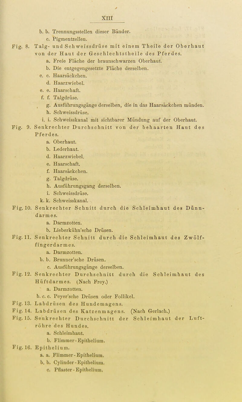 b. b. Trennungsstellen dieser Bänder. c. Pigraentzellen. Fig. 8. Talg- und Schweissdrüse mit einem Theile der Oberhaut von der Haut der Geschlechtstheile des Pferdes. a. Freie Fläche der braunschwarzen Oberhaut. b. Die entgegengesetzte Fläche derselben. c. c. Haarsäckchen. d. Haarzwiebel. e. e. Haarschaft. f. f. Talgdrüse. g. Ausführungsgänge derselben, die in das Haarsäckchen münden. h. Schweissdrüse. i. i. Schweisskanal mit sichtbarer Mündung auf der Oberhaut. Fig. 9. Senkrechter Durchschnitt von der behaarten Haut des Pferdes. a. Oberhaut. b. Lederhaut. d. Haarzwiebel. e. Haarschaft. f. Haarsäckchen. g. Talgdrüse. h. Ausführungsgang derselben. i. Schweissdrüse. k. k. Schweisskanal. Fig. 10. Senkrechter Schnitt durch die Schleimhaut des Dünn- darmes. a. Darmzotten. b. Lieberkühn'sche Drüsen. Fig. 11. Senkrechter Schnitt durch die Schleimhaut des Zwölf- fingerdarmes, a. Darmzotten, b. b. Brunner'sche Drüsen. c. Ausführungsgänge derselben. Fig. 12. Senkrechter Durchschnitt durch die Schleimhaut des Hüftdarmes. (Nach Frey.) a. Darmzotten, b. c. c. Peyer'sche Drüsen oder Follikel. Fig. 13. Labdrüsen des Hundemagens. Fig. 14. Labdrüsen des Katzenmagens. (Nach Gerlach.) Fig. 15. Senkrechter Durchschnitt der Schleimhaut der Luft- röhre des Hundes. a. Schleimhaut. b. Flimmer-Epithelium. Fig. IG. Epithel ium. a. a. Flimmer-Epithelium. b. b. Cylinder-Epithelium. c. Pflaster-Epithelium.