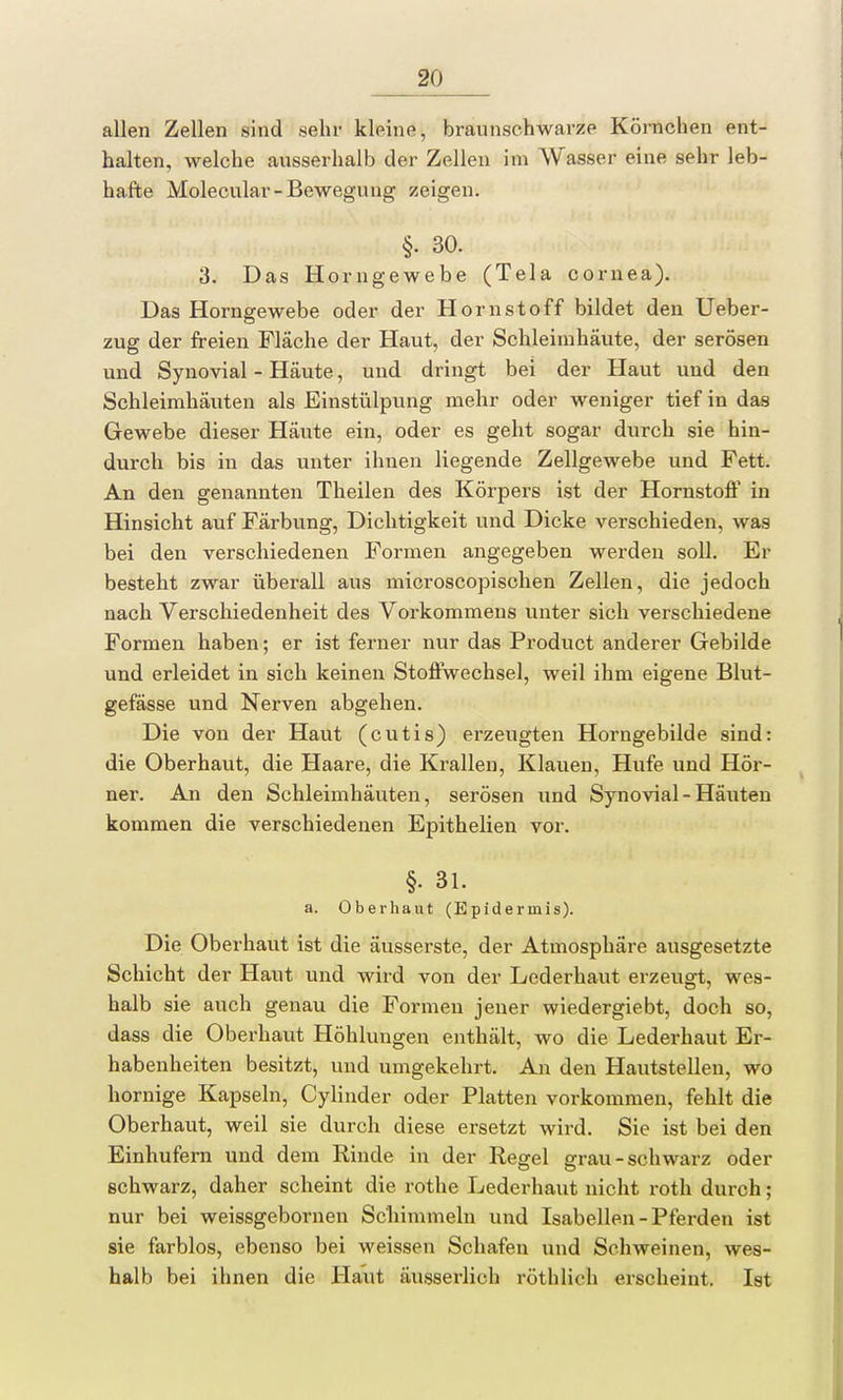 allen Zellen sind sehr kleine, braunschwarze Körnchen ent- halten, welche ausserhalb der Zellen im Wasser eine sehr leb- hafte Molecular-Bewegung zeigen. §. 30. 3. Das Horngewebe (Tela Cornea). Das Horngewebe oder der Horn st off bildet den Ueber- zug der freien Fläche der Haut, der Schleimhäute, der serösen und Synovial - Häute, und dringt bei der Haut und den Schleimhäuten als Einstülpung mehr oder weniger tief in das Gewebe dieser Häute ein, oder es geht sogar durch sie hin- durch bis in das unter ihnen liegende Zellgewebe und Fett. An den genannten Theilen des Körpers ist der Hornston0 in Hinsicht auf Färbung, Dichtigkeit und Dicke verschieden, was bei den verschiedenen Formen angegeben werden soll. Er besteht zwar überall aus microscopischen Zellen, die jedoch nach Verschiedenheit des Vorkommens unter sich verschiedene Formen haben; er ist ferner nur das Product anderer Gebilde und erleidet in sich keinen Stoffwechsel, weil ihm eigene Blut- gefässe und Nerven abgehen. Die von der Haut (cutis) erzeugten Horngebilde sind: die Oberhaut, die Haare, die Krallen, Klauen, Hufe und Hör- ner. An den Schleimhäuten, serösen und Synovial - Häuten kommen die verschiedenen Epithelien vor. §• 81. a. Oberhaut (Epidermis). Die Oberhaut ist die äusserste, der Atmosphäre ausgesetzte Schicht der Haut und wird von der Lederhaut erzeugt, wes- halb sie auch genau die Formen jener wiedergiebt, doch so, dass die Oberhaut Höhlungen enthält, wo die Lederhaut Er- habenheiten besitzt, und umgekehrt. An den Hautstellen, wo hornige Kapseln, Cylinder oder Platten vorkommen, fehlt die Oberhaut, weil sie durch diese ersetzt wird. Sie ist bei den Einhufern und dem Rinde in der Regel grau-schwarz oder schwarz, daher scheint die rothe Lederhaut nicht roth durch; nur bei weissgebornen Schimmeln und Isabellen - Pferden ist sie farblos, ebenso bei weissen Schafen und Schweinen, wes- halb bei ihnen die Haut äusserlich röthlich erscheint. Ist
