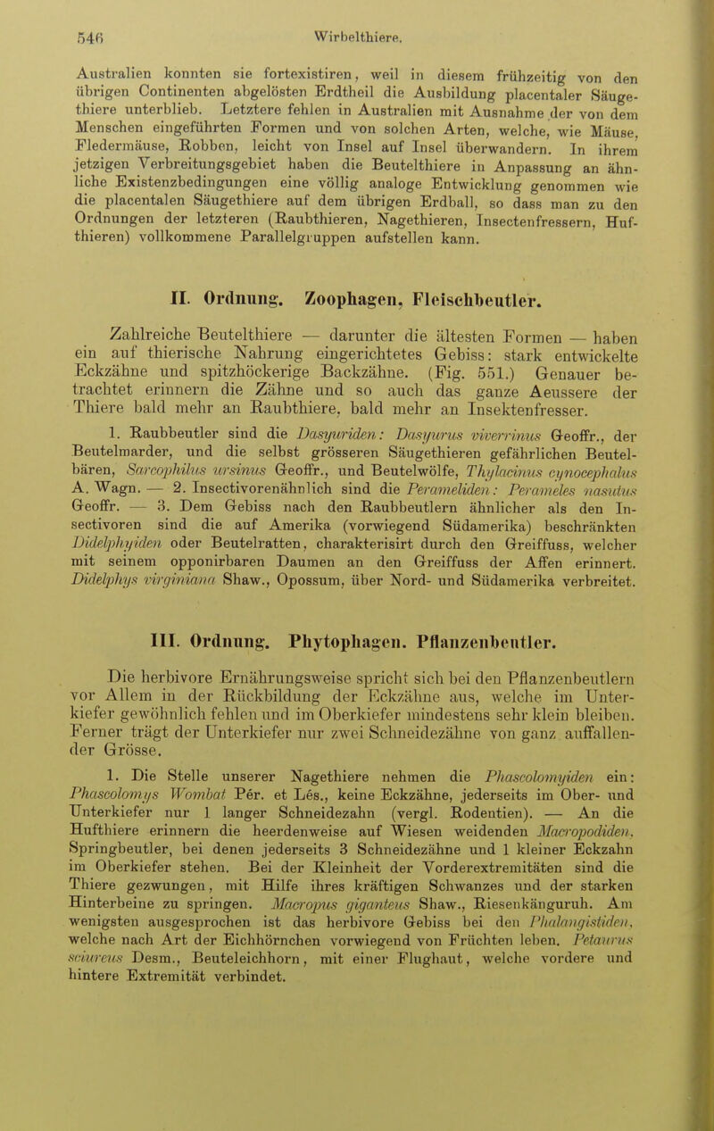 Australien konnten sie fortexistiren, weil in diesem frühzeitig von den übrigen Continenten abgelösten Erdtheil die Ausbildung placentaler Säuge- tbiere unterblieb. Letztere fehlen in Australien mit Ausnahme der von dem Menschen eingeführten Formen und von solchen Arten, welche, wie Mäuse Fledermäuse, Eobben, leicht von Insel auf Insel überwandern. In ihrem jetzigen Verbreitungsgebiet haben die Beutelthiere in Anpassung an ähn- liche Existenzbedingungen eine völlig analoge Entwicklung genommen wie die placentalen Säugethiere auf dem übrigen Erdball, so dass man zu den Ordnungen der letzteren (Raubthieren, Nagethieren, Insectenfressern, Huf- thieren) vollkommene Parallelgruppen aufstellen kann. II. Ordnung. Zoophagen, Fleischbeutler. Zahlreiche Beutelthiere — darunter die ältesten Formen — haben ein auf thierische Nahrung eingerichtetes Gebiss: stark entwickelte Eckzähne und spitzhöckerige Backzähne. (Fig. 551.) Genauer be- trachtet erinnern die Zähne und so auch das ganze Aeussere der Thiere bald mehr an Eaubthiere, bald mehr an Insektenfresser. 1. Raubbeutler sind die Dasyuriden: Dasyurus viverrinus Q-eo£Pr., der Beutelmarder, und die selbst grösseren Säugethieren gefährlichen Beutel- bären, Sarcojjhilus ursinus GreofFr., und Beutelwölfe, Thylacinus cynocephcilus A. Wagn.— 2. Insectivorenähnlich sind die Perameliden: Percmeles nasiihts Greoffr. — 3. Dem Gebiss nach den Raubbeutlern ähnlicher als den In- sectivoren sind die auf Amerika (vorwiegend Südamerika) beschränkten Didelphyiden oder Beutelratten, charakterisirt durch den Greiffuss, welcher mit seinem opponirbaren Daumen an den Greiffuss der AflFen erinnert. Didelphys mrgimana Shaw., Opossum, über Nord- und Südamerika verbreitet. III. Ordnung. Phytopliagen. Pflanzenbentler. Die herbivore Ernährungsweise spricht sich bei den Pflanzenbeutlern vor Allem in der Rückbildung der Eckzähne aus, welche im Untei- kiefer gewöhnlich fehlen und im Oberkiefer mindestens sehr klein bleiben. Ferner trägt der Unterkiefer nur zwei Schneidezähne von ganz, auffallen- der Grösse. 1. Die Stelle unserer Nagethiere nehmen die Phascolomyiden ein: Phascolomys Womhat Per. et Les,, keine Eckzähne, jederseits im Ober- und Unterkiefer nur 1 langer Schneidezahn (vergl. Eodentien). — An die Hufthiere erinnern die heerdenweise auf Wiesen weidenden Maeropodiden. Springbeutler, bei denen jederseits 3 Schneidezähne und 1 kleiner Eckzahn im Oberkiefer stehen. Bei der Kleinheit der Vorderextremitäten sind die Thiere gezwungen, mit Hilfe ihres kräftigen Schwanzes und der starken Hinterbeine zu springen. MacrojJUS giganteus Shaw., Riesenkänguruh. Am wenigsten ausgesprochen ist das herbivore Gebiss bei den PImlangistiden, welche nach Art der Eichhörnchen vorwiegend von Früchten leben. Petaunis snureus Desm., Beuteleichhorn, mit einer Flughaut, welche vordere und hintere Extremität verbindet.