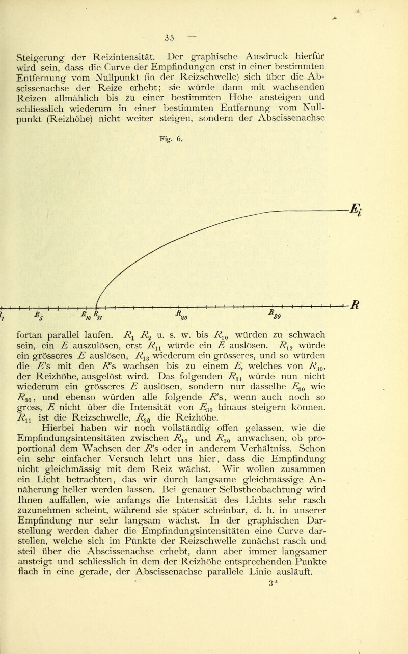 Steigerung der Reizintensität. Der graphische Ausdruck hierfür wird sein, dass die Curve der Empfindungen erst in einer bestimmten Entfernung vom Nullpunkt (in der Reizschwelle) sich über die Ab- scissenachse der Reize erhebt; sie würde dann mit wachsenden Reizen allmähhch bis zu einer bestimmten Höhe ansteigen und schHesslich wiederum in einer bestimmten Entfernung vom Null- punkt (Reizhöhe) nicht weiter steigen, sondern der Abscissenachse Fig. 6. fortan parallel laufen. u. s. w. bis R^^ würden zu schwach sein, ein E auszulösen, erst R^^ würde ein E auslösen. R^^. würde ein grösseres E auslösen, R^^ wiederum ein grösseres, und so würden die ^'s mit den R's> wachsen bis zu einem E, welches von R^^^, der Reizhöhe, ausgelöst wird. Das folgenden R^^ würde nun nicht wiederum ein grösseres E auslösen, sondern nur dasselbe E^^ wie i?3o, und ebenso würden alle folgende i?'s, wenn auch noch so gross, E nicht über die Intensität von E^^ hinaus steigern können. R^^ ist die Reizschwelle, R.^^ die Reizhöhe. Hierbei haben wir noch vollständig offen gelassen, wie die Empfindungsintensitäten zwischen R^^ und i^go anwachsen, ob pro- portional dem Wachsen der R's oder in anderem Verhältniss. Schon ein sehr einfacher Versuch lehrt uns hier, dass die Empfindung nicht gleichmässig mit dem Reiz wächst. Wir wollen zusammen ein Licht betrachten, das wir durch langsame gleichmässige An- näherung heller werden lassen. Bei genauer Selbstbeobachtung wird Ihnen auffallen, wie anfangs die Intensität des Lichts sehr rasch zuzunehmen scheint, während sie später scheinbar, d. h. in unserer Empfindung nur sehr langsam wächst. In der graphischen Dar- stellung werden daher die Empfindungsintensitäten eine Curve dar- stellen, welche sich im Punkte der Reizschwelle zunächst rasch und steil über die Abscissenachse erhebt, dann aber immer langsamer ansteigt und schliesslich in dem der Reizhöhe entsprechenden Punkte flach in eine gerade, der Abscissenachse parallele Linie ausläuft. 3 *