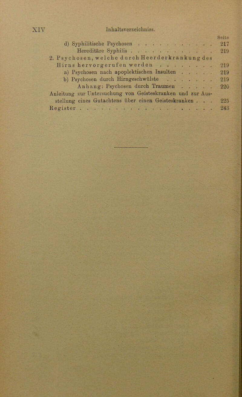 Seite d) Syphilitische Psychosen 217 Hereditäre Syphilis 219 2. Psychosen, welche durchHeerderkrankungdes Hirns hervorgerufen werden 219 a) Psychosen nach apoplektischen Insulten 219 b) Psychosen durch Hirngeschwülste 219 Anhang: Psychosen durch Traumen 220 Anleitung zur Untersuchung von Geisteskranken und zur Aus- stellung eines Gutachtens über einen Geisteskranken . . . 225 Register 243