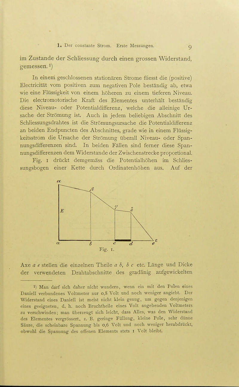 im Zustande der Schliessung durch einen grossen Widerstand, gemessen. ^) In einem, geschlossenen stationären Strome fliesst die (positive) Electricität vom positiven zum negativen Pole beständig ab, etwa wie eine Flüssigkeit von einem höheren zu einem tieferen Niveau. Die electromotorische Kraft des Elementes unterhält beständig diese Niveau- oder Potentialdifferenz, welche die alleinige Ur- sache der Strömung ist. Auch in jedem beliebigen Abschnitt des Schliessungsdrahtes ist die Strömungsursache die PotentialdüTerenz an beiden Endpuncten des Abschnittes, grade wie in einem Flüssig- keitsstrom die Ursache der Strömung überall Niveau- oder Span- nungsdifferenzen sind. In beiden Fällen sind femer diese Span- nungsdifferenzen dem Widerstande der Zwischenstrecke proportional. Fig. I drückt demgemäss die Potentialhöhen im Schlies- sungsbogen einer Kette durch Ordinatenhöhen aus. Auf der cc Fig. I. Axe a e stellen die einzelnen Theile a b, b c etc. Länge und Dicke der verwendeten Drahtabschnitte des gradlinig aufgewickelten 1) Man darf sich daher nicht wundern, wenn ein mit den Polen eines Daniell verbundenes Voltmeter nur o,8 Volt und noch weniger angiebt. Der Widerstand eines Daniell ist meist nicht klein genug, um gegen denjenigen eines geeigneten, d. h. noch Bruchtheile eines Volt angebenden Voltmeters zu verschwinden; man überzeugt sich leicht, dass Alles, was den Widerstand des Elementes vergrössert, z. B. geringe Füllung, kleine Pole, sehr dünne Säure, die scheinbare Spannung bis o,6 Volt und noch weniger herabdrückt, obwohl die Spannung des offenen Elements stets i Volt bleibt.