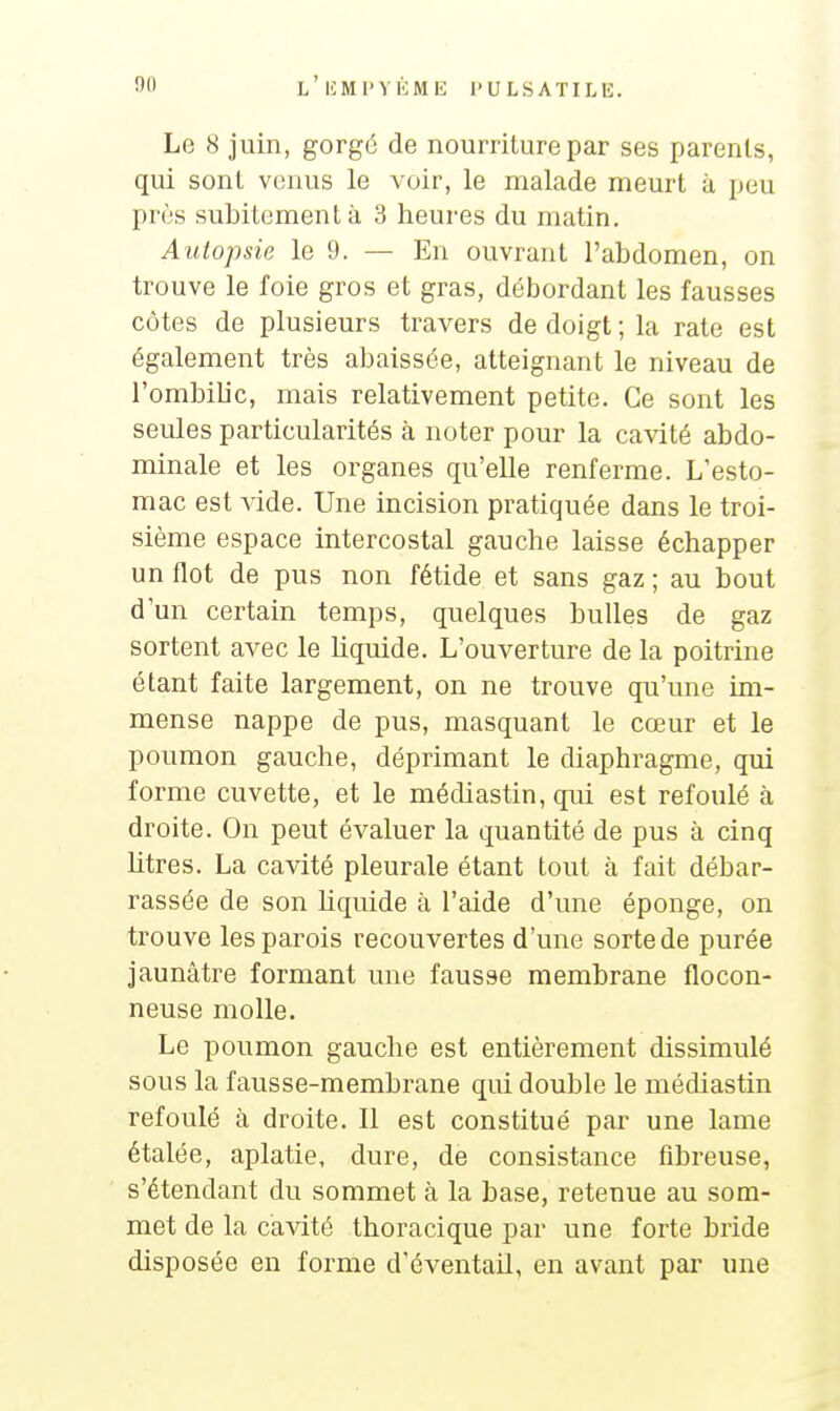 Le 8 juin, gorgé de nourriture par ses parents, qui sont vonus le voir, le malade meurt à peu près subitement à 3 heures du matin. Autopsie le 9. — En ouvrant l'abdomen, on trouve le foie gros et gras, débordant les fausses côtes de plusieurs travers de doigt; la rate est également très abaissée, atteignant le niveau de l'ombilic, mais relativement petite. Ce sont les seules particularités à noter pour la cavité abdo- minale et les organes qu'elle renferme. L'esto- mac est ^dde. Une incision pratiquée dans le troi- sième espace intercostal gauche laisse échapper un flot de pus non fétide et sans gaz ; au bout d'un certain temps, quelques bulles de gaz sortent avec le liquide. L'ouverture de la poitrine étant faite largement, on ne trouve qu'une im- mense nappe de pus, masquant le cœur et le poumon gauche, déprimant le diaphragme, qui forme cuvette, et le médiastin, qui est refoulé à droite. On peut évaluer la quantité de pus à cinq litres. La cavité pleurale étant tout à fait débar- rassée de son Kquide à l'aide d'une éponge, on trouve les parois recouvertes d'une sorte de purée jaunâtre formant une fausse membrane flocon- neuse molle. Le poumon gauche est entièrement dissimulé sous la fausse-membrane qui double le médiastin refoulé à droite. 11 est constitué par une lame étalée, aplatie, dure, de consistance fibreuse, s'étendant du sommet à la base, retenue au som- met de la cavité thoracique par une forte bride disposée en forme d'éventail, en avant par une
