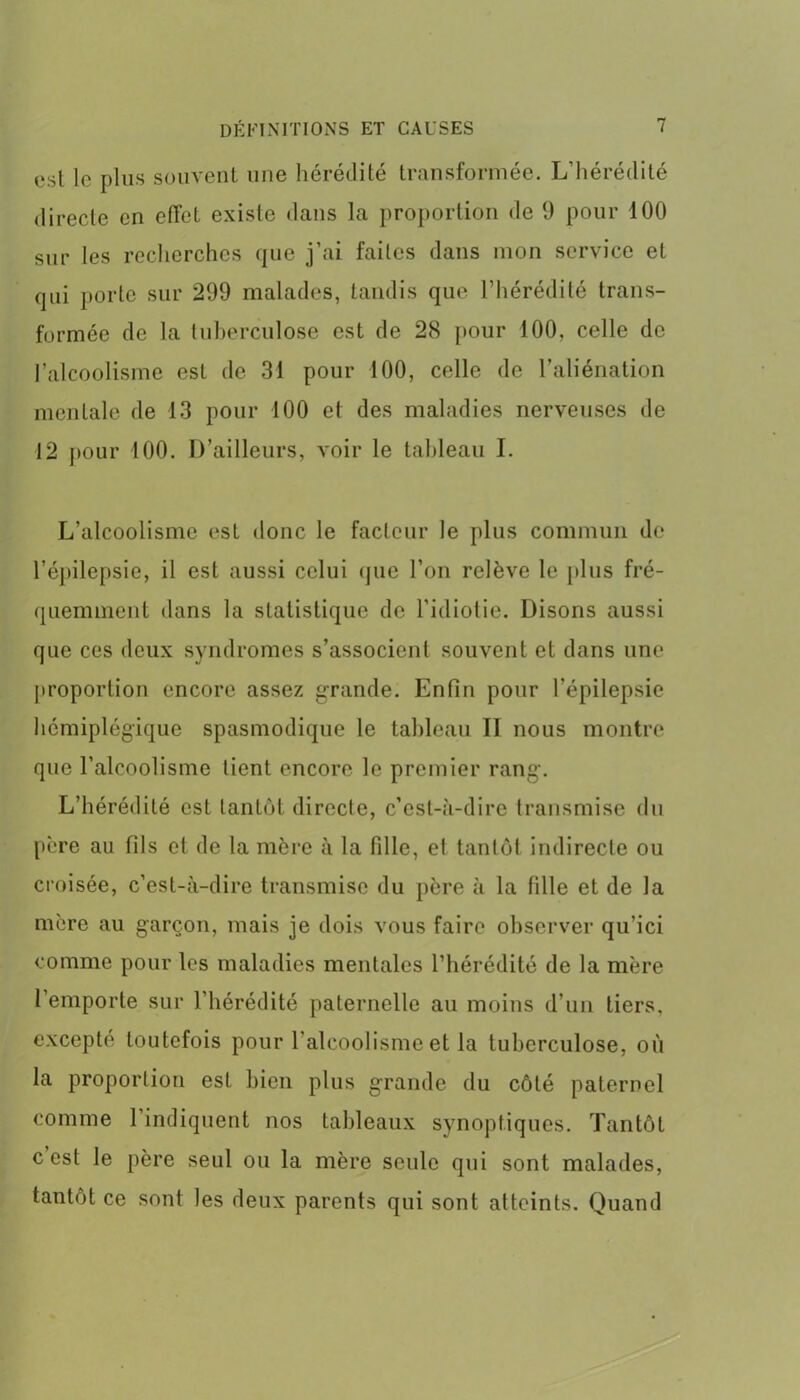 esl le plus souvent une hérédité transformée. L’hérédité directe en effet existe dans la proportion de 9 pour 100 sur les recherches que j’ai faites dans mon service et qui porte sur 299 malades, tandis que l’hérédité trans- formée de la tuberculose est de 28 pour 100, celle de l’alcoolisme est de 31 pour 100, celle de l’aliénation mentale de 13 pour 100 et des maladies nerveuses de 12 pour 100. D’ailleurs, voir le tableau I. L’alcoolisme est donc le facteur le plus commun de l’épilepsie, il est aussi celui que l’on relève le [tins fré- quemment dans la statistique de l’idiotie. Disons aussi que ces deux syndromes s’associent souvent et dans une proportion encore assez grande. Enfin pour l’épilepsie hémiplégique spasmodique le tableau II nous montre que l’alcoolisme tient encore le premier rang. L’hérédité est tantôt directe, c’est-à-dire transmise du père au fils et de la mère à la fille, et tantôt indirecte ou croisée, c’est-à-dire transmise du père à la fille et de la mère au garçon, mais je dois vous faire observer qu’ici comme pour les maladies mentales l’hérédité de la mère l’emporte sur l’hérédité paternelle au moins d’un tiers, excepté toutefois pour l’alcoolisme et la tuberculose, où la proportion est bien plus grande du côté paternel comme 1 indiquent nos tableaux synoptiques. Tantôt c est le père seul ou la mère seule qui sont malades, tantôt ce sont les deux parents qui sont atteints. Quand