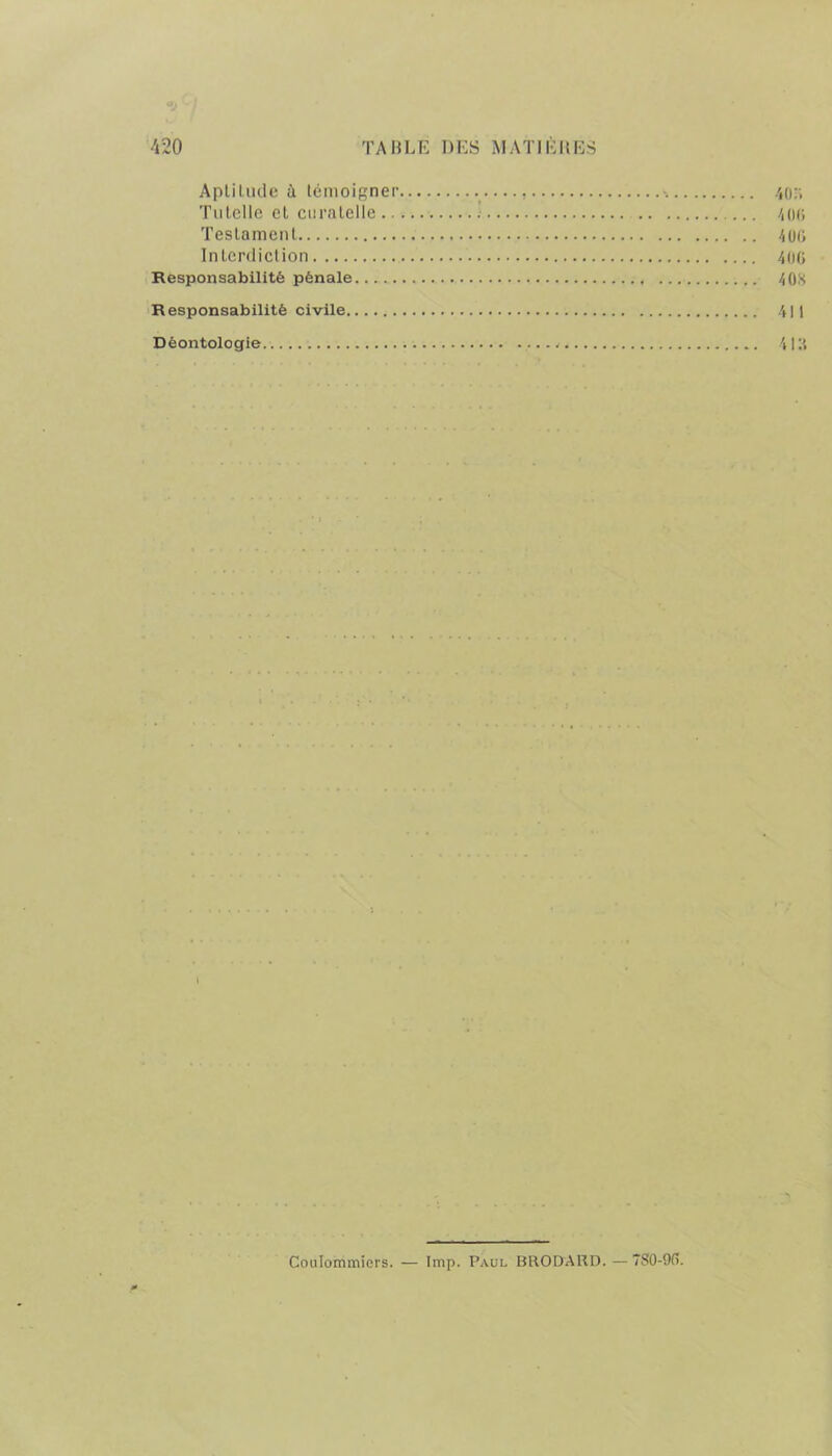 Apliliule à témoigner 40:; Tutelle et curatelle 400 Teslament 406 Interdiction 400 Responsabilité pénale 4 08 Responsabilité civile 411 Déontologie 418 I Coulommiers. — lmp. Paul BRODARD. — 7S0-90.