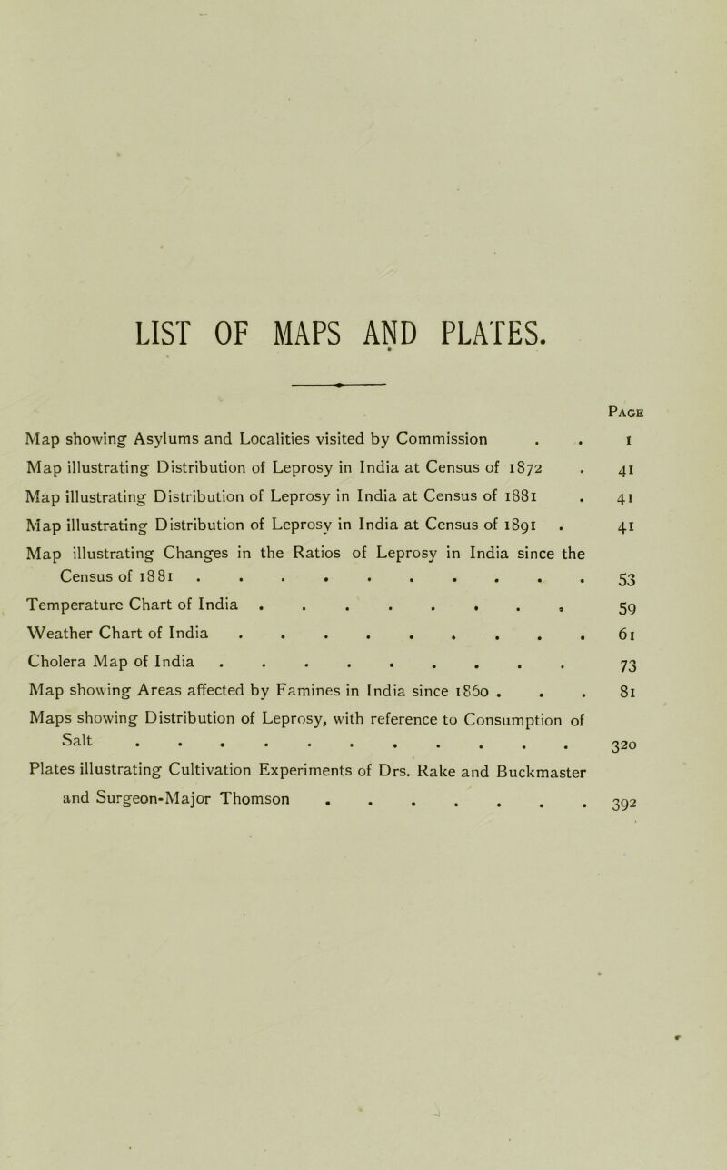 LIST OF MAPS AND PLATES. Map showing Asylums and Localities visited by Commission Map illustrating Distribution of Leprosy in India at Census of 1872 Map illustrating Distribution of Leprosy in India at Census of 1881 Map illustrating Distribution of Leprosy in India at Census of 1891 Map illustrating Changes in the Ratios of Leprosy in India since the Census of 1881 . . . Temperature Chart of India ........ Weather Chart of India ......... Cholera Map of India ......... Map showing Areas affected by Famines in India since 1860 . Maps showing Distribution of Leprosy, with reference to Consumption of Salt ........... Plates illustrating Cultivation Experiments of Drs. Rake and Buckmaster and Surgeon-Major Thomson ....... Page l 41 4i 4i 53 59 61 73 81 320 392 e